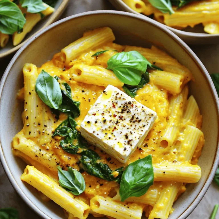 To make this creamy baked feta pumpkin pasta, you need a few key ingredients. Here is what you'll need: - 8 ounces pasta (penne or fusilli work well) - 1 cup pumpkin puree (canned or homemade) - 1 block (8 ounces) feta cheese - 2 tablespoons olive oil - 1 teaspoon garlic powder - 1 teaspoon dried thyme - ½ teaspoon red pepper flakes (adjust for spice preference) - Salt and pepper to taste - 1 cup spinach - ¼ cup grated Parmesan cheese (optional) - Fresh basil or parsley for garnish These ingredients come together to create a creamy and tasty dish that feels fancy but is quite simple. Choosing feta cheese can make a big difference in your dish. Look for feta that is creamy and soft, not too crumbly. Block feta works best because it melts nicely. You can find it in brine or vacuum-sealed. Feta in brine has a richer flavor. If you can, taste a few types to find your favorite. If you can't find pumpkin puree or want to switch it up, there are great alternatives. You can use butternut squash puree, which is sweet and creamy. Sweet potato puree is another option that adds a unique flavor. You could even try using a mix of these purees for a fun twist. First, set your oven to 400°F (200°C). This temperature helps the feta and pumpkin blend well. While it heats, gather your tools. You need a baking dish, a pot for pasta, and a fork for mixing. It’s best to have everything ready. This way, you can move quickly and keep things neat. Next, cook the pasta. Boil water in a pot and add salt for flavor. Once it boils, add 8 ounces of pasta. Cook it until it is al dente, which means it has a slight bite. This usually takes about 8-10 minutes. After cooking, drain the pasta and set it aside. You want it ready for mixing later. Now, it’s time to bake the feta and pumpkin. In your baking dish, place the block of feta in the middle. Pour 1 cup of pumpkin puree around it. Add 2 tablespoons of olive oil, 1 teaspoon of garlic powder, and 1 teaspoon of dried thyme. Sprinkle in ½ teaspoon of red pepper flakes, along with salt and pepper to taste. Mix these gently around the feta. This blend gives the dish great flavor. Put the dish in your preheated oven. Bake for about 25-30 minutes. You want the feta to be soft and golden on top. Once done, take it out and use a fork to mash the feta into the pumpkin puree. Mix until it becomes creamy. Finally, stir in your cooked pasta and 1 cup of fresh spinach. If you like, add ¼ cup of grated Parmesan cheese for extra creaminess. Your dish is nearly ready to serve! To make your pasta creamy, focus on the feta and pumpkin mix. After baking, mash the feta well into the pumpkin. This step is key. The more you mix, the creamier it gets. Add a splash of pasta water if needed. This will help bind everything together. Red pepper flakes add heat. Start with half a teaspoon if you're unsure. You can always add more. Taste the mix before serving. This way, you adjust the spice just right. If you love heat, feel free to add more. For a great look, serve pasta in wide bowls. Drizzle some olive oil on top. A sprinkle of red pepper flakes adds color. Finish with fresh herbs like basil or parsley. This makes your dish pop and look inviting. Enjoy making it look as good as it tastes! {{image_2}} You can easily add protein to this dish. Chicken breast or sausage works great. If you prefer beans, try chickpeas or white beans. Cook the protein separately. Add it to the pasta and sauce mix before serving. This makes the meal heartier and more filling. If you want a twist, use kale instead of spinach. Kale has a nice texture and adds a different flavor. Just chop it up and add it with the pasta. Cook it a bit longer if you want it softer. This keeps the dish healthy and tasty. Feel free to play with herbs and spices! Adding fresh herbs like basil or parsley makes it bright. You can also try rosemary or oregano for a warm taste. For a spicy kick, toss in more red pepper flakes or some black pepper. These small changes can really boost the flavor of your meal. After enjoying your creamy baked feta pumpkin pasta, store leftovers in an airtight container. Allow the pasta to cool first. This helps keep the flavors fresh. Place the container in the fridge. It will stay good for up to three days. If you want to enjoy it later, follow the freezing tips below. When you're ready to eat leftovers, reheat them gently. You can use the microwave or a pan on the stove. If using a microwave, heat in short bursts. Stir between each burst to warm evenly. On the stove, add a splash of water or olive oil. This will help bring back the creaminess. Heat on low to avoid drying it out. To freeze your creamy baked feta pumpkin pasta, use a freezer-safe container. Let it cool completely before sealing. Label the container with the date. You can freeze it for up to three months. When you're ready to eat, thaw it in the fridge overnight. Reheat as mentioned above to ensure it stays creamy and delicious. Yes, you can use fresh pumpkin. Just make sure to cook it first. Cut the pumpkin into pieces and roast or steam it until soft. Then, blend it until smooth. This will give your dish a fresh taste. You can use gluten-free pasta like rice or quinoa pasta. Zucchini noodles or spaghetti squash also work well. These options keep the dish tasty and light. Yes, you can prepare this dish ahead of time. Cook the pasta and bake the feta mix. Once cooled, store them in the fridge. When ready to serve, just heat and mix them together. To make this dish vegan, swap feta cheese for a plant-based feta. Use nutritional yeast for a cheesy flavor. Also, you can replace Parmesan with more nutritional yeast or vegan cheese. This blog post covered how to make creamy baked feta pumpkin pasta. We looked at key ingredients, including choosing the right feta and pumpkin puree alternatives. I shared step-by-step instructions to help you cook and bake effectively. Tips for creaminess and spice adjustments improved the dish’s flavor. We also explored tasty variations and easy storage methods. Enjoy experimenting with this recipe. Your kitchen will be filled with delightful flavors!