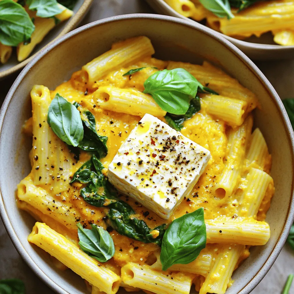 To make this creamy baked feta pumpkin pasta, you need a few key ingredients. Here is what you'll need: - 8 ounces pasta (penne or fusilli work well) - 1 cup pumpkin puree (canned or homemade) - 1 block (8 ounces) feta cheese - 2 tablespoons olive oil - 1 teaspoon garlic powder - 1 teaspoon dried thyme - ½ teaspoon red pepper flakes (adjust for spice preference) - Salt and pepper to taste - 1 cup spinach - ¼ cup grated Parmesan cheese (optional) - Fresh basil or parsley for garnish These ingredients come together to create a creamy and tasty dish that feels fancy but is quite simple. Choosing feta cheese can make a big difference in your dish. Look for feta that is creamy and soft, not too crumbly. Block feta works best because it melts nicely. You can find it in brine or vacuum-sealed. Feta in brine has a richer flavor. If you can, taste a few types to find your favorite. If you can't find pumpkin puree or want to switch it up, there are great alternatives. You can use butternut squash puree, which is sweet and creamy. Sweet potato puree is another option that adds a unique flavor. You could even try using a mix of these purees for a fun twist. First, set your oven to 400°F (200°C). This temperature helps the feta and pumpkin blend well. While it heats, gather your tools. You need a baking dish, a pot for pasta, and a fork for mixing. It’s best to have everything ready. This way, you can move quickly and keep things neat. Next, cook the pasta. Boil water in a pot and add salt for flavor. Once it boils, add 8 ounces of pasta. Cook it until it is al dente, which means it has a slight bite. This usually takes about 8-10 minutes. After cooking, drain the pasta and set it aside. You want it ready for mixing later. Now, it’s time to bake the feta and pumpkin. In your baking dish, place the block of feta in the middle. Pour 1 cup of pumpkin puree around it. Add 2 tablespoons of olive oil, 1 teaspoon of garlic powder, and 1 teaspoon of dried thyme. Sprinkle in ½ teaspoon of red pepper flakes, along with salt and pepper to taste. Mix these gently around the feta. This blend gives the dish great flavor. Put the dish in your preheated oven. Bake for about 25-30 minutes. You want the feta to be soft and golden on top. Once done, take it out and use a fork to mash the feta into the pumpkin puree. Mix until it becomes creamy. Finally, stir in your cooked pasta and 1 cup of fresh spinach. If you like, add ¼ cup of grated Parmesan cheese for extra creaminess. Your dish is nearly ready to serve! To make your pasta creamy, focus on the feta and pumpkin mix. After baking, mash the feta well into the pumpkin. This step is key. The more you mix, the creamier it gets. Add a splash of pasta water if needed. This will help bind everything together. Red pepper flakes add heat. Start with half a teaspoon if you're unsure. You can always add more. Taste the mix before serving. This way, you adjust the spice just right. If you love heat, feel free to add more. For a great look, serve pasta in wide bowls. Drizzle some olive oil on top. A sprinkle of red pepper flakes adds color. Finish with fresh herbs like basil or parsley. This makes your dish pop and look inviting. Enjoy making it look as good as it tastes! {{image_2}} You can easily add protein to this dish. Chicken breast or sausage works great. If you prefer beans, try chickpeas or white beans. Cook the protein separately. Add it to the pasta and sauce mix before serving. This makes the meal heartier and more filling. If you want a twist, use kale instead of spinach. Kale has a nice texture and adds a different flavor. Just chop it up and add it with the pasta. Cook it a bit longer if you want it softer. This keeps the dish healthy and tasty. Feel free to play with herbs and spices! Adding fresh herbs like basil or parsley makes it bright. You can also try rosemary or oregano for a warm taste. For a spicy kick, toss in more red pepper flakes or some black pepper. These small changes can really boost the flavor of your meal. After enjoying your creamy baked feta pumpkin pasta, store leftovers in an airtight container. Allow the pasta to cool first. This helps keep the flavors fresh. Place the container in the fridge. It will stay good for up to three days. If you want to enjoy it later, follow the freezing tips below. When you're ready to eat leftovers, reheat them gently. You can use the microwave or a pan on the stove. If using a microwave, heat in short bursts. Stir between each burst to warm evenly. On the stove, add a splash of water or olive oil. This will help bring back the creaminess. Heat on low to avoid drying it out. To freeze your creamy baked feta pumpkin pasta, use a freezer-safe container. Let it cool completely before sealing. Label the container with the date. You can freeze it for up to three months. When you're ready to eat, thaw it in the fridge overnight. Reheat as mentioned above to ensure it stays creamy and delicious. Yes, you can use fresh pumpkin. Just make sure to cook it first. Cut the pumpkin into pieces and roast or steam it until soft. Then, blend it until smooth. This will give your dish a fresh taste. You can use gluten-free pasta like rice or quinoa pasta. Zucchini noodles or spaghetti squash also work well. These options keep the dish tasty and light. Yes, you can prepare this dish ahead of time. Cook the pasta and bake the feta mix. Once cooled, store them in the fridge. When ready to serve, just heat and mix them together. To make this dish vegan, swap feta cheese for a plant-based feta. Use nutritional yeast for a cheesy flavor. Also, you can replace Parmesan with more nutritional yeast or vegan cheese. This blog post covered how to make creamy baked feta pumpkin pasta. We looked at key ingredients, including choosing the right feta and pumpkin puree alternatives. I shared step-by-step instructions to help you cook and bake effectively. Tips for creaminess and spice adjustments improved the dish’s flavor. We also explored tasty variations and easy storage methods. Enjoy experimenting with this recipe. Your kitchen will be filled with delightful flavors!
