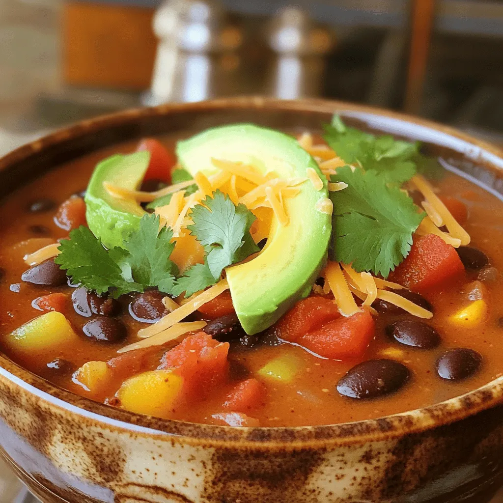 - 1 tablespoon olive oil - 1 medium onion, diced - 3 cloves garlic, minced - 1 bell pepper (red or green), diced - 1 jalapeño, seeded and minced - 1 can (15 oz) black beans, rinsed and drained - 1 can (15 oz) pinto beans, rinsed and drained - 1 can (15 oz) diced tomatoes with green chilies - 4 cups vegetable broth - 1 tablespoon chili powder - 1 teaspoon cumin - 1 teaspoon smoked paprika - Salt and pepper to taste - 1 cup corn (fresh, frozen, or canned) - 1 lime, juiced - Fresh cilantro, chopped (for garnish) - Avocado slices (for garnish) - Shredded cheese (optional for serving) These ingredients make my Cozy Enchilada Bean Soup rich and tasty. The olive oil starts the flavor, giving a nice base. Diced onion and minced garlic add depth. The bell pepper and jalapeño bring a sweet and spicy kick. For protein and texture, I use black and pinto beans. They offer a hearty feel. Diced tomatoes with green chilies add flavor and color. Vegetable broth keeps it light and healthy. Spices like chili powder, cumin, and smoked paprika create warmth. Corn brings sweetness and crunch. A squeeze of lime brightens the taste, balancing all the flavors. Finally, garnishes like cilantro, avocado, and cheese make each bowl inviting. These ingredients work together to create a cozy, satisfying meal. 1. First, grab a large pot. Heat the olive oil over medium heat. 2. Add the diced onion to the pot. Sauté for about 5 minutes until it turns soft and translucent. 3. Next, stir in the minced garlic, diced bell pepper, and jalapeño. Cook these for another 3 to 4 minutes. The peppers should soften nicely. 1. Now, it’s time to add the beans. Combine the black beans and pinto beans in the pot. 2. Pour in the can of diced tomatoes with green chilies. Make sure to include the juices for flavor. 3. Add the vegetable broth next. It helps to create a hearty base for the soup. 4. Sprinkle in the chili powder, cumin, smoked paprika, salt, and pepper. Stir everything together well. 1. Bring your soup to a gentle simmer. Let it cook for about 20 minutes. Stir occasionally to blend the flavors. 2. After 20 minutes, add the corn and squeeze in the lime juice. Stir well to combine. 3. Let it cook for an additional 5 minutes until everything is heated through. 4. Taste the soup and adjust the seasoning. Add more salt, pepper, or lime juice if you’d like. 5. Serve your soup hot. Garnish it with fresh cilantro, avocado slices, and shredded cheese if you want. To boost the flavor of your Cozy Enchilada Bean Soup, consider adding more spice. Start with extra chili powder or cumin. If you like heat, toss in some cayenne pepper. For a touch of sweetness, add a splash of maple syrup. You can also mix in some corn or diced zucchini for more texture. This not only adds crunch but also makes the soup heartier. Choosing the right pot is key for even cooking. A heavy-bottom pot works best. It spreads the heat well and helps prevent burning. When cooking, stir the soup often to keep it from sticking to the bottom. A wooden spoon is great for this. It helps you scrape up any bits that stick, adding more flavor to your soup. Pair your soup with warm tortillas or crusty bread. These sides soak up the delicious broth. For garnishing, fresh cilantro is a must. It adds color and a bright taste. Slices of avocado on top create a creamy texture. If you want to indulge, sprinkle shredded cheese over the soup right before serving. {{image_2}} You can easily add meat to this soup. Chicken or turkey works great. Just cook the meat first, then add it when you mix in the beans. This makes the soup heartier. For a vegan option, try lentils or chickpeas. Both add protein and still taste amazing! Tofu is another great choice. Just make sure to cube it and add it in with the beans. If you need a gluten-free soup, this recipe is already safe! All the ingredients are gluten-free. Just check your broth label to be sure. For low-sodium options, use low-sodium vegetable broth. You can also rinse the beans more to cut down on salt. Taste as you go to find the right balance for you. Add a twist by using spices from your area. For example, if you love Southwest flavors, add some chipotle powder. You can also use fresh herbs, like oregano or thyme, for a new taste. Consider adding green chilies or corn, which are often used in traditional enchilada recipes. These changes can give your soup a unique flair! To store leftovers, let the soup cool first. Place it in a container with a tight seal. Glass or plastic containers work well. Make sure to leave some space at the top for expansion. This helps keep the soup fresh. It’s best to eat refrigerated soup within 3 to 4 days. To freeze the soup, you need to cool it completely. Divide it into portions for easy thawing. Use freezer-safe bags or containers for storage. Remove as much air as possible to prevent freezer burn. When you want to eat it, move a portion to the fridge overnight. This helps it thaw slowly. You can also thaw it in the microwave if you are in a hurry. Reheat the soup on the stove over medium heat. Stir occasionally until it’s hot all the way through. In the fridge, Cozy Enchilada Bean Soup stays fresh for 3 to 4 days. If you freeze it, the soup lasts for about 3 months. Always check for signs of spoilage before eating. If you see mold or the soup smells off, throw it away. This helps keep you safe and healthy. I love using black and pinto beans for this soup. They both add great flavor and texture. Black beans are soft and creamy, while pinto beans have a slightly nutty taste. Together, they create a rich and hearty base. Plus, both types are packed with protein and fiber, making the soup filling and nutritious. Using these beans also gives the soup a lovely color contrast, making it visually appealing. Yes, you can easily make this soup in a slow cooker! Start by sautéing the onion, garlic, and peppers in a pan with olive oil. Then, add these to your slow cooker along with the other ingredients. Set it on low for 6-8 hours or high for 3-4 hours. This method allows the flavors to blend beautifully. Just remember to add corn and lime juice during the last 30 minutes of cooking for the best taste. If you want more heat, there are simple ways to spice it up! You can add extra jalapeños or use a hotter chili pepper. Try adding a pinch of cayenne pepper or a dash of hot sauce. Another great option is to stir in some diced chipotle peppers for a smoky flavor. Adjust these additions based on your heat preference, and enjoy the fiery kick! This Cozy Enchilada Bean Soup combines simple ingredients and easy steps for a tasty meal. Start by sautéing onion, garlic, and bell pepper. Then add beans and spices for flavor. You can adjust the recipe with proteins or regional spices for a twist. Store leftovers properly to enjoy later. Cooking should be fun and flexible. This soup is a perfect blend of taste, warmth, and nutrition. Enjoy experimenting with ingredients and make it your unique dish!