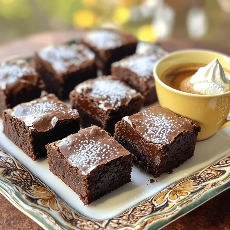 To make these tasty espresso brownie bites, you need some key ingredients: - 1 cup dark chocolate chips - 1/2 cup unsalted butter - 3/4 cup granulated sugar - 2 large eggs - 1 teaspoon vanilla extract - 1/3 cup all-purpose flour - 1/4 cup unsweetened cocoa powder - 1 tablespoon espresso powder - 1/4 teaspoon salt These ingredients work together to create rich, fudgy bites packed with espresso flavor. The dark chocolate and espresso powder enhance each other, giving a deep, satisfying taste. You can add some optional ingredients to make your brownie bites even better: - Powdered sugar for dusting Dusting with powdered sugar adds a nice touch. It makes them look fancy and adds a sweet finish. There are some great substitutions if you want to change the flavor: - Use semi-sweet or milk chocolate chips instead of dark chocolate. - Swap unsalted butter for coconut oil for a dairy-free option. - Use almond flour instead of all-purpose flour for a gluten-free twist. These changes can give your brownie bites a unique flavor, while still keeping them delicious and fun! First, set your oven to 350°F (175°C). This heat helps the brownie bites rise just right. Next, get a mini muffin pan. You can line it with paper liners or spray it with non-stick spray. This step keeps your bites from sticking. Now, take a microwave-safe bowl. Add 1 cup of dark chocolate chips and 1/2 cup of unsalted butter. Heat them in the microwave in 30-second bursts. Stir after each burst until you see a smooth mix. This melting creates a rich base for our bites. In a new bowl, mix 1/3 cup of all-purpose flour, 1/4 cup of cocoa powder, 1 tablespoon of espresso powder, and 1/4 teaspoon of salt. Whisk these together well. In your melted chocolate bowl, stir in 3/4 cup of granulated sugar. Then add 2 large eggs, one at a time, mixing well after each. Finally, add 1 teaspoon of vanilla extract. Next, gently combine the dry mix with the wet mix. Stir until just blended. Be careful not to overmix, as it can make the bites tough. Once mixed, spoon the batter into your muffin pan, filling each cup about 3/4 full. To get the best texture, mix the batter gently. Overmixing can make brownies tough. Use a spatula to fold in the dry ingredients. This keeps the bites soft and fudgy. Bake them just until the edges are set. The centers should stay a bit soft. This creates a melt-in-your-mouth experience. To boost the espresso flavor, use high-quality espresso powder. It makes a big difference. You can also add a bit of brewed espresso to the batter. This adds depth to the taste. If you want more coffee notes, add a pinch of instant coffee granules. Remember, the goal is to balance the chocolate and coffee flavors. For a lovely presentation, dust the cooled brownie bites with powdered sugar. It adds a nice touch. You can also drizzle melted chocolate on top for extra flair. Arrange them on a pretty platter. Pair them with a shot of espresso or a dollop of whipped cream. This makes your dessert feel special and inviting. {{image_2}} You can switch up the flavor of your espresso brownie bites by using different types of chocolate. Dark chocolate chips give a rich taste. Milk chocolate chips create a sweeter bite. You can even try white chocolate for a creamy treat. Mix and match to find your favorite. Each type will give the brownies a unique twist. Just remember to adjust the sugar if you choose a sweeter chocolate. Adding nuts can enhance your brownie bites. Chopped walnuts or pecans add a nice crunch. You may also consider adding chocolate chunks for extra gooeyness. For a flavor boost, try adding a splash of almond extract. You could also use orange zest for a citrusy kick. These additions can take your brownie bites to the next level. You can easily make these brownies gluten-free. Just swap out all-purpose flour for gluten-free flour. Many blends work well for baking. For a vegan version, replace the eggs with flax eggs. Mix one tablespoon of ground flaxseed with three tablespoons of water, then let it sit. Use a vegan butter or coconut oil instead of regular butter. These swaps keep your bites rich and tasty while fitting different diets. To keep your espresso brownie bites fresh, store them in an airtight container. This helps keep them moist and tasty. If you have leftover bites, let them cool completely before sealing. Place parchment paper between layers if stacking them. This prevents sticking and keeps them neat. Store at room temperature for up to three days. If you want to enjoy warm brownie bites, reheating is easy. Place a few bites on a microwave-safe plate. Heat them for about 10 to 15 seconds. Check to see if they're warm enough. Avoid overheating, as this can make them dry. You can also warm them in the oven. Set it to 300°F (150°C) and heat for about 5 minutes. This makes them soft and gooey again. Freezing is a great option for long-term storage. First, let the brownie bites cool completely. Then, wrap each one in plastic wrap. After that, place them in a freezer-safe bag or container. Be sure to label the bag with the date. They can last up to three months in the freezer. When ready to eat, thaw them in the fridge or at room temperature. Enjoy them as a quick treat anytime! Espresso Brownie Bites stay fresh for about five days when stored properly. Keep them in an airtight container at room temperature. If you want to keep them longer, you can refrigerate them for up to a week. Just let them warm to room temperature before enjoying. This keeps them tasty and soft. Yes, you can use regular coffee instead of espresso powder. Use about two teaspoons of brewed coffee for each tablespoon of espresso powder. However, keep in mind that the flavor will be less strong. Espresso has a bold taste that really shines in these bites. For the best taste, I recommend sticking with espresso powder if you can. Espresso Brownie Bites pair well with many treats. You can serve them with a shot of espresso or a cup of coffee. Whipped cream is also a great choice. You can even add a scoop of vanilla ice cream for a fun dessert. These pairings add a creamy, smooth touch to your rich brownie bites. We explored key ingredients for making delicious espresso brownie bites, from essential to optional ones. I shared step-by-step instructions to help you bake these treats perfectly. Tips and variations enhanced your options, allowing for customization. Lastly, I covered storage methods to keep your brownies fresh. With these insights, you can enjoy making espresso brownie bites that impress everyone. Whether for yourself or a gathering, these bites will satisfy chocolate lovers. Happy baking!
