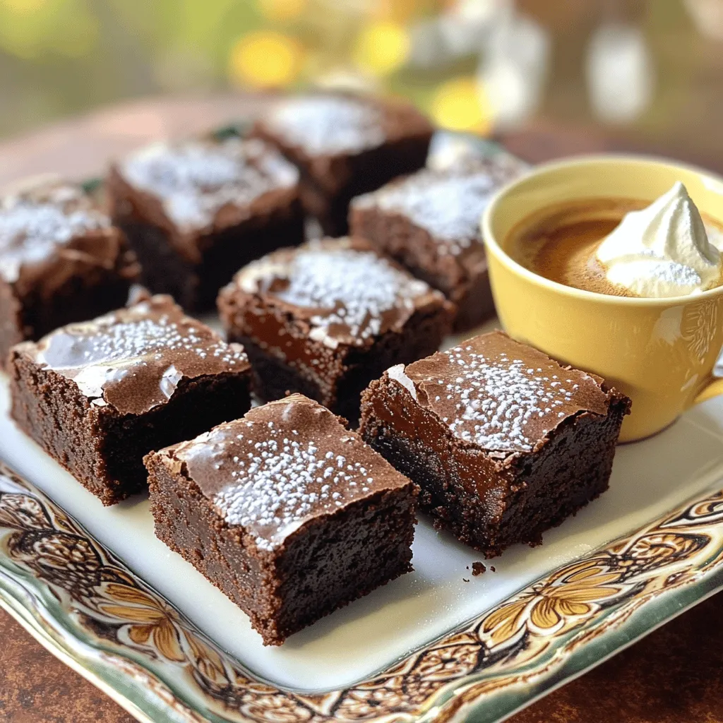 To make these tasty espresso brownie bites, you need some key ingredients: - 1 cup dark chocolate chips - 1/2 cup unsalted butter - 3/4 cup granulated sugar - 2 large eggs - 1 teaspoon vanilla extract - 1/3 cup all-purpose flour - 1/4 cup unsweetened cocoa powder - 1 tablespoon espresso powder - 1/4 teaspoon salt These ingredients work together to create rich, fudgy bites packed with espresso flavor. The dark chocolate and espresso powder enhance each other, giving a deep, satisfying taste. You can add some optional ingredients to make your brownie bites even better: - Powdered sugar for dusting Dusting with powdered sugar adds a nice touch. It makes them look fancy and adds a sweet finish. There are some great substitutions if you want to change the flavor: - Use semi-sweet or milk chocolate chips instead of dark chocolate. - Swap unsalted butter for coconut oil for a dairy-free option. - Use almond flour instead of all-purpose flour for a gluten-free twist. These changes can give your brownie bites a unique flavor, while still keeping them delicious and fun! First, set your oven to 350°F (175°C). This heat helps the brownie bites rise just right. Next, get a mini muffin pan. You can line it with paper liners or spray it with non-stick spray. This step keeps your bites from sticking. Now, take a microwave-safe bowl. Add 1 cup of dark chocolate chips and 1/2 cup of unsalted butter. Heat them in the microwave in 30-second bursts. Stir after each burst until you see a smooth mix. This melting creates a rich base for our bites. In a new bowl, mix 1/3 cup of all-purpose flour, 1/4 cup of cocoa powder, 1 tablespoon of espresso powder, and 1/4 teaspoon of salt. Whisk these together well. In your melted chocolate bowl, stir in 3/4 cup of granulated sugar. Then add 2 large eggs, one at a time, mixing well after each. Finally, add 1 teaspoon of vanilla extract. Next, gently combine the dry mix with the wet mix. Stir until just blended. Be careful not to overmix, as it can make the bites tough. Once mixed, spoon the batter into your muffin pan, filling each cup about 3/4 full. To get the best texture, mix the batter gently. Overmixing can make brownies tough. Use a spatula to fold in the dry ingredients. This keeps the bites soft and fudgy. Bake them just until the edges are set. The centers should stay a bit soft. This creates a melt-in-your-mouth experience. To boost the espresso flavor, use high-quality espresso powder. It makes a big difference. You can also add a bit of brewed espresso to the batter. This adds depth to the taste. If you want more coffee notes, add a pinch of instant coffee granules. Remember, the goal is to balance the chocolate and coffee flavors. For a lovely presentation, dust the cooled brownie bites with powdered sugar. It adds a nice touch. You can also drizzle melted chocolate on top for extra flair. Arrange them on a pretty platter. Pair them with a shot of espresso or a dollop of whipped cream. This makes your dessert feel special and inviting. {{image_2}} You can switch up the flavor of your espresso brownie bites by using different types of chocolate. Dark chocolate chips give a rich taste. Milk chocolate chips create a sweeter bite. You can even try white chocolate for a creamy treat. Mix and match to find your favorite. Each type will give the brownies a unique twist. Just remember to adjust the sugar if you choose a sweeter chocolate. Adding nuts can enhance your brownie bites. Chopped walnuts or pecans add a nice crunch. You may also consider adding chocolate chunks for extra gooeyness. For a flavor boost, try adding a splash of almond extract. You could also use orange zest for a citrusy kick. These additions can take your brownie bites to the next level. You can easily make these brownies gluten-free. Just swap out all-purpose flour for gluten-free flour. Many blends work well for baking. For a vegan version, replace the eggs with flax eggs. Mix one tablespoon of ground flaxseed with three tablespoons of water, then let it sit. Use a vegan butter or coconut oil instead of regular butter. These swaps keep your bites rich and tasty while fitting different diets. To keep your espresso brownie bites fresh, store them in an airtight container. This helps keep them moist and tasty. If you have leftover bites, let them cool completely before sealing. Place parchment paper between layers if stacking them. This prevents sticking and keeps them neat. Store at room temperature for up to three days. If you want to enjoy warm brownie bites, reheating is easy. Place a few bites on a microwave-safe plate. Heat them for about 10 to 15 seconds. Check to see if they're warm enough. Avoid overheating, as this can make them dry. You can also warm them in the oven. Set it to 300°F (150°C) and heat for about 5 minutes. This makes them soft and gooey again. Freezing is a great option for long-term storage. First, let the brownie bites cool completely. Then, wrap each one in plastic wrap. After that, place them in a freezer-safe bag or container. Be sure to label the bag with the date. They can last up to three months in the freezer. When ready to eat, thaw them in the fridge or at room temperature. Enjoy them as a quick treat anytime! Espresso Brownie Bites stay fresh for about five days when stored properly. Keep them in an airtight container at room temperature. If you want to keep them longer, you can refrigerate them for up to a week. Just let them warm to room temperature before enjoying. This keeps them tasty and soft. Yes, you can use regular coffee instead of espresso powder. Use about two teaspoons of brewed coffee for each tablespoon of espresso powder. However, keep in mind that the flavor will be less strong. Espresso has a bold taste that really shines in these bites. For the best taste, I recommend sticking with espresso powder if you can. Espresso Brownie Bites pair well with many treats. You can serve them with a shot of espresso or a cup of coffee. Whipped cream is also a great choice. You can even add a scoop of vanilla ice cream for a fun dessert. These pairings add a creamy, smooth touch to your rich brownie bites. We explored key ingredients for making delicious espresso brownie bites, from essential to optional ones. I shared step-by-step instructions to help you bake these treats perfectly. Tips and variations enhanced your options, allowing for customization. Lastly, I covered storage methods to keep your brownies fresh. With these insights, you can enjoy making espresso brownie bites that impress everyone. Whether for yourself or a gathering, these bites will satisfy chocolate lovers. Happy baking!