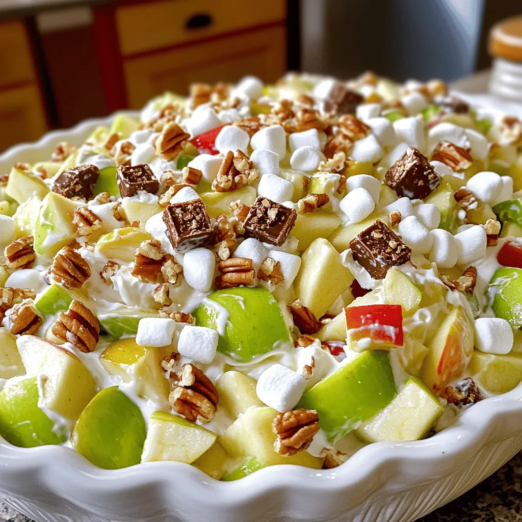 - 3 medium-sized apples (Granny Smith or Honeycrisp), diced - 1 cup Snickers bars, chopped (about 4-5 bars) - 1 cup mini marshmallows - 1 cup whipped topping (like Cool Whip) - 1/2 cup plain Greek yogurt - 1/4 cup chopped pecans or walnuts (optional) - 1 tablespoon lemon juice - A pinch of cinnamon (optional) To make Snickers Apple Salad, you need fresh and tasty ingredients. Start with three medium-sized apples. I like using Granny Smith for a tart kick or Honeycrisp for sweetness. The apples should be diced into small pieces. Next, cut up one cup of Snickers bars. This adds a rich, chocolatey flavor to the salad. You'll also need one cup of mini marshmallows for a fluffy texture. For creaminess, use one cup of whipped topping, like Cool Whip. Mix this with half a cup of plain Greek yogurt. This adds a nice tang. If you want a little crunch, consider adding a quarter cup of chopped pecans or walnuts. They give a nice contrast to the soft apples and marshmallows. Don't forget one tablespoon of lemon juice. This helps keep the apples fresh and bright. You can also add a pinch of cinnamon if you like a hint of spice. Gather these ingredients, and you are ready to create a sweet and crunchy salad that everyone will love! 1. Combine diced apples and lemon juice: In a large bowl, add your diced apples. Drizzle 1 tablespoon of lemon juice over them. This helps keep the apples fresh and bright. 2. Incorporate Snickers bars and mini marshmallows: Chop about 4-5 Snickers bars into small pieces. Add these and 1 cup of mini marshmallows to the apples. Mix gently to combine. 3. Whipping topping and Greek yogurt preparation: In another bowl, whisk together 1 cup of whipped topping and 1/2 cup of plain Greek yogurt. If you want extra flavor, add a pinch of cinnamon. 4. Folding the mixtures together: Carefully fold the whipped topping mixture into the apple and Snickers mixture. Make sure everything is well coated for the best flavor. 5. Refrigeration for flavor enhancement: Cover the bowl with plastic wrap. Place it in the fridge for at least 1 hour. This lets all the flavors blend nicely. 6. Serving suggestions and tips: Serve your salad chilled. You can add a sprinkle of chopped pecans or walnuts for an extra crunch. Enjoy the sweet and crunchy treat! Choosing the best apples can make your Snickers Apple Salad shine. I love using Granny Smith or Honeycrisp apples. They bring a crisp bite and a nice balance of sweet and tart. Look for firm apples that feel heavy for their size. If you want a creamier salad, mix in more whipped topping or Greek yogurt. You can also use a flavored yogurt for extra taste. Try vanilla or caramel for a fun twist. Adding nuts brings a nice crunch. I recommend pecans or walnuts, but you can also use almonds or hazelnuts. Just chop them coarsely before mixing in. You can toast them for more flavor. Adjusting sweetness is key to suit your taste. If you like it sweeter, add more Snickers or mini marshmallows. You can even drizzle honey over the salad for a natural sweetness boost. Feel free to play with these tips to make this recipe your own! {{image_2}} You can make Snickers Apple Salad your own in many fun ways. Here are some ideas to try: - Additional fruits to consider: You can add bananas, grapes, or pears. These fruits bring a different taste and texture. Mixing them adds more color and flavor. - Alternative candy bars: If you want a twist, try using Milky Way or Twix bars. Each candy has its own sweetness. Experiment to find your favorite mix! - Dietary swaps for health-conscious versions: Use sugar-free candy bars to cut down on sugar. You can also swap the whipped topping with a light yogurt. These changes keep the taste but lower calories. - Seasonal variations for special occasions: For fall, add some diced pears and a bit of nutmeg. In summer, consider using strawberries or blueberries. These seasonal fruits can make the salad feel fresh and festive. These ideas let you customize your Snickers Apple Salad. Have fun with it and enjoy! To keep your Snickers Apple Salad fresh, store it in the fridge. It stays good for about 3 to 5 days. Make sure to cover it tightly with plastic wrap or a lid. This helps keep it from drying out. Freezing is not a good idea for this salad. The apples and whipped topping do not freeze well. They can become mushy and lose their taste once thawed. It’s best to enjoy this salad fresh. Watch for signs of spoilage. If you see browning apples or a strange smell, it’s time to toss it. Mold is another clear sign that the salad is no longer safe to eat. To store leftovers properly, use an airtight container. This will help maintain its crispness and flavor. Always place it in the fridge right after serving to keep it fresh for later. You can keep Snickers Apple Salad in the fridge for about three days. After that, the apples may get mushy. Always check for freshness before eating. Yes, you can make it a day ahead. It tastes great after sitting in the fridge for a while. Just cover it well to keep it fresh. Most ingredients are naturally gluten-free. However, check the Snickers bar label to be sure. Some brands may add gluten, but many do not. Yes! You can use coconut whipped cream or almond-based topping. This makes it dairy-free and still delicious. Feel free to add bananas, grapes, or pears. These fruits add nice flavors and textures. Just remember to toss them with lemon juice to keep them fresh. This Snickers Apple Salad combines fresh apples and sweet candy for a fun treat. We explored ingredients, shared easy steps, and offered tips for the best results. You can customize it with different fruits or candies, making it perfect for any occasion. Remember to store it properly for freshness. Enjoy making your salad and impress friends with your tasty creation! Keep experimenting; there’s always a new way to enjoy this snack.