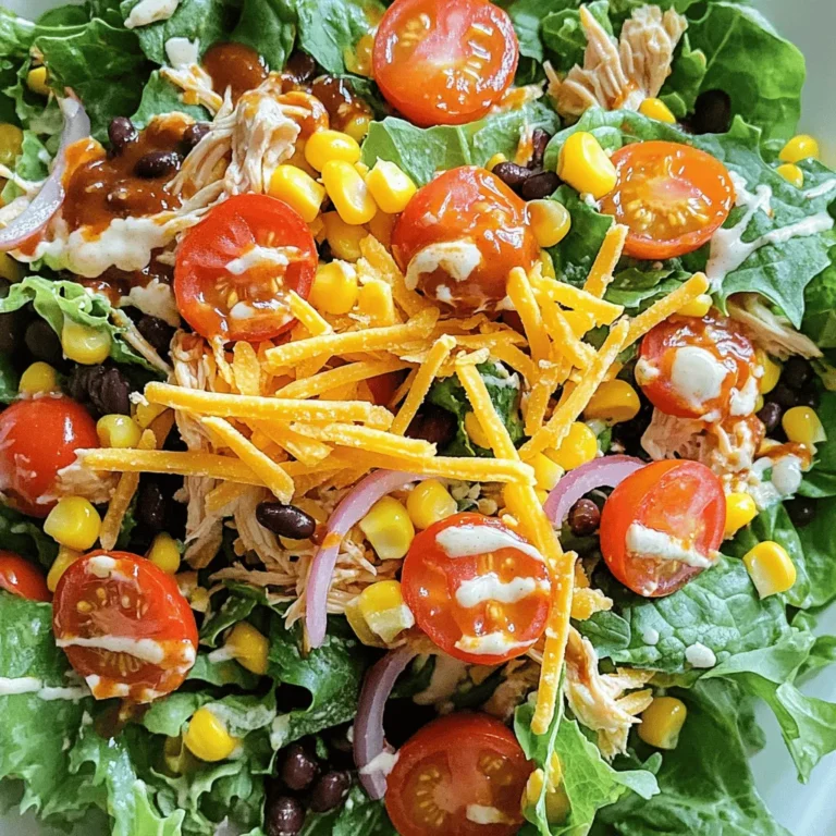 - 2 cups cooked chicken breast, shredded - 4 cups mixed greens (spinach, arugula, romaine) - 1 cup cherry tomatoes, halved - 1/2 cup red onion, thinly sliced - 1 cup corn (canned or grilled) - 1/2 cup black beans, rinsed and drained - 1/2 cup shredded cheese (cheddar or pepper jack) - 1/4 cup ranch dressing - 1/4 cup BBQ sauce - Salt and pepper to taste - Optional: Tortilla strips for garnish The BBQ Ranch Chicken Salad is packed with flavor and nutrition. Each ingredient plays a crucial role in creating a balanced dish. - Cooked chicken breast provides protein. It keeps you full and satisfied. - Mixed greens add freshness and crunch. Spinach, arugula, and romaine work well together. - Cherry tomatoes bring sweetness and color. They enhance the salad's visual appeal. - Red onion adds a mild bite. Its sharpness balances the creamy dressing. - Corn gives a sweet, juicy element. You can use canned or grilled corn. - Black beans offer fiber and protein. They make the salad hearty. - Shredded cheese gives a creamy texture. Cheddar or pepper jack both add flavor. - Ranch dressing adds creaminess. It pairs well with BBQ sauce. - BBQ sauce gives a smoky and tangy taste. It elevates the chicken. - Salt and pepper enhance all the flavors. Use to your liking. - Tortilla strips are optional. They add a nice crunch on top. Gathering these ingredients is the first step to making a delicious BBQ Ranch Chicken Salad. Each item contributes to the overall taste and makes this dish a hit. Enjoy the process of preparing this fresh meal! - Step 1: Mix chicken with BBQ sauce Start by taking 2 cups of cooked chicken breast. Shred it into small pieces. In a large mixing bowl, add the shredded chicken and pour in 1/4 cup of BBQ sauce. Season with a pinch of salt and pepper. Mix well until the chicken is fully coated in BBQ sauce. - Step 2: Combine ranch dressing and BBQ sauce In a separate bowl, take 1/4 cup of ranch dressing. Add a tablespoon of BBQ sauce to it. Whisk these together. This adds a nice depth of flavor to the dressing. - Step 3: Layer mixed greens and add toppings Grab a large salad bowl and lay down 4 cups of mixed greens. I like to use a mix of spinach, arugula, and romaine. Next, add the toppings. Start with 1 cup of halved cherry tomatoes, then add 1/2 cup of thinly sliced red onion, 1 cup of corn, and 1/2 cup of rinsed black beans. Finally, sprinkle 1/2 cup of shredded cheese on top. - Step 4: Add BBQ chicken and drizzle dressing Spoon the BBQ chicken mixture evenly over the salad. Then take your ranch dressing mix and drizzle it over everything. Toss the salad gently. Be careful not to break the greens. Enjoy this fresh and flavorful BBQ Ranch Chicken Salad! For a beautiful salad, use a big bowl. Start with mixed greens and layer each topping. Place cherry tomatoes, black beans, and corn evenly. For an eye-catching look, sprinkle cheese on top. Add crispy tortilla strips for extra crunch. When it comes to storing leftovers, keep them in an airtight container. Refrigerate any salad that has dressing. This keeps the greens fresh. If you have leftover chicken, store it separately. This way, you can enjoy it later without soggy greens. Want to switch things up? Try different proteins like turkey or tofu. You can also use grilled shrimp or tempeh for a fun twist. For greens, kale or collard greens work great too. Dressings can change the whole dish. If you’re not a ranch fan, try a honey mustard or a zesty vinaigrette. These options can add new flavors and make the salad your own. {{image_2}} You can change the BBQ Ranch Chicken Salad in fun ways. Here are two great ideas: - Spicy BBQ Ranch Chicken Salad: Add sliced jalapeños or a dash of chili powder to the chicken mix. This will give the salad a nice kick. You can also choose spicy ranch dressing for extra heat. The flavors combine well with the sweet BBQ sauce. - Southwest-inspired BBQ Ranch Chicken Salad: Use black bean corn salsa instead of plain corn and black beans. This adds zest and flavor. You can also sprinkle in some cumin and lime juice for a bright touch. Avocado slices are a perfect addition to this version. You can easily adjust this salad to fit different diets: - Gluten-free options: Check your BBQ sauce and ranch dressing. Make sure they are gluten-free. Use tortilla strips made from corn for crunch. This way, everyone can enjoy the salad. - Vegan variations using plant-based proteins: Swap the chicken for grilled tofu or chickpeas. Use vegan ranch dressing and BBQ sauce. This keeps the salad tasty while meeting vegan needs. Adding extra veggies like bell peppers or cucumbers can boost flavor and color. To store leftovers, use an airtight container. This helps keep the salad fresh. You should place the BBQ chicken and salad in separate containers. This way, the greens stay crisp. Keep the salad in the fridge for up to three days. Always check for freshness before eating. To keep ingredients fresh: - Store the mixed greens dry. - Wrap the red onion in a paper towel. This absorbs moisture. - Keep the dressing in a sealed jar. Reheat the chicken in a microwave. Use a microwave-safe dish. Heat for 30 seconds at a time. Check to see if it’s hot enough. Avoid overheating, as this can dry out the chicken. To keep the salad crisp when reheating: - Reheat chicken separately from the salad. - Serve the chicken on top of fresh greens. - Add dressing only before serving. This keeps the salad fresh and vibrant. How to make BBQ ranch dressing from scratch? To make BBQ ranch dressing, you need simple ingredients. Mix equal parts of ranch dressing and BBQ sauce. Whisk them together until smooth. You can adjust the ratio based on your taste. For extra flavor, add garlic powder, onion powder, or a squeeze of lime juice. This mix complements the salad perfectly. Can I use rotisserie chicken for this recipe? Yes, rotisserie chicken works great! It saves time and adds flavor. Just shred the chicken and mix it with BBQ sauce. It makes the salad even easier to prepare. Plus, it keeps the dish juicy and tasty. What are the best sides to serve with BBQ Ranch Chicken Salad? Great sides include corn on the cob, coleslaw, or baked beans. These sides add color and texture. You can also serve tortilla chips or fresh fruit for a refreshing touch. These pair well with the salad’s flavors and make a complete meal. The BBQ Ranch Chicken Salad is a fresh and tasty dish. We covered the key ingredients, like shredded chicken and mixed greens. I shared steps for prep and tips for serving. You can swap ingredients or create fun variations, too. Don't forget about storing leftovers and reheating tips. This salad is easy to make and customize. Enjoy experimenting with flavors that suit your taste!