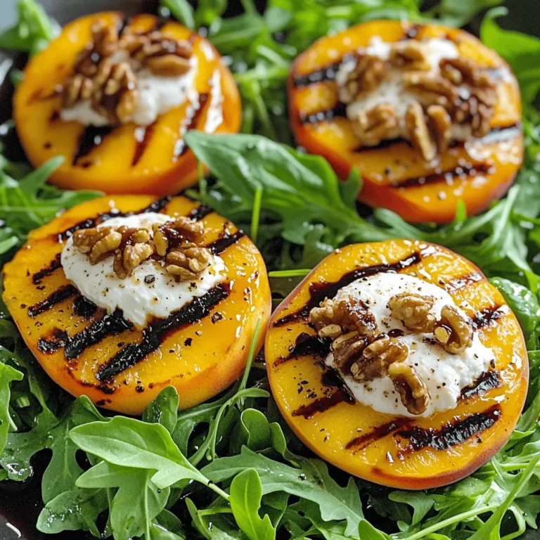 Here is what you need for the Grilled Peach Burrata Salad: - 2 ripe peaches, halved and pitted - 1 tablespoon olive oil - Salt and pepper to taste - 4 cups arugula or mixed greens - 1 ball of burrata cheese - 1/4 cup balsamic glaze - 1/4 cup toasted walnuts or pecans - Fresh basil leaves for garnish Each ingredient plays a key role in this dish. Ripe peaches add sweetness and a lovely texture. Olive oil helps to grill them just right. Salt and pepper bring out the flavors in the peaches and greens. Arugula or mixed greens offer a fresh base that balances the sweetness of the peaches. Burrata cheese is creamy and rich, making it a star. The balsamic glaze gives a tangy kick that ties everything together. Toasted walnuts or pecans add a nice crunch. Lastly, fresh basil leaves not only look great but add aromatic flavor. Together, these ingredients create a fresh and flavorful dish that you will love. Start by preheating your grill. Set it to medium heat. This step is crucial. A well-heated grill helps the peaches cook evenly. It also gives them nice grill marks. Wait until you feel the heat when you hold your hand above the grill. Next, brush the cut sides of the peach halves with olive oil. This helps prevent sticking. Season with a pinch of salt and pepper for flavor. Place the peaches cut side down on the grill. Grill them for about 4 to 5 minutes. You want to see nice grill marks and the peaches should feel slightly soft. Once done, remove them from the grill and let them cool a bit. This makes handling easier when assembling the salad. In a large bowl, add the arugula or mixed greens. This is the base of your salad. Arrange the grilled peaches on top of the greens. Next, take the burrata cheese and carefully tear it into pieces. Scatter the burrata over the salad. Drizzle the balsamic glaze all over your salad for a sweet touch. Finally, sprinkle toasted walnuts or pecans on top for crunch. Don’t forget to add fresh basil leaves for a burst of flavor. Serve this beautiful salad right away! Pick ripe peaches for the best taste. Ripe peaches feel soft but not mushy. Smell them; they should have a sweet scent. Unripe peaches are harder and lack flavor. If you can, buy them a few days before you need them. Let them sit at room temperature to ripen. Grilling requires the right heat. Set your grill to medium heat. This temperature gives the peaches nice grill marks. If the heat is too low, they won’t grill well. If it’s too high, they may burn. Grill peaches cut side down for about 4-5 minutes. Look for deep grill marks and slight softness. You can switch up the cheese or nuts in this salad. Try goat cheese or feta for a twist. Both add tangy flavors. For nuts, walnuts or pecans work well. You can also try almonds for a crunch. Each change can make your salad unique and tasty. {{image_2}} Want to make this salad heartier? Add grilled chicken or shrimp. Grilled chicken gives a nice flavor and works well with the sweet peaches. Simply season the chicken with salt and pepper. Grill it until cooked through, then slice it. For shrimp, toss them in olive oil and seasonings. Grill until they turn pink, which takes just a few minutes. Both options add protein and boost the salad's taste. You can switch fruits and greens based on the season. If peaches are out of season, try nectarines or plums. They offer similar sweetness. For greens, spinach or kale can replace arugula. Both add a new texture and taste. Feel free to experiment to find your favorite mix! Adding herbs or citrus can really brighten this salad. Fresh mint or dill can add a nice twist. Chop them finely and sprinkle them over the top. You can also squeeze some lemon or lime juice on the salad for extra zest. This small change can make the dish even more refreshing. Use what you love and enjoy the flavor boost! To store grilled peaches and salad, place each item in separate containers. Use airtight containers to keep the salad fresh. If you have leftover grilled peaches, let them cool first. Then, cover them lightly with plastic wrap before placing them in the fridge. This keeps them moist and tasty. Grilled peaches can last about three days in the fridge. The salad, however, is best eaten within two days. After that, the greens may wilt and lose flavor. Keep an eye on your leftovers for freshness. You can reheat grilled peaches in a pan on low heat. This warms them quickly without drying them out. Avoid microwaving the salad, as this can make the greens soggy. Instead, enjoy it cold or at room temperature for the best taste. Yes, you can use canned peaches. However, fresh peaches taste better. Canned peaches are softer and may lack the same flavor. If using canned, choose peaches in juice, not syrup. Drain them well before grilling. This keeps the salad light and fresh. You can use many greens with burrata. Spinach, mixed greens, or baby kale fit nicely. Each green adds its own flavor. Spinach gives a mild taste, while kale adds a bit of crunch. Feel free to mix greens for a fun texture. To ripen peaches, place them in a paper bag. Add an apple or banana for faster ripening. The gases from these fruits help peaches ripen faster. Keep the bag at room temperature. Check the peaches daily until they feel soft. You can prep parts of the salad ahead. Grill the peaches and store them in the fridge. Prepare the greens and nuts too. Just wait to add the burrata and balsamic glaze until serving. This keeps everything fresh and tasty. This blog post covered how to make a tasty grilled peach salad. You learned about the key ingredients, like ripe peaches, burrata cheese, and toasted nuts. We outlined the steps for grilling your peaches and assembling the salad. I also shared tips for choosing the best peaches and making delicious variations. Whether you follow the recipe or get creative, enjoy each bite. This fresh salad brings summer flavors to your table and is simple to make. Remember to store any leftovers properly to enjoy later. Happy cooking!