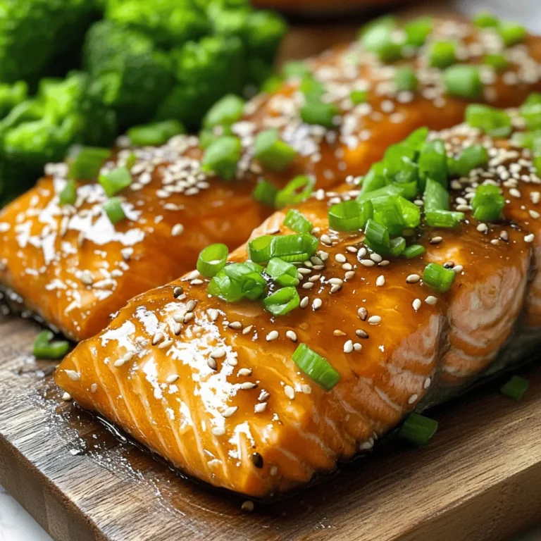 To make maple glazed salmon, you need key ingredients. Here’s what you’ll need: - 4 salmon fillets (skin-on or skinless) - 1/4 cup pure maple syrup - 2 tablespoons soy sauce (or tamari for gluten-free) - 2 cloves garlic, minced - 1 tablespoon Dijon mustard - 1 teaspoon ground ginger - Salt and pepper to taste - 2 tablespoons olive oil These items come together to create a sweet and savory glaze that enhances the salmon's natural flavor. Each ingredient plays a role, so using the right ones is vital. You can add more to your dish with garnishes and sides. I like to use: - Chopped green onions - Sesame seeds These toppings add color and crunch. For sides, consider serving steamed broccoli or quinoa. They pair well and create a balanced meal. When picking salmon, freshness is key. Look for these signs: - Bright, clear eyes - Shiny skin with no discoloration - A fresh ocean smell, not fishy Buying from a trusted source helps ensure quality. Fresh salmon makes all the difference in your dish. To start, gather all the marinade ingredients. You need pure maple syrup, soy sauce, minced garlic, Dijon mustard, ground ginger, salt, and pepper. In a small bowl, whisk together these ingredients until they blend well. This mix serves as both your marinade and glaze. The maple syrup adds sweetness, while soy sauce gives it a savory kick. Garlic and ginger bring in a nice depth of flavor. Now, take your salmon fillets. Place them in a shallow dish. Pour half of the marinade over the salmon. Use a spoon to spread it evenly. This step is key. It helps the salmon soak in all those lovely flavors. Let the fillets marinate for 15 to 30 minutes at room temperature. This short wait makes a big difference in taste. Next, preheat your oven to 400°F (200°C). While that heats up, grab a large oven-safe skillet. Add olive oil and heat it on medium-high. Once hot, carefully place the marinated salmon fillets in the skillet, skin-side down. Sear them for 2 to 3 minutes. You want the skin to get crispy. After that, flip the fillets over gently. Brush them with the remaining marinade. Now, transfer the skillet to the oven and bake for 8 to 10 minutes. The salmon is done when it flakes easily with a fork. After cooking, let the salmon rest for 2 to 3 minutes. This helps keep it juicy. To get the best glaze, use pure maple syrup. It gives a rich taste. Mix it with soy sauce, minced garlic, Dijon mustard, and ground ginger. This blend adds depth and layers of flavor. Make sure to coat the salmon well. Let it marinate for at least 15 minutes. This step helps the flavors soak in. When cooking, brush the salmon with extra glaze. This helps create that lovely shine. One common mistake is not marinating long enough. If you rush, the salmon won’t absorb the flavors. Another mistake is cooking at too high a heat. This can burn the glaze. You want a nice sear, not charred bits. Also, avoid flipping the salmon too soon. Wait until the skin is crispy. Lastly, don’t skip resting the salmon after cooking. This helps keep it moist. Maple glazed salmon pairs well with many sides. Try steamed broccoli for a pop of color and nutrition. Quinoa is another great choice. It adds a nice texture and is filling. For a fresh touch, serve with a simple salad. You can top the salmon with chopped green onions and sesame seeds. This adds flavor and makes the dish look nice. Enjoy your meal! {{image_2}} If you want a gluten-free dish, use tamari instead of soy sauce. Tamari gives the same rich flavor without gluten. Check labels on your maple syrup and other sauces to ensure they are gluten-free. This small swap keeps the meal safe and tasty for everyone. For those who love heat, add red pepper flakes or sriracha to the glaze. Start with a pinch of red pepper flakes and adjust to your taste. This adds a nice kick to the sweet maple flavor. Mix it into the marinade before you marinate the salmon. This spicy twist will surprise and delight your taste buds! You can use other proteins like chicken or tofu. Just adjust the cooking time if you switch to chicken. Tofu works great for a plant-based meal. For vegetables, try Brussels sprouts or asparagus. Toss them in the marinade and roast alongside the salmon. This keeps your meal fresh and exciting with new flavors! I love saving leftovers. To store your salmon, let it cool to room temp. Then, wrap it in plastic wrap or place it in an airtight container. This keeps it fresh. You can store it in the fridge for up to three days. For best taste, eat it within one or two days. Reheating is easy. You can use the oven or microwave. For the oven, preheat it to 350°F (175°C). Place the salmon on a baking sheet and cover it with foil. Heat for about 10 minutes. If using the microwave, place the salmon on a microwave-safe plate. Heat it in short bursts, around 30 seconds at a time, until warm. Be careful not to overcook it. Freezing is a great option if you want to keep your salmon longer. To freeze, wrap each fillet tightly in plastic wrap and then in foil. This helps avoid freezer burn. Store the wrapped salmon in a freezer bag. You can freeze it for up to three months. To thaw, put the salmon in the fridge overnight. Cook it as you normally would after thawing. Yes, you can use other fish for this recipe. Some good options are trout, tilapia, or cod. These fish can soak up the glaze well. Each fish has a unique taste, but they will still be delicious. You should marinate the salmon for 15 to 30 minutes. This time allows the flavors to soak in. If you leave it too long, the fish may become too salty. Keep an eye on it for best results. You can serve maple glazed salmon with many sides. Steamed broccoli is a great choice. Quinoa adds a nice touch, too. You may also want to try rice or a fresh salad. They all pair well with the sweet glaze. Maple glazed salmon is easy and tasty, as this guide shows. We covered the key ingredients, marinating tips, and cooking methods to create the perfect glaze. Don't forget the many options for variations, like gluten-free or spicy recipes. Store leftovers right and reheat them well for future meals. Remember, you can swap fish types, adjust marinating times, and choose great side dishes. Enjoy cooking and sharing delicious meals with those you love.