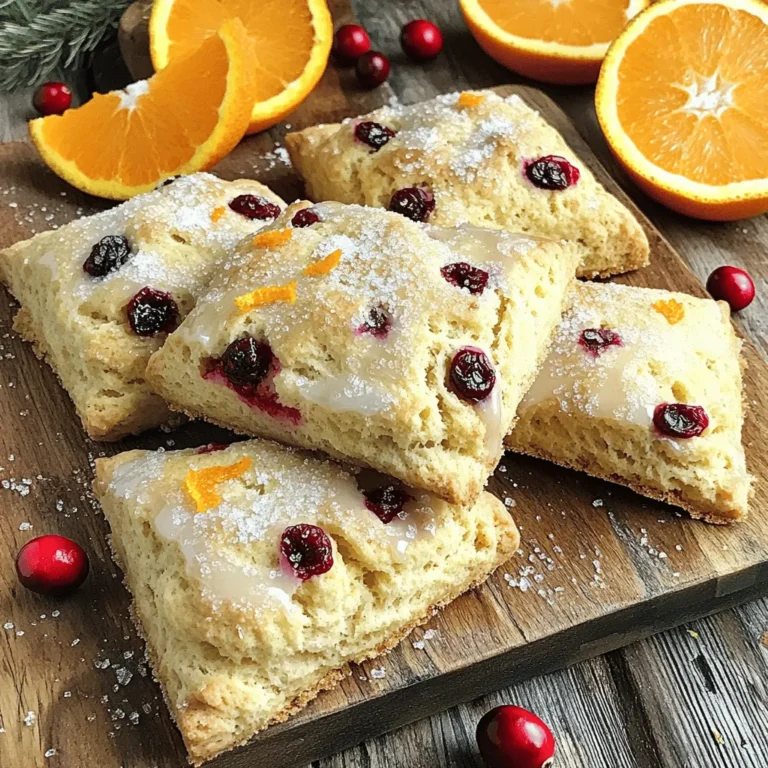- 2 cups all-purpose flour - 3/4 cup granulated sugar - 1 tablespoon baking powder - 1/2 teaspoon salt - 1/2 cup unsalted butter, cold and cubed For the main ingredients, I always choose high-quality all-purpose flour. It gives the scones a nice texture. Granulated sugar adds sweetness, making each bite delightful. Baking powder helps the scones rise. Salt brings out the flavors. Finally, the cold, cubed unsalted butter creates rich, flaky layers that we all love in scones. - 1/2 cup dried cranberries - Zest of 1 large orange - 1/2 cup heavy cream - 1 teaspoon vanilla extract Now, let's talk about flavor enhancers. Dried cranberries add a tartness that contrasts well with the sweet dough. The zest of a large orange gives a fresh, citrusy aroma. Heavy cream keeps the scones moist and tender. Vanilla extract rounds out the flavor for a warm, comforting taste. - 1 egg wash (1 egg beaten with 1 tablespoon of water) - Coarse sugar for sprinkling For optional ingredients, the egg wash gives a lovely golden top. It also helps the coarse sugar stick. Sprinkling sugar on top adds a bit of crunch and sweetness. These small touches can elevate your scones to bakery style! 1. Preheat your oven to 400°F (200°C). Line a baking sheet with parchment paper. 2. In a large bowl, whisk together 2 cups of all-purpose flour, 3/4 cup of granulated sugar, 1 tablespoon of baking powder, and 1/2 teaspoon of salt. 3. Cut in 1/2 cup of cold, cubed unsalted butter. Use your fingertips or a pastry cutter until the mix looks like coarse crumbs. 1. In another bowl, whisk together 1/2 cup of heavy cream, 1 large egg, and 1 teaspoon of vanilla extract. Mix until it’s all blended. 2. Pour the wet mix into the dry ingredients. Use a spatula to combine gently. Make sure not to over-mix. The dough should be a bit crumbly. 1. Turn the dough onto a lightly floured surface. Knead it gently a few times to bring it together. Pat the dough into a circle about 1-inch thick. 2. Cut the dough into 8 wedges, like a pizza. Place them on the baking sheet with some space between each. 3. Brush the tops with an egg wash made from 1 beaten egg and 1 tablespoon of water. Sprinkle with coarse sugar if you like. 4. Bake for 15-20 minutes or until the tops are golden brown. 5. Let the scones cool on a wire rack for a few minutes before serving. - Importance of cold butter: Cold butter makes your scones flaky. The butter needs to stay firm while baking. This creates pockets of air, giving the scones that light texture you love. - Avoiding over-mixing: Mix just until combined. Over-mixing can lead to tough scones. You want a gentle touch to keep them soft and crumbly. - Kneading techniques for texture: Knead the dough lightly. Just a few folds will help shape it. Too much kneading makes them dense. Aim for a tender crumb. - Serving suggestions for visual appeal: Serve your scones warm on a rustic wooden board. Add fresh orange slices for a pop of color. This makes your dish look inviting. - Glazing options with powdered sugar: For a sweet touch, drizzle a glaze. Mix powdered sugar with a bit of orange juice. This adds shine and flavor, making your scones even more delightful. - Ensuring optimal texture and flavor: Store scones in an airtight container. This keeps them fresh for a few days. If you want them to last longer, freeze them. Just make sure to wrap them well. {{image_2}} You can easily change the flavor of these scones. Adding nuts like walnuts or pecans gives a nice crunch. Seeds, like sunflower or pumpkin seeds, also add texture. If you want to switch up the dried fruit, try raisins or chopped apricots. Each option brings a new taste and keeps things fun. For gluten-free scones, you can use a gluten-free flour blend. Make sure it has xanthan gum for the best results. If you want vegan scones, replace the butter with coconut oil or vegan butter. Use a plant-based milk instead of heavy cream. These changes will still give you great scones. You can get creative with seasonal ingredients. In spring, think about adding fresh strawberries or rhubarb. In fall, spices like cinnamon or nutmeg can add warmth. In summer, blueberries or peaches can provide sweetness. These twists can make your scones fit any season or holiday. To keep your scones fresh, store them at room temperature. Place them in an airtight container. This will help maintain their soft texture. If you want them to last longer, you can refrigerate them. Wrap each scone in plastic wrap before placing them in the fridge. This keeps them from drying out. You can freeze scones both before and after baking. If you freeze them unbaked, shape the dough into wedges first. Place the wedges on a baking sheet and freeze them until firm. Then, transfer them to a zip-top bag. For baked scones, let them cool completely first. Wrap each scone tightly in plastic wrap and place them in a bag. To thaw, take the scones out of the freezer and let them sit at room temperature. You can also warm them up in an oven at 350°F for about 10 minutes. Stored scones can last up to three days at room temperature. If refrigerated, they may last about a week. Frozen scones keep well for up to three months. Just remember, the sooner you eat them, the better they taste! What are the best tips for achieving flaky scones? To make flaky scones, use cold butter. Cut it into the flour until it looks like crumbs. Do not over-mix the dough; a little crumbly texture is fine. This helps create layers as they bake. How do I know when the scones are done baking? Scones are done when they turn golden brown on top. You can also check if they feel firm to the touch. If they look shiny and soft, give them a few more minutes. Can I make the dough ahead of time? Yes, you can make the dough ahead of time. Wrap it tightly in plastic wrap and keep it in the fridge for up to 24 hours. When ready, cut and bake as usual. What can I use instead of butter? If you want to replace butter, use margarine or coconut oil. These can give you a similar texture. Just make sure they are cold when mixing. Can I replace heavy cream with milk? You can use milk instead of heavy cream, but the scones may not be as rich. If using milk, add a bit of melted butter to keep them moist. What drinks pair well with cranberry orange scones? These scones taste great with hot tea or coffee. Try pairing them with orange juice for a fresh twist. A light herbal tea also works well. How to serve scones for brunch or tea time? Serve scones warm on a nice plate. You can add fresh orange slices for color. A drizzle of glaze made from powdered sugar and orange juice adds a sweet touch. In this blog post, we covered the key ingredients and steps to make delicious cranberry orange scones. We discussed helpful tips for perfect texture and flavor, different variations, and storage methods. Making scones is simple and rewarding. With these insights, you can enjoy fresh scones at home. Don’t hesitate to experiment with flavors and techniques. Your baking journey awaits!