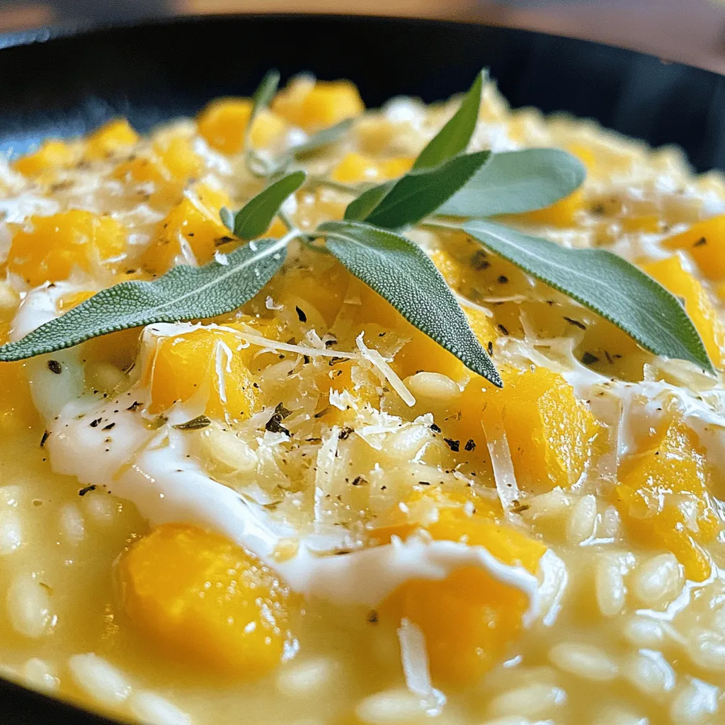 To make creamy butternut squash sage risotto, gather these key items: - 1 medium butternut squash, peeled and cubed - 1 cup Arborio rice - 4 cups vegetable broth - 1 small onion, finely chopped - 2 cloves garlic, minced - 2 tablespoons olive oil - 1 tablespoon butter - 1/2 cup grated Parmesan cheese - 1/4 cup heavy cream - 1 tablespoon fresh sage, chopped (plus extra for garnish) - Salt and pepper to taste You can make your risotto even tastier with these extras: - A pinch of nutmeg for warmth - Toasted pumpkin seeds for crunch - Lemon zest for brightness If you need to swap some ingredients, here are good options: - Replace butternut squash with pumpkin or sweet potato. - Use chicken broth instead of vegetable broth for more flavor. - If you want to skip dairy, try coconut cream instead of heavy cream. - For a vegan version, omit Parmesan or use a nut-based cheese. First, heat the vegetable broth in a saucepan over low heat. Keep it warm but do not boil it. This helps the rice cook evenly. Next, grab a large skillet. Heat 1 tablespoon of olive oil over medium heat. Add the cubed butternut squash. Sauté for about 8-10 minutes until it turns tender. Once done, remove it from the skillet and set it aside. In the same skillet, add another tablespoon of olive oil and 1 tablespoon of butter. Toss in the finely chopped onion. Cook until it becomes translucent, which takes about 3-4 minutes. Then, add 2 cloves of minced garlic and cook for an extra minute. After that, stir in 1 cup of Arborio rice. Cook it for 2-3 minutes until it looks slightly translucent around the edges. Now, start adding the warm vegetable broth. Use a ladle to add it one scoop at a time. Stir constantly and wait until most of the liquid is absorbed before adding more. Continue this process for 15-20 minutes. The rice should be creamy and al dente by the end. Once the rice is cooked, bring back the sautéed butternut squash. Add 1/4 cup of heavy cream, 1 tablespoon of chopped sage, and 1/2 cup of grated Parmesan cheese. Mix everything well until creamy. Season with salt and pepper to taste. Take the skillet off the heat and let it sit for a minute. This helps the risotto thicken. Serve warm, garnished with fresh sage leaves and a sprinkle of extra Parmesan cheese. Enjoy your creamy butternut squash sage risotto! To get that creamy risotto texture, always use Arborio rice. This rice has high starch, which makes the dish rich. Stir the rice often and add broth slowly. This helps the rice release its starch and become creamy. Remember to cook until it's al dente, so it has a bit of bite. If it seems too thick, add a bit more broth to loosen it up. When cooking butternut squash, cut it into even pieces. This way, it cooks at the same speed. Sauté it until it's tender, about 8-10 minutes. You want it soft but not mushy. If you want extra flavor, add a pinch of salt while cooking. You can also roast it for a sweeter taste. Just toss the cubes with olive oil and roast them in the oven. Season your risotto well for great flavor. Start with a good amount of salt and pepper. Taste as you cook to adjust it. Adding fresh sage near the end gives a lovely aroma. Don't forget the Parmesan cheese! It adds a salty, nutty flavor. If you want more depth, try a splash of lemon juice or zest right before serving. This brightens up the dish and balances the richness. {{image_2}} You can make this risotto heartier by adding proteins. Grilled chicken adds a nice touch. Cook the chicken separately, then slice it and mix it in. Shrimp also works well. Just sauté the shrimp in olive oil until they turn pink. Add them to the risotto in the last few minutes of cooking. This boosts flavor and makes the dish more filling. For a vegetarian version, you can keep the dish as is. Just use vegetable broth and skip the cheese. To make it vegan, replace the Parmesan with nutritional yeast. Add a splash of lemon juice for a bright flavor. Use coconut cream instead of heavy cream for richness. This keeps it creamy while staying plant-based. Herbs and spices can change the dish’s flavor. Try thyme or rosemary for a different taste. These herbs pair well with butternut squash. You can also add a pinch of nutmeg for warmth. If you like heat, a sprinkle of red pepper flakes adds a nice kick. Experimenting with herbs keeps every bite exciting and fresh. To store leftover risotto, let it cool first. Once cool, place it in an airtight container. This keeps the flavors fresh and stops it from drying out. You can store it in the fridge for up to three days. Make sure you label the container with the date. This helps you know when to eat it. When reheating risotto, add a splash of broth or water. This helps restore the creamy texture. You can use a microwave or stove. If using a microwave, heat in short bursts. Stir in between to warm it evenly. On the stove, heat it in a pan over low heat. Stir constantly until hot. This keeps it from sticking. Freezing risotto can work well if done right. First, let it cool completely. Then, scoop portions into freezer bags. Squeeze out the air and seal them tightly. Label with the date and freeze. It stays good for up to three months. To thaw, move it to the fridge overnight. Reheat gently, adding broth or water as needed. This keeps it creamy and tasty. Yes, you can make this risotto ahead of time. Cook it, then let it cool. Store it in an airtight container in the fridge for up to 3 days. When you want to eat it, reheat it slowly on the stove with a splash of broth or water. This helps bring back the creaminess. If you do not have Parmesan cheese, there are great options. You can use Pecorino Romano for a saltier flavor. Nutritional yeast works well for a vegan option. Cream cheese can also add a nice rich taste, but it will change the flavor slightly. You will know the risotto is done when the rice is creamy and has a slight bite. Taste a grain. It should feel firm but not hard. If it’s too chewy, let it cook a few more minutes, adding broth as needed. Feel free to mix in other veggies. Peas, spinach, or mushrooms add great flavor. Roasted carrots or zucchini can also work well. Just remember to sauté them first, so they blend nicely into the creamy risotto. This blog post explored making a creamy butternut squash sage risotto. We discussed essential ingredients and some tasty options for extra flavor. You learned step-by-step instructions to create the dish and tips for a perfect texture. We also shared fun variations and storage tips to keep your risotto fresh. In conclusion, this risotto is flexible and easy to customize. It’s a warm dish perfect for any dinner. Enjoy making it your own!