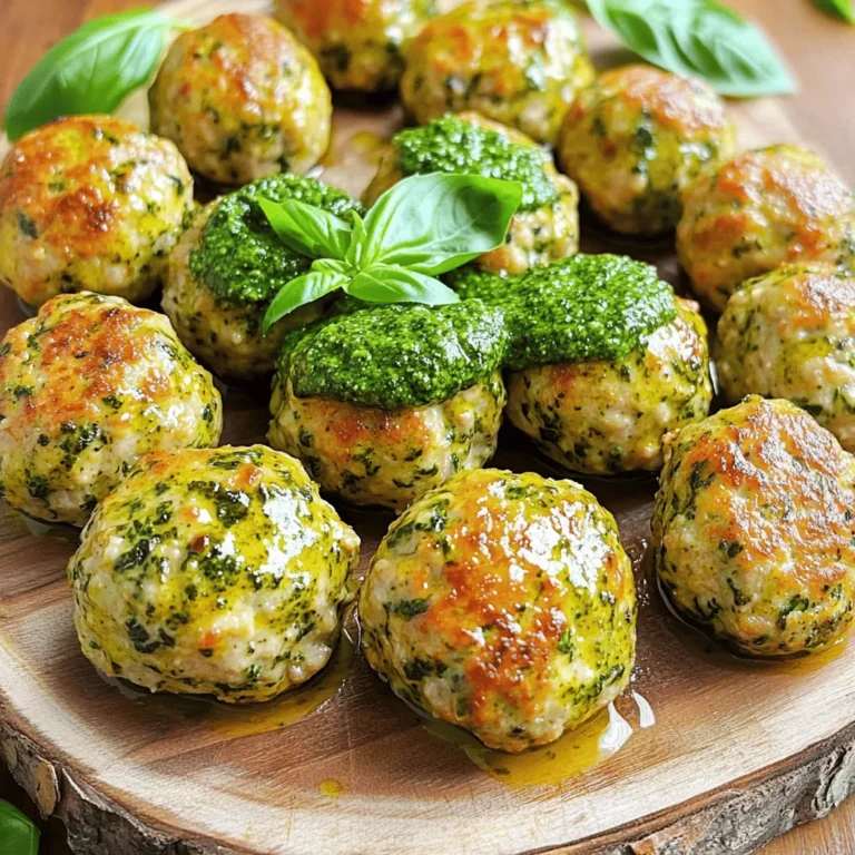 Here are the key ingredients for my Pesto Spinach Turkey Meatballs: - 1 lb ground turkey - 1 cup fresh spinach, finely chopped - 1/2 cup basil pesto - 1/4 cup breadcrumbs - 1/4 cup grated Parmesan cheese - 1 large egg - 2 cloves garlic, minced - 1 teaspoon salt - 1/2 teaspoon black pepper - 1/2 teaspoon red pepper flakes (optional for heat) - 1 tablespoon olive oil These ingredients make a great blend of flavors and nutrients. Ground turkey is lean and keeps the meatballs light. Fresh spinach adds color and boosts vitamins. Basil pesto brings a rich, herby taste. The breadcrumbs help bind the meatballs and give them a nice texture. Grated Parmesan adds a savory kick. An egg holds everything together while garlic gives extra flavor. Don’t forget to season with salt, black pepper, and red pepper flakes if you like some heat. The olive oil helps keep the meatballs moist while they bake. Each ingredient plays a role in making these meatballs healthy and tasty. You can mix and match based on what you have at home, but keep the main ones for the best results. Enjoy making this dish! 1. Preheat the oven and prepare baking sheet Set your oven to 400°F (200°C). Line a baking sheet with parchment paper. This helps the meatballs not stick. 2. Mix all ingredients in a bowl In a large bowl, add: - 1 lb ground turkey - 1 cup fresh spinach, finely chopped - 1/2 cup basil pesto - 1/4 cup breadcrumbs - 1/4 cup grated Parmesan cheese - 1 large egg - 2 cloves garlic, minced - 1 teaspoon salt - 1/2 teaspoon black pepper - 1/2 teaspoon red pepper flakes (optional) Use your hands or a spoon to mix. Be gentle; don’t overmix the meat. 3. Form meatballs and place on the baking sheet Shape the mixture into small meatballs, about 1 to 1.5 inches wide. Place them on the prepared baking sheet, leaving space between each one. 1. Drizzle meatballs with olive oil Pour a tablespoon of olive oil over the meatballs. This adds moisture and helps them brown. 2. Baking time and temperature Place the baking sheet in the preheated oven. Bake for 20 to 25 minutes. The meatballs should turn golden brown. 3. Using a meat thermometer To check if the meatballs are done, use a meat thermometer. They should reach an internal temperature of 165°F (74°C). This ensures they are safe to eat. To get the right meatball texture, avoid overmixing. Mix just until all ingredients blend. Too much mixing makes them tough. Shape the meatballs to be about 1 to 1.5 inches wide. This size helps them cook evenly. For flavor, adjust seasoning to your taste. If you like more heat, add more red pepper flakes. You can also mix in extra herbs. Try adding oregano or thyme for a new twist. Fresh herbs add brightness to the dish. You can choose to pan-fry or bake the meatballs. Pan-frying gives a nice crust but may need more oil. Baking is easier and less messy. If you like, you can cook them in sauce too. This method keeps them moist and adds more flavor. {{image_2}} You can swap turkey for other meats. Ground chicken or beef works well. You can also use pork for a richer taste. For a lighter option, try ground chicken. If you want to change the pesto, you can use sun-dried tomato pesto or spinach pesto. Each adds a unique flavor. You can even make your own with nuts and herbs. This keeps the dish fresh and exciting! For gluten-free eaters, use gluten-free breadcrumbs. They work just as well and still hold the meatballs together. You can find these in many stores or make your own from gluten-free bread. If you want vegan meatballs, replace turkey with lentils or chickpeas. Use a flax egg instead of a real egg. This makes a great substitute and keeps the meatballs moist and tasty. These meatballs shine when paired with pasta or salads. Serve them over whole grain pasta for a hearty meal. A fresh salad can balance the richness of the meatballs. For a fun presentation, stack the meatballs on a platter. Drizzle them with extra pesto and sprinkle fresh basil leaves on top. This not only looks appealing but also enhances flavor. Enjoy experimenting with these variations! You can keep your pesto spinach turkey meatballs in the fridge for up to three days. Make sure they cool down first. Place them in an airtight container. This helps keep them fresh and prevents them from drying out. You can also use a glass container for easy reheating. If you want to save some for later, freezing is a great option. Form the meatballs and place them on a baking sheet. Freeze them for about two hours. Once they are firm, transfer them to a freezer bag. Remove as much air as possible to avoid freezer burn. These meatballs can last in the freezer for up to three months. To reheat, you can bake them straight from the freezer. Preheat your oven to 350°F (175°C) and bake for about 25-30 minutes. If you want to heat them on the stove, simmer them in your favorite sauce for about 10-15 minutes. They will be delicious and ready to enjoy! To check if the meatballs are done, use a meat thermometer. Insert it into the center of a meatball. The internal temperature should reach 165°F (74°C). This means they are safe to eat. The outside should look golden brown. If they are still pink inside, they need more time. Yes, you can make these meatballs ahead of time. Prepare the meatballs and place them on a baking sheet. Cover them and store them in the fridge for up to 24 hours. You can also freeze them. To freeze, place them in a single layer on a baking sheet. Once they are frozen, transfer them to a freezer bag. When ready to cook, bake them straight from the freezer, adding a few extra minutes to the cooking time. These meatballs pair well with many sides. Here are some suggestions: - Whole grain pasta - Fresh salad with a light vinaigrette - Quinoa or brown rice - Garlic bread - Roasted vegetables - Marinara sauce or extra pesto for dipping These options add variety and make your meal complete. Enjoy your delicious and healthy meal! You now have a clear guide to make delicious pesto spinach turkey meatballs. We covered the ingredients, step-by-step instructions, and vital tips to enhance flavor and texture. Remember, you can make these meatballs suit your needs with various swaps and dietary adjustments. Store leftovers well, and they’ll stay fresh for you. With all this knowledge, cooking will be easier and more fun. Enjoy your time in the kitchen and savor every bite of your tasty creations!