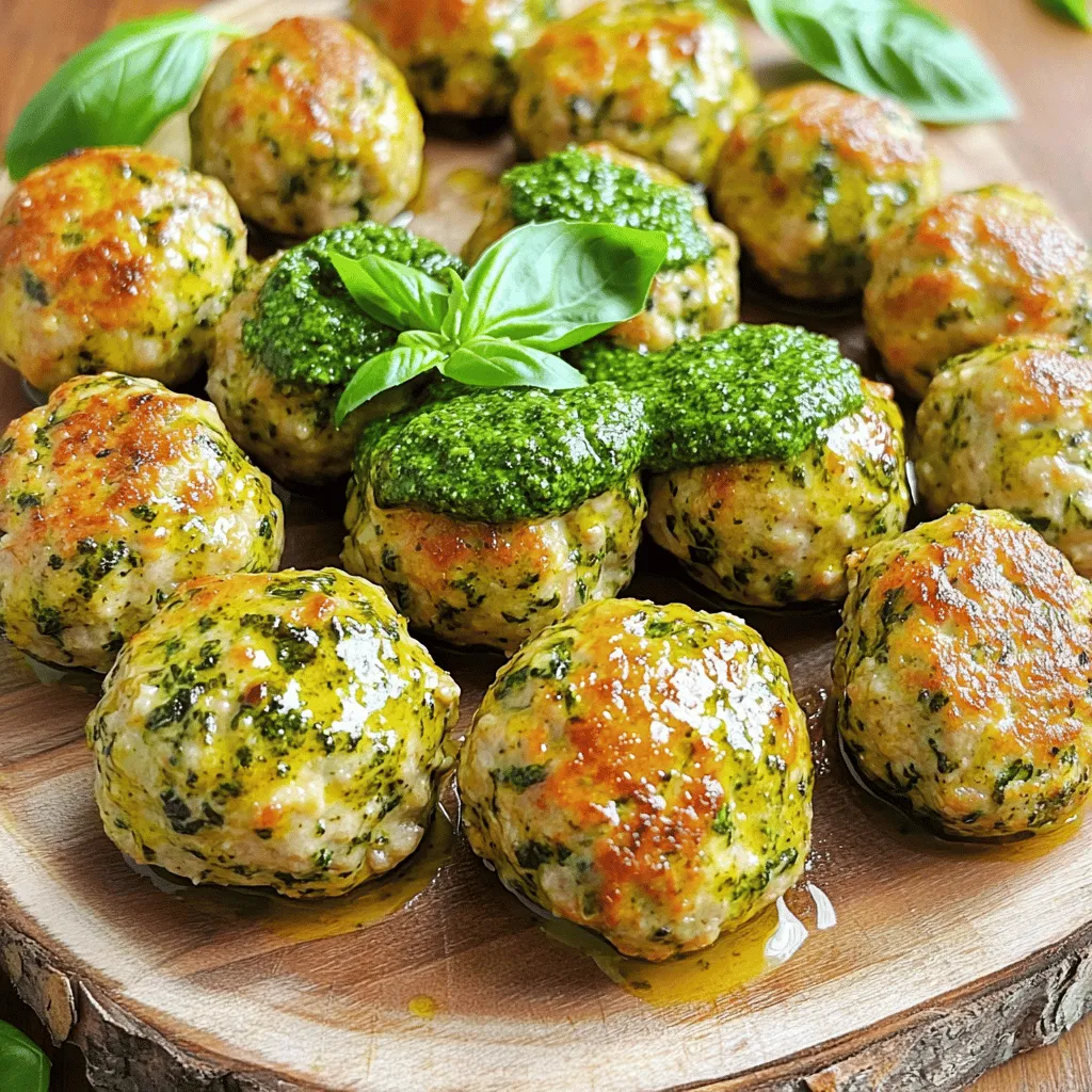 Here are the key ingredients for my Pesto Spinach Turkey Meatballs: - 1 lb ground turkey - 1 cup fresh spinach, finely chopped - 1/2 cup basil pesto - 1/4 cup breadcrumbs - 1/4 cup grated Parmesan cheese - 1 large egg - 2 cloves garlic, minced - 1 teaspoon salt - 1/2 teaspoon black pepper - 1/2 teaspoon red pepper flakes (optional for heat) - 1 tablespoon olive oil These ingredients make a great blend of flavors and nutrients. Ground turkey is lean and keeps the meatballs light. Fresh spinach adds color and boosts vitamins. Basil pesto brings a rich, herby taste. The breadcrumbs help bind the meatballs and give them a nice texture. Grated Parmesan adds a savory kick. An egg holds everything together while garlic gives extra flavor. Don’t forget to season with salt, black pepper, and red pepper flakes if you like some heat. The olive oil helps keep the meatballs moist while they bake. Each ingredient plays a role in making these meatballs healthy and tasty. You can mix and match based on what you have at home, but keep the main ones for the best results. Enjoy making this dish! 1. Preheat the oven and prepare baking sheet Set your oven to 400°F (200°C). Line a baking sheet with parchment paper. This helps the meatballs not stick. 2. Mix all ingredients in a bowl In a large bowl, add: - 1 lb ground turkey - 1 cup fresh spinach, finely chopped - 1/2 cup basil pesto - 1/4 cup breadcrumbs - 1/4 cup grated Parmesan cheese - 1 large egg - 2 cloves garlic, minced - 1 teaspoon salt - 1/2 teaspoon black pepper - 1/2 teaspoon red pepper flakes (optional) Use your hands or a spoon to mix. Be gentle; don’t overmix the meat. 3. Form meatballs and place on the baking sheet Shape the mixture into small meatballs, about 1 to 1.5 inches wide. Place them on the prepared baking sheet, leaving space between each one. 1. Drizzle meatballs with olive oil Pour a tablespoon of olive oil over the meatballs. This adds moisture and helps them brown. 2. Baking time and temperature Place the baking sheet in the preheated oven. Bake for 20 to 25 minutes. The meatballs should turn golden brown. 3. Using a meat thermometer To check if the meatballs are done, use a meat thermometer. They should reach an internal temperature of 165°F (74°C). This ensures they are safe to eat. To get the right meatball texture, avoid overmixing. Mix just until all ingredients blend. Too much mixing makes them tough. Shape the meatballs to be about 1 to 1.5 inches wide. This size helps them cook evenly. For flavor, adjust seasoning to your taste. If you like more heat, add more red pepper flakes. You can also mix in extra herbs. Try adding oregano or thyme for a new twist. Fresh herbs add brightness to the dish. You can choose to pan-fry or bake the meatballs. Pan-frying gives a nice crust but may need more oil. Baking is easier and less messy. If you like, you can cook them in sauce too. This method keeps them moist and adds more flavor. {{image_2}} You can swap turkey for other meats. Ground chicken or beef works well. You can also use pork for a richer taste. For a lighter option, try ground chicken. If you want to change the pesto, you can use sun-dried tomato pesto or spinach pesto. Each adds a unique flavor. You can even make your own with nuts and herbs. This keeps the dish fresh and exciting! For gluten-free eaters, use gluten-free breadcrumbs. They work just as well and still hold the meatballs together. You can find these in many stores or make your own from gluten-free bread. If you want vegan meatballs, replace turkey with lentils or chickpeas. Use a flax egg instead of a real egg. This makes a great substitute and keeps the meatballs moist and tasty. These meatballs shine when paired with pasta or salads. Serve them over whole grain pasta for a hearty meal. A fresh salad can balance the richness of the meatballs. For a fun presentation, stack the meatballs on a platter. Drizzle them with extra pesto and sprinkle fresh basil leaves on top. This not only looks appealing but also enhances flavor. Enjoy experimenting with these variations! You can keep your pesto spinach turkey meatballs in the fridge for up to three days. Make sure they cool down first. Place them in an airtight container. This helps keep them fresh and prevents them from drying out. You can also use a glass container for easy reheating. If you want to save some for later, freezing is a great option. Form the meatballs and place them on a baking sheet. Freeze them for about two hours. Once they are firm, transfer them to a freezer bag. Remove as much air as possible to avoid freezer burn. These meatballs can last in the freezer for up to three months. To reheat, you can bake them straight from the freezer. Preheat your oven to 350°F (175°C) and bake for about 25-30 minutes. If you want to heat them on the stove, simmer them in your favorite sauce for about 10-15 minutes. They will be delicious and ready to enjoy! To check if the meatballs are done, use a meat thermometer. Insert it into the center of a meatball. The internal temperature should reach 165°F (74°C). This means they are safe to eat. The outside should look golden brown. If they are still pink inside, they need more time. Yes, you can make these meatballs ahead of time. Prepare the meatballs and place them on a baking sheet. Cover them and store them in the fridge for up to 24 hours. You can also freeze them. To freeze, place them in a single layer on a baking sheet. Once they are frozen, transfer them to a freezer bag. When ready to cook, bake them straight from the freezer, adding a few extra minutes to the cooking time. These meatballs pair well with many sides. Here are some suggestions: - Whole grain pasta - Fresh salad with a light vinaigrette - Quinoa or brown rice - Garlic bread - Roasted vegetables - Marinara sauce or extra pesto for dipping These options add variety and make your meal complete. Enjoy your delicious and healthy meal! You now have a clear guide to make delicious pesto spinach turkey meatballs. We covered the ingredients, step-by-step instructions, and vital tips to enhance flavor and texture. Remember, you can make these meatballs suit your needs with various swaps and dietary adjustments. Store leftovers well, and they’ll stay fresh for you. With all this knowledge, cooking will be easier and more fun. Enjoy your time in the kitchen and savor every bite of your tasty creations!