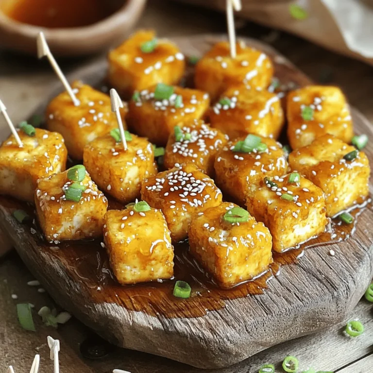 - Tofu (firm, 14 oz) - Honey (or agave syrup for vegan) - Soy sauce (low-sodium preferred) - Garlic (3 cloves, minced) - Fresh ginger (1 tablespoon, minced) - Cornstarch (1 tablespoon) - Vegetable oil (2 tablespoons) - Garnishes (green onion, sesame seeds) - Optional Seasoning (salt and pepper) To make honey garlic tofu bites, you need a few key ingredients. The main star is firm tofu. It gives a great texture and absorbs flavor well. Honey adds sweetness, but use agave syrup if you prefer a vegan option. Low-sodium soy sauce brings depth without too much salt. Garlic and fresh ginger pack a punch in flavor. They combine to create a lovely aromatic base. Cornstarch is essential for crispiness. It helps the tofu turn golden and crunchy. Vegetable oil is vital for frying. It gives the tofu a nice, crispy exterior. For garnishes, I love using sliced green onions and sesame seeds. They add color and texture. You can also season with a little salt and pepper to enhance the taste. Each ingredient helps create a tasty, crispy snack that you will enjoy sharing—or keeping all to yourself! How to press tofu effectively To press tofu, start by wrapping the block in a clean kitchen towel. Place a heavy object on top, like a cast iron skillet or a few books. Let it sit for 15 to 20 minutes. This removes excess moisture and helps the tofu absorb flavors better. Cutting tofu into bite-sized cubes After pressing, take the tofu out of the towel. Use a sharp knife to cut the tofu into small cubes. Aim for about one inch in size. This shape helps the tofu cook evenly and makes for easy snacking. Combining honey, soy sauce, garlic, and ginger In a mixing bowl, add three tablespoons of honey or agave syrup if you want a vegan option. Then, pour in two tablespoons of low-sodium soy sauce. Add three cloves of minced garlic and one tablespoon of minced ginger. Stir everything well until combined. This mixture creates a sweet and savory marinade. Marinating time considerations Once you have the marinade ready, gently toss the tofu cubes in it. Make sure each piece gets coated well. Let the tofu marinate for at least 20 minutes. For more flavor, refrigerate for one hour. Coating with cornstarch After marinating, take the tofu cubes out and sprinkle one tablespoon of cornstarch over them. Lightly toss to coat each piece. This helps make the tofu crispy when you cook it. Cooking instructions in skillet Heat two tablespoons of vegetable oil in a large skillet over medium-high heat. Once the oil is hot, add the tofu cubes in a single layer. Cook for about three to four minutes on each side. You want them golden brown and crispy. After that, reduce the heat to medium and pour the leftover marinade over the tofu. Cook for another two to three minutes. This thickens the sauce and glazes the tofu bites. Season with salt and pepper to taste before serving. To get crispy tofu bites, start with firm tofu. Press it well to remove water. Place a heavy object on the tofu for 15-20 minutes. Cut the tofu into bite-sized cubes once pressed. This helps it fry better. Use cornstarch to coat the tofu cubes before frying. It creates a nice crunch. For frying, vegetable oil works best. It has a high smoke point. This means it can get hot without burning. Heat the oil over medium-high heat. This way, your tofu will turn golden brown and crispy. To add flavor, think about using different seasonings. You can try chili flakes for heat or lime juice for zest. There are many options to make your dish unique. When marinating, let the tofu soak in the sauce longer for better taste. Marinate for at least 20 minutes, but one hour is best. This gives the tofu time to absorb all the flavors. Serve your honey garlic tofu bites with toothpicks for easy eating. They make great snacks or appetizers. Pair them with steamed broccoli or a fresh salad for a full meal. For a nice look, arrange the tofu bites on a platter. Drizzle some leftover glaze on top. Add sliced green onions and sesame seeds for garnish. This makes your dish pop visually and tastefully! {{image_2}} You can switch out soy sauce with tamari for a gluten-free option. If you want a sweet touch, try maple syrup instead of honey. For garnishes, fresh cilantro can add a nice flavor twist. You can also use chopped nuts for a crunchy topping. If you enjoy heat, add red pepper flakes or sriracha to the marinade. You can also mix in veggies like bell peppers or snap peas when cooking the tofu. This will make the dish colorful and nutritious. For a vegan version, use agave syrup in place of honey. To make it gluten-free, choose tamari instead of soy sauce. Both options keep the flavor rich without losing the essence of the dish. To store honey garlic tofu bites, place them in an airtight container. Keep them in the refrigerator for up to 3 days. Make sure the bites are cool before sealing the container. This prevents moisture buildup and keeps them fresh. For freezing, let the tofu bites cool completely. Then, arrange them in a single layer on a baking sheet. Freeze them for 1-2 hours until solid. Once frozen, transfer the bites to a freezer-safe bag. Remove excess air and seal tightly. They can last up to 2 months in the freezer. To reheat your tofu bites, the best method is to use the oven. Preheat the oven to 375°F (190°C). Place the bites on a baking sheet and heat for about 10-12 minutes. This keeps them crispy. You can also use an air fryer. Set it to 350°F (175°C) and cook for 5-7 minutes until hot. Avoid using a microwave, as it can make the tofu soggy. Reheating in these ways helps maintain the texture and flavor of your honey garlic tofu bites. Yes, you can use extra-firm tofu. The main difference is water content. Extra-firm tofu has less moisture, making it denser. This can lead to a chewier texture. Firm tofu, on the other hand, absorbs marinades better. If you prefer a crispy bite, extra-firm works great too. Marinate the tofu for at least 20 minutes. For the best flavor, aim for one hour. This allows the tofu to soak up the honey and garlic flavors. If you have more time, marinating overnight is even better. Just keep it in the fridge in a sealed container. Yes, this recipe is perfect for meal prep. The tofu bites store well in the fridge for up to five days. To meal prep, cook a batch and store in airtight containers. Reheat them in a skillet or microwave when you’re ready to eat. Add fresh garnishes before serving for a tasty touch. In this blog post, I shared how to make tasty honey garlic tofu bites. We covered all the main ingredients, step-by-step instructions, and helpful tips for crispiness and flavor. I also shared variations you can try and how to store leftovers. Tofu is a versatile protein that’s easy to adapt. Whether for a meal prep or a special dinner, this recipe works well. Enjoy making these bites, and let your creativity shine in the kitchen!