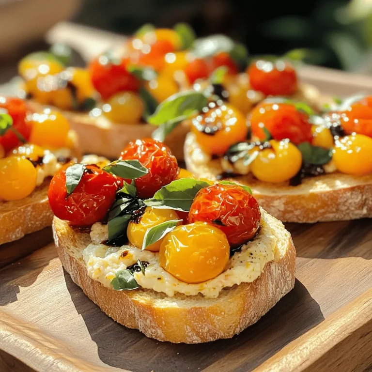 - French baguette - Cherry tomatoes - Garlic - Olive oil - Balsamic vinegar - Fresh basil - Salt and pepper - Optional: Red pepper flakes 1. Preheat your oven to 400°F (200°C). 2. For the garlic, take unpeeled cloves and place them on a baking sheet. Drizzle with 1 tablespoon of olive oil. Roast for 15-20 minutes until golden and soft. Let cool. 3. While the garlic roasts, quarter the cherry tomatoes. In a bowl, mix the tomatoes with balsamic vinegar, 2 tablespoons olive oil, chopped basil, salt, and pepper. If you like heat, add red pepper flakes. Let this marinate for about 10 minutes. 1. Place your baguette slices on another baking sheet. Drizzle lightly with olive oil. Toast in the oven for about 5-7 minutes until golden and crispy. 2. Once the garlic cools, squeeze the roasted cloves from their skins into a small bowl. Mash them into a smooth paste with a fork. 1. Take each toasted baguette slice and spread a thin layer of the roasted garlic paste on top. 2. Spoon the marinated tomato mixture over each slice. Be sure to include some of the tasty liquid from the mix for added flavor. Serve this delicious bruschetta warm and enjoy the mix of flavors! - Choosing the right garlic: Look for firm, plump bulbs. Fresh garlic gives the best flavor. Avoid any bulbs that feel soft or have sprouted. - Cooking time and texture: Roast the garlic for 15-20 minutes at 400°F. When done, it should be golden, soft, and easy to mash. - Using quality olive oil: Choose extra virgin olive oil for its rich flavor. It adds depth to your bruschetta. - Incorporating other herbs: Fresh herbs like thyme or oregano can boost taste. Try adding them to the tomato mix for extra zest. - Presentation ideas: Arrange bruschetta on a large platter. Garnish with basil leaves and drizzle balsamic glaze on top for a stunning look. - Pairing with drinks: Serve with a crisp white wine or sparkling water. These drinks balance the savory flavors in the bruschetta. You can make this dish even better by adding cheese or spreads. Creamy goat cheese or sharp Parmesan can enhance the flavor. Spread a layer of ricotta or hummus before adding the tomato mix. This extra layer adds a nice texture and taste. You can also try different vegetable toppings. Roasted bell peppers or zucchini can add color and flavor. For a spicy kick, add jalapeños or diced green chilies. These toppings give your bruschetta a fun twist. If you need gluten-free options, use gluten-free bread. Look for brands that offer a good texture. This way, everyone can enjoy this dish. For vegetarian or vegan adaptations, skip the cheese or use plant-based options. Nutritional yeast can add a cheesy flavor without dairy. This keeps your bruschetta fresh and suitable for all diets. In summer, use ripe tomatoes for the best flavor. Fresh basil shines when tomatoes are in season. You can even add fruits like peaches for a sweet twist. In winter, try roasted vegetables like butternut squash or brussels sprouts. These veggies provide warmth and depth. They are perfect for cold days and keep the dish cozy and satisfying. {{image_2}} To keep your bruschetta fresh, store it in an airtight container. If you have leftovers, separate the bread and toppings. This helps prevent sogginess. - Assembled bruschetta: Store in the fridge for up to 2 hours. It will lose texture quickly. - Unassembled bruschetta: Store the bread and toppings separately. The bread can last for 2-3 days, while the tomato mixture keeps well for about 3 days. If you want to enjoy your bruschetta again, here are some easy tips: - Reheat the bread in the oven at 350°F for 5-7 minutes. This keeps it crisp. - You can also use a toaster oven for quick reheating without losing texture. - For a twist, serve the tomato topping over fresh greens for a salad. - How do I make bruschetta ahead of time? Prepare the tomato mixture up to a day in advance. Store it in the fridge. Toast the bread right before serving for the best taste. - Can I use canned tomatoes for bruschetta? Yes, you can use canned tomatoes. Drain them well and chop them. Fresh is best, but canned works in a pinch. - What is the best bread for bruschetta? A French baguette is ideal. It’s sturdy and crispy when toasted. Ciabatta is another great option. - Why is my bruschetta soggy? Sogginess often comes from wet toppings. Make sure to drain excess liquid from tomatoes. - How to make bruschetta less oily? Use less olive oil in the tomato mixture and on the bread. A light touch goes a long way. Each serving of bruschetta has about 120 calories. Key nutrients include: - Vitamin C from tomatoes - Healthy fats from olive oil - Fiber from the bread and tomatoes This blog post covered everything you need to make delicious bruschetta. We explored key ingredients like French baguette and fresh tomatoes. I shared easy step-by-step instructions to prepare, cook, and assemble the dish. We also discussed tips to enhance flavor and variations for personalized touches. Bruschetta is fun to make and enjoy. Feel free to experiment with your favorite ingredients. Remember, a little creativity can lead to great flavors. Now, gather your ingredients and start creating your own bruschetta masterpiece!