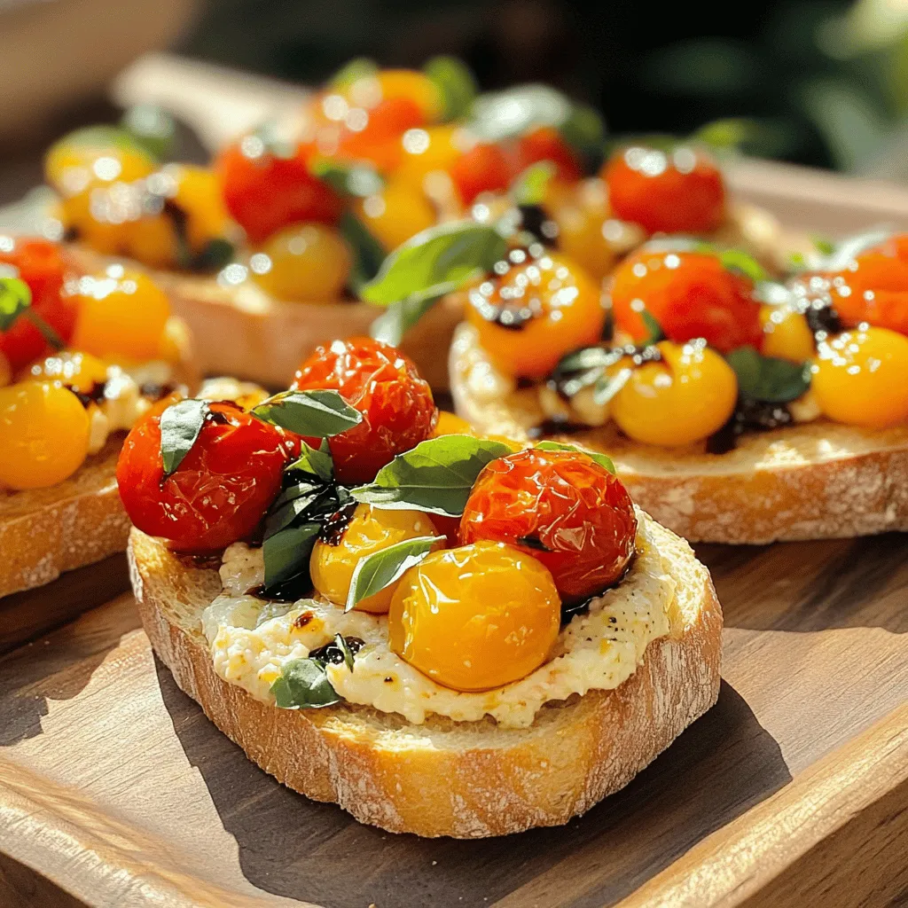 - French baguette - Cherry tomatoes - Garlic - Olive oil - Balsamic vinegar - Fresh basil - Salt and pepper - Optional: Red pepper flakes 1. Preheat your oven to 400°F (200°C). 2. For the garlic, take unpeeled cloves and place them on a baking sheet. Drizzle with 1 tablespoon of olive oil. Roast for 15-20 minutes until golden and soft. Let cool. 3. While the garlic roasts, quarter the cherry tomatoes. In a bowl, mix the tomatoes with balsamic vinegar, 2 tablespoons olive oil, chopped basil, salt, and pepper. If you like heat, add red pepper flakes. Let this marinate for about 10 minutes. 1. Place your baguette slices on another baking sheet. Drizzle lightly with olive oil. Toast in the oven for about 5-7 minutes until golden and crispy. 2. Once the garlic cools, squeeze the roasted cloves from their skins into a small bowl. Mash them into a smooth paste with a fork. 1. Take each toasted baguette slice and spread a thin layer of the roasted garlic paste on top. 2. Spoon the marinated tomato mixture over each slice. Be sure to include some of the tasty liquid from the mix for added flavor. Serve this delicious bruschetta warm and enjoy the mix of flavors! - Choosing the right garlic: Look for firm, plump bulbs. Fresh garlic gives the best flavor. Avoid any bulbs that feel soft or have sprouted. - Cooking time and texture: Roast the garlic for 15-20 minutes at 400°F. When done, it should be golden, soft, and easy to mash. - Using quality olive oil: Choose extra virgin olive oil for its rich flavor. It adds depth to your bruschetta. - Incorporating other herbs: Fresh herbs like thyme or oregano can boost taste. Try adding them to the tomato mix for extra zest. - Presentation ideas: Arrange bruschetta on a large platter. Garnish with basil leaves and drizzle balsamic glaze on top for a stunning look. - Pairing with drinks: Serve with a crisp white wine or sparkling water. These drinks balance the savory flavors in the bruschetta. You can make this dish even better by adding cheese or spreads. Creamy goat cheese or sharp Parmesan can enhance the flavor. Spread a layer of ricotta or hummus before adding the tomato mix. This extra layer adds a nice texture and taste. You can also try different vegetable toppings. Roasted bell peppers or zucchini can add color and flavor. For a spicy kick, add jalapeños or diced green chilies. These toppings give your bruschetta a fun twist. If you need gluten-free options, use gluten-free bread. Look for brands that offer a good texture. This way, everyone can enjoy this dish. For vegetarian or vegan adaptations, skip the cheese or use plant-based options. Nutritional yeast can add a cheesy flavor without dairy. This keeps your bruschetta fresh and suitable for all diets. In summer, use ripe tomatoes for the best flavor. Fresh basil shines when tomatoes are in season. You can even add fruits like peaches for a sweet twist. In winter, try roasted vegetables like butternut squash or brussels sprouts. These veggies provide warmth and depth. They are perfect for cold days and keep the dish cozy and satisfying. {{image_2}} To keep your bruschetta fresh, store it in an airtight container. If you have leftovers, separate the bread and toppings. This helps prevent sogginess. - Assembled bruschetta: Store in the fridge for up to 2 hours. It will lose texture quickly. - Unassembled bruschetta: Store the bread and toppings separately. The bread can last for 2-3 days, while the tomato mixture keeps well for about 3 days. If you want to enjoy your bruschetta again, here are some easy tips: - Reheat the bread in the oven at 350°F for 5-7 minutes. This keeps it crisp. - You can also use a toaster oven for quick reheating without losing texture. - For a twist, serve the tomato topping over fresh greens for a salad. - How do I make bruschetta ahead of time? Prepare the tomato mixture up to a day in advance. Store it in the fridge. Toast the bread right before serving for the best taste. - Can I use canned tomatoes for bruschetta? Yes, you can use canned tomatoes. Drain them well and chop them. Fresh is best, but canned works in a pinch. - What is the best bread for bruschetta? A French baguette is ideal. It’s sturdy and crispy when toasted. Ciabatta is another great option. - Why is my bruschetta soggy? Sogginess often comes from wet toppings. Make sure to drain excess liquid from tomatoes. - How to make bruschetta less oily? Use less olive oil in the tomato mixture and on the bread. A light touch goes a long way. Each serving of bruschetta has about 120 calories. Key nutrients include: - Vitamin C from tomatoes - Healthy fats from olive oil - Fiber from the bread and tomatoes This blog post covered everything you need to make delicious bruschetta. We explored key ingredients like French baguette and fresh tomatoes. I shared easy step-by-step instructions to prepare, cook, and assemble the dish. We also discussed tips to enhance flavor and variations for personalized touches. Bruschetta is fun to make and enjoy. Feel free to experiment with your favorite ingredients. Remember, a little creativity can lead to great flavors. Now, gather your ingredients and start creating your own bruschetta masterpiece!