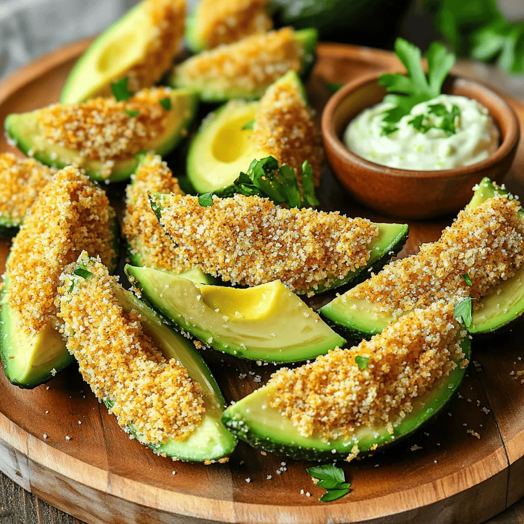 - 2 ripe avocados, sliced into wedges - 1 cup panko breadcrumbs - 1/2 cup grated Parmesan cheese - 1 teaspoon garlic powder - 1 teaspoon onion powder - 1/2 teaspoon paprika - Salt and pepper, to taste - 2 large eggs, beaten - Cooking spray In this recipe, ripe avocados are the star. Choose ones that feel slightly soft when you press them. They should not be mushy. Next, the panko breadcrumbs add crunch. They are lighter than regular breadcrumbs. The grated Parmesan cheese brings a salty, nutty flavor. Garlic powder and onion powder add depth. Paprika gives a hint of warmth. Salt and pepper enhance all the flavors. You will need two large eggs for the breading. They help the breadcrumbs stick. Cooking spray is key for crispiness. It lightly coats the fries without adding much fat. Each ingredient plays a part. Together, they create a tasty snack that is hard to resist! First, preheat your air fryer to 400°F (200°C). This should take about five minutes. A hot air fryer gives a nice, crispy texture to the fries. Next, mix the breadcrumb mixture. In a bowl, combine the panko breadcrumbs, grated Parmesan cheese, garlic powder, onion powder, paprika, salt, and pepper. Stir well to mix all the flavors together. Now, let's set up the breading station. You need two shallow dishes. One dish holds the beaten eggs, and the other holds the breadcrumb mixture. This setup makes breading easy and fun. Take each avocado wedge and dip it into the beaten egg first. Let any extra egg drip off. Then, coat the wedge in the breadcrumb mixture. Make sure every part is covered. Press down a bit to help the crumbs stick well. Now it's time to cook. Place the breaded avocado fries in a single layer in the air fryer basket. Lightly spray the tops with cooking spray for extra crispiness. Air fry the avocado fries for about 8 to 10 minutes. Flip them halfway through for even cooking. You’ll know they are done when they turn golden and crispy. Once cooked, remove them from the air fryer and let them cool for one minute before serving. Enjoy your tasty treat! To make the best Air Fryer Parmesan Crusted Avocado Fries, focus on crispiness. Start with ripe avocados. They should be firm but slightly soft when you press them. If they are too soft, they will mush when frying. For the breading, panko breadcrumbs are key. They give a light, crispy texture. Mix in grated Parmesan cheese for a rich, savory flavor. Add garlic powder, onion powder, and paprika to boost the taste. Salt and pepper are essential too. Adjust these to suit your taste. Dipping sauces can elevate your fries. Try a zesty lime aioli or a spicy chipotle mayo. These add a fun twist. You can also serve them with a simple ranch dressing for a classic choice. For presentation, arrange the fries in a single layer on a platter. Garnish with fresh parsley or cilantro for color. This makes your dish pop and look inviting. Enjoy every bite of these tasty treats! {{image_2}} You can change up the taste of your avocado fries with extra seasonings. Try adding a pinch of cayenne pepper for heat. If you want a savory twist, mix in some Italian herbs like oregano or basil. You can also boost the flavor with a squeeze of lemon juice before serving. This brightens the dish and adds a fresh taste. When it comes to spice levels, think about your own taste. If you love spicy food, add more cayenne or some chili powder. For milder flavors, stick to garlic and onion powders. The key is to find the right balance that you enjoy. Experiment and have fun with your seasonings! If you don’t have an air fryer, you can still enjoy these tasty fries. An oven-baked option is simple and effective. Preheat your oven to 425°F (220°C). Place the breaded avocado wedges on a baking sheet lined with parchment paper. Bake for about 15-20 minutes, flipping halfway through. This method gives you a nice crispy texture. You can also try shallow frying. Heat a few inches of oil in a pan over medium heat. Fry the avocado wedges in batches until golden brown, about 2-3 minutes per side. This method adds a rich flavor, but be sure to drain the fries on paper towels to remove excess oil. Each cooking method brings out different flavors, so don’t hesitate to try them all! To keep your Air Fryer Parmesan Crusted Avocado Fries fresh, you have two options. - Short-term refrigeration: Place any leftover fries in an airtight container. Store them in the fridge for up to 2 days. - Long-term freezing options: For longer storage, freeze the fries before cooking. Lay them on a baking sheet in a single layer. Once frozen, transfer them to a freezer bag. They can last for about a month. Reheating your fries correctly helps them stay crispy. - Best practices for maintaining texture: Always reheat fries in an air fryer if possible. This method keeps them crispy. Heat at 350°F (175°C) for about 5 minutes. - Microwave vs. air fryer reheating: The microwave is quick but may make them soggy. The air fryer is the best choice for crispy fries. How to select ripe avocados? To pick a ripe avocado, look for smooth, dark skin. Gently squeeze it; it should feel slightly soft but not mushy. If it feels hard, it needs more time to ripen. You can also check the stem. If it comes off easily and is green underneath, it’s ripe and ready to eat. Can I use different cheeses? Yes, you can use different cheeses! If you want a sharper taste, try using aged cheddar or asiago. For a milder flavor, mozzarella works well too. Just remember, the cheese should be grated or finely shredded for the best coating. How do I know when the fries are done? The fries are done when they are golden brown and crispy. I recommend checking them at the 8-minute mark. Flip them halfway through cooking to ensure even crispiness. You can also poke one with a fork; it should feel soft inside but crisp outside. Can I make these ahead of time? You can prep the avocado fries ahead of time. Just bread them and place them in the fridge for up to two hours before cooking. This helps the coating stick better. If you want to store them longer, freeze them. Just remember to cook them straight from frozen; they may need a minute or two longer in the air fryer. This blog covered how to make tasty air-fried avocado fries. We listed the simple ingredients and detailed steps for preparation, breading, and cooking. I shared tips to get the perfect texture and flavor, plus fun serving ideas. You can try different spices and methods to mix things up. Remember to store leftovers properly and reheat for the best taste. Enjoy your crispy snacks, and feel free to experiment with flavors! Your kitchen adventures will lead to delicious results every time.