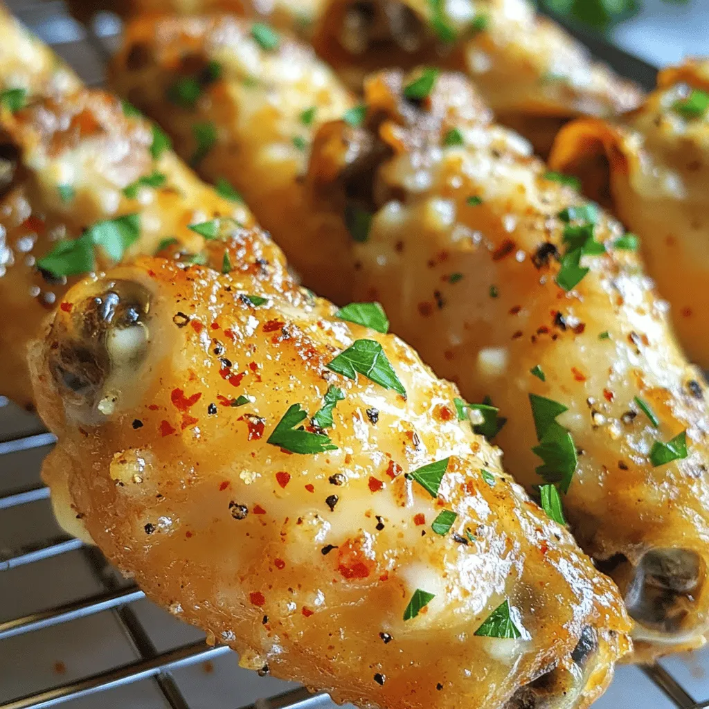 - 2 pounds chicken wings - 1/4 cup unsalted butter, melted - 1/4 cup grated Parmesan cheese - 5 cloves garlic, minced - 1 tablespoon fresh parsley, chopped (plus more for garnish) - 1 teaspoon paprika - 1 teaspoon black pepper - 1 teaspoon salt - 1/2 teaspoon red pepper flakes (optional for heat) These ingredients create a rich taste that makes the wings shine. The butter gives them a nice base. The Parmesan adds a creamy touch. Fresh garlic brings a burst of flavor. Paprika and pepper add warmth, while parsley brightens up the dish. - Lemon zest (for a citrus kick) - Extra spices like cayenne (for more heat) - Honey (for a sweet touch) Adding lemon zest can brighten the wings. A sprinkle of cayenne gives them a spicy kick. Honey adds a lovely sweetness, balancing out the garlic. - Baking sheet - Aluminum foil - Wire rack - Mixing bowl - Whisk - Paper towels These tools help make the cooking process easy and fun. The wire rack keeps the wings crispy. A mixing bowl and whisk are perfect for blending the sauce. Don't forget the paper towels to dry the wings! First, you need to preheat the oven to 425°F (220°C). This heat will make the wings nice and crispy. Next, line a baking sheet with aluminum foil. This helps with easy cleanup. Place a wire rack on top of the foil. The rack keeps the wings off the pan. This allows air to circulate around them. In a large bowl, add 1/4 cup of melted unsalted butter. Then, mix in 1/4 cup of grated Parmesan cheese. Add 5 minced garlic cloves for that strong, tasty flavor. Next, toss in 1 tablespoon of chopped fresh parsley. This adds a pop of color and flavor. Then, include 1 teaspoon each of paprika, black pepper, and salt. If you like spice, add 1/2 teaspoon of red pepper flakes. Whisk everything until it blends well. This sauce will coat the wings perfectly. Take 2 pounds of chicken wings and pat them dry with paper towels. This step is key for crispiness. Place the wings in a large bowl. Pour the garlic Parmesan sauce over them. Toss the wings well to coat them evenly. Now, lay the coated wings in a single layer on the wire rack. Make sure they do not touch. This helps them cook evenly. After that, you’re ready to bake! To get the crispiest chicken wings, start by drying them well. Pat them with paper towels to remove moisture. This small step helps create a crunchy outside. Next, place the wings on a wire rack over a baking sheet. This keeps the heat circulating around the wings. Preheat your oven to 425°F (220°C). A hot oven cooks the wings quickly, making them crispy. Bake for 40-45 minutes and turn them halfway for even cooking. If you need to swap ingredients, there are great options. Use olive oil instead of butter for a lighter taste. You can also try Pecorino Romano cheese instead of Parmesan for a bolder flavor. Fresh parsley can be swapped with dried herbs if needed. If you want a kick, add more red pepper flakes or use hot sauce. Just remember, keep the flavors balanced. Garlic Parmesan chicken wings shine when served with tasty sides. Pair them with a fresh salad or crispy fries. You can also serve them with dipping sauces like ranch or blue cheese. For a fun twist, add sliced veggies like celery and carrots. These add crunch and color to your plate. Enjoy these wings at game day parties or cozy family dinners. {{image_2}} To turn up the heat, add red pepper flakes. Use one teaspoon for a mild kick. If you want more spice, double the amount. You can also add hot sauce to the garlic Parmesan sauce. This gives the wings a nice blend of heat and flavor. Just mix in your favorite hot sauce when whisking your sauce. For a sweet twist, add honey to your garlic Parmesan sauce. Start with two tablespoons of honey. Mix it well with your melted butter and Parmesan. This sweet touch balances the savory garlic and cheese. You will enjoy the sticky, sweet flavor on your wings. The air fryer makes these wings crispy and quick. Preheat your air fryer to 400°F (200°C). Coat your wings in the garlic Parmesan sauce as usual. Place them in a single layer in the air fryer basket. Cook for about 25-30 minutes. Shake the basket halfway through for even cooking. These wings stay juicy and have a great crunch. To store leftover chicken wings, cool them to room temperature first. Then, place them in an airtight container. Make sure to seal it well to keep out air and moisture. You can store the wings in the fridge for up to three days. This helps keep them fresh and tasty. For the best taste, reheat the chicken wings in the oven. Preheat your oven to 350°F (175°C). Spread the wings on a baking sheet. Heat them for 10-15 minutes, or until they are warm. This method keeps them crispy. You can also microwave them, but they may get soggy. To freeze garlic Parmesan chicken wings, wrap them tightly in plastic wrap. Then, place the wrapped wings in a freezer bag. Squeeze out any air before sealing the bag. You can freeze them for up to three months. When ready to eat, let them thaw in the fridge overnight before reheating. You should cook Garlic Parmesan Chicken Wings for 40 to 45 minutes. Bake them at 425°F (220°C). This high heat helps the wings become crispy and golden. Remember to turn them halfway for even cooking. Yes, you can use frozen chicken wings. Just make sure to thaw them first. Thawing helps the wings cook evenly. It also allows the sauce to stick better. If you use frozen wings, add an extra 10 to 15 minutes for cooking time. You can serve Garlic Parmesan Chicken Wings with many tasty sides. Here are some ideas: - Celery sticks - Carrot sticks - Ranch dressing - Blue cheese dressing - A fresh salad These sides add crunch and balance to the meal. They also help cool down the heat if you used red pepper flakes. To make Garlic Parmesan Chicken Wings ahead of time, you can prepare the wings and sauce in advance. Coat the wings in the sauce and place them on a tray. Cover and refrigerate them for up to 24 hours. When you're ready to cook, bake them straight from the fridge. Just add a few extra minutes to the cooking time. Garlic Parmesan chicken wings are easy and fun to make. We covered the main and optional ingredients, kitchen tools, and step-by-step instructions. I also shared tips for the crispiest wings and tasty variations. Storing leftovers and reheating them is simple. You now have all you need to impress your friends and family with delicious wings. Enjoy your cooking adventure!