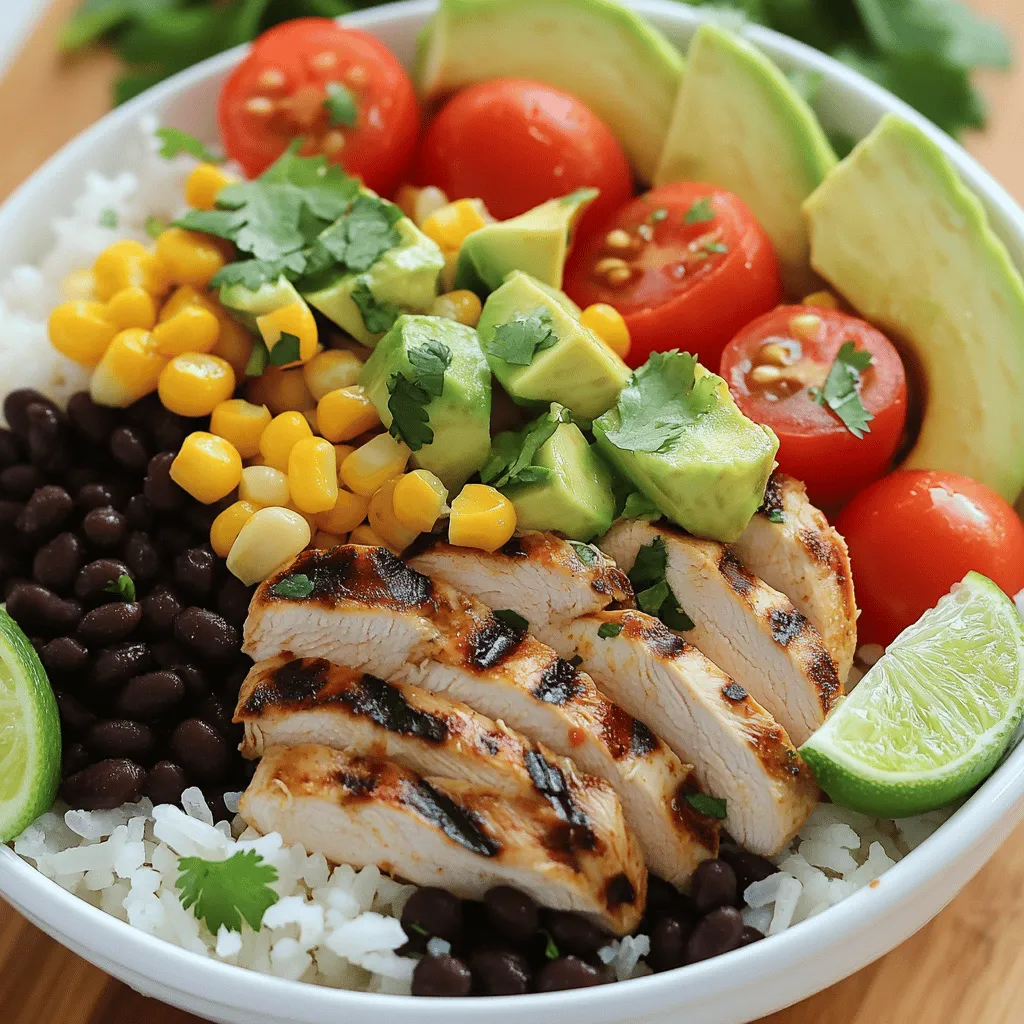 - 2 boneless, skinless chicken breasts - 1 cup jasmine rice - 1 cup black beans, rinsed and drained - 1 cup cherry tomatoes, halved - 1 avocado, diced - 1 cup corn (fresh, frozen, or canned) - 2 tablespoons olive oil - 1 lime, zested and juiced - ½ cup fresh cilantro, chopped These ingredients come together to create a bright and tasty meal. The chicken brings protein, while jasmine rice adds a lovely texture. Black beans add fiber and flavor. Cherry tomatoes give a pop of color and sweetness. Avocado adds creaminess, and corn brings a crunchy bite. The marinade with lime, olive oil, and cilantro infuses the chicken with fresh and zesty notes. You can find these ingredients at any grocery store. Choose ripe avocados and fresh herbs for the best taste. Enjoy the bright flavors and colors in your bowl! To start, you will mix the marinade. In a bowl, combine olive oil, lime juice, lime zest, ground cumin, garlic powder, salt, and pepper. This mix gives the chicken a great flavor. Next, add the two chicken breasts to the bowl. Make sure to coat them well in the marinade. For the best taste, let the chicken marinate for at least 30 minutes. If you have time, marinate it for up to 2 hours in the fridge. Rinse the jasmine rice under cold water. This step helps remove extra starch. Next, bring 1 ½ cups of chicken broth to a boil in a pot. Once boiling, add the rinsed rice. Cover the pot and reduce the heat to low. Cook the rice for 15-18 minutes. After that, check if the rice has absorbed all the liquid. If it has, fluff the rice with a fork. This will make the rice light and fluffy. Set it aside for later. Preheat your grill or grill pan over medium-high heat. Once hot, take the chicken out of the marinade. Grill each breast for 6-7 minutes per side. You want the chicken to reach an internal temperature of 165°F. After grilling, remove the chicken and let it rest for 5 minutes. This helps keep the juices in. Then, slice the chicken into pieces. Now it’s time to build your burrito bowls. Start by dividing the cooked rice into four serving bowls. On top of the rice, add black beans, corn, halved cherry tomatoes, diced avocado, and the sliced grilled chicken. Presentation matters! Arrange the ingredients in sections for a colorful look. You can also serve lime wedges on the side. This adds a zesty touch to your meal. - Choosing the best chicken: Use boneless, skinless chicken breasts for easy cooking. They cook quickly and stay juicy. Look for fresh chicken, not frozen. Fresh chicken gives better flavor. - Rinsing rice properly: Rinse jasmine rice under cold water until the water runs clear. This step removes extra starch. It helps the rice not to be sticky. Rinsed rice cooks better and tastes lighter. - Avoiding overcooking: Grill chicken for 6-7 minutes on each side. Use a meat thermometer to check. The chicken should reach 165°F. Overcooked chicken can be dry. It's better to check a bit early. - Alternative cooking methods: You can bake or pan-sear the chicken. Bake at 375°F for 20-25 minutes. If using a pan, cook on medium heat in olive oil until done. Both methods are great if you don't have a grill. - Creating a colorful bowl: Make your burrito bowl look fun and inviting. Arrange the rice, beans, corn, and chicken in sections. Add vibrant cherry tomatoes and green avocado. A colorful bowl makes the meal more exciting. - Using lime wedges as garnish: Serve lime wedges alongside your bowl. The fresh lime adds a zesty kick. It also brightens the dish visually. A simple squeeze of lime can elevate the flavors. {{image_2}} If you want a meat-free meal, I have great substitutes for chicken. You can use grilled tofu, tempeh, or even chickpeas. These options are packed with protein and flavor. They soak up all the yummy marinade, just like chicken does. Next, load up on veggies to make your bowl colorful and healthy. Try bell peppers, zucchini, or spinach. You can roast these veggies for more depth or use them fresh for crunch. To spice things up, consider adding chili powder. It gives a nice kick and adds warmth. You can also play with different beans. Black beans are great, but pinto or kidney beans work well too. Each bean brings its own flavor and texture. Toppings make your bowl even more fun. Try adding sliced jalapeños for heat. You can also sprinkle on some feta cheese or add crunchy tortilla strips. Don’t forget about the sauces! A drizzle of hot sauce or creamy ranch can take your dish to the next level. You can mix and match toppings to find your favorite combo. Enjoy! Store your leftover burrito bowls in airtight containers. This keeps them fresh and tasty. You can refrigerate them for up to three days. Make sure to let them cool before sealing. This helps avoid condensation, which can make your food soggy. You can freeze your burrito bowls, but consider how you assemble them. If you freeze the whole bowl, the rice and veggies may get mushy when thawed. Instead, freeze the chicken and rice separately from the toppings. This helps keep everything fresh. When you're ready to eat, thaw the chicken and rice overnight in the fridge. You can also heat them in the microwave. Once they’re warm, add the fresh toppings for the best flavor and texture. Enjoy your meal again with all its fresh taste! You can store your burrito bowls in the fridge for up to three days. Make sure to keep them in an airtight container. This keeps the flavors fresh and prevents any unwanted odors. If you want to enjoy them later, it’s best to store the chicken and veggies separate from the rice. This helps keep everything tasting great! Yes, you can use different rice types. Brown rice is a healthy choice and adds more fiber. Cauliflower rice offers a low-carb option. Quinoa is another great alternative, adding a nutty flavor and extra protein. Each option changes the bowl’s taste, so feel free to experiment! If you’re vegetarian, try using black beans or chickpeas. They add great protein and flavor. Tofu or tempeh are also excellent options. Marinate them like the chicken for extra taste. You can even use grilled veggies for a lighter bowl. To spice things up, add sliced jalapeños or a dash of hot sauce. You can mix in chili powder or cayenne pepper during cooking. For a smoky flavor, try chipotle peppers in adobo sauce. These simple changes can give your burrito bowl the kick you crave! You have learned how to make delicious Cilantro Lime Chicken Burrito Bowls. We covered the main and additional ingredients, and I shared tips for marinating and cooking. Each step matters for great taste and texture. Remember, presentation is key for fun meals. You can choose variations, store wisely, and even spice things up. Enjoy experimenting with flavors and ingredients to make this dish your own! Now, grab your ingredients and start cooking. You will love it.