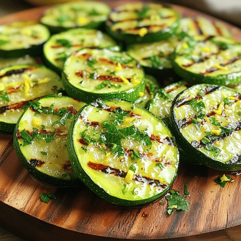 - 4 medium zucchini, sliced into 1/4-inch rounds - 3 tablespoons olive oil - 3 cloves garlic, minced - 1 teaspoon lemon zest - 2 tablespoons fresh lemon juice - 1 teaspoon dried oregano - Salt and pepper to taste - Fresh parsley, chopped for garnish I love using fresh zucchini in this dish. It gives a light and fresh taste. You want to slice the zucchini into 1/4-inch rounds. This size helps them cook evenly on the grill. The olive oil adds richness, while minced garlic gives a punch of flavor. For the flavor enhancers, lemon zest and lemon juice add brightness. They make the dish pop! Dried oregano adds a nice herbal note. Don't forget to season with salt and pepper. It brings all the flavors together. Lastly, fresh parsley adds a lovely, colorful touch. Gather these ingredients before you start. It makes cooking smoother. Plus, you’ll be ready to enjoy a delicious dish! In a mixing bowl, I whisk together the olive oil, minced garlic, lemon zest, lemon juice, dried oregano, salt, and pepper. This step is key. The blend of flavors makes the zucchini taste great. Next, I toss the zucchini slices in the marinade. I make sure every piece gets a nice coating. This helps the flavors soak in. I let the zucchini marinate for at least 15 minutes. This wait makes a big difference in taste. I preheat my grill to medium-high heat, about 400°F or 200°C. When it is hot, I place the marinated zucchini slices on the grates. I grill them for about 3-4 minutes on each side. I look for those nice grill marks to know they are ready. The zucchini should be tender but still crisp. Once done, I remove the zucchini from the grill. I transfer them to a serving platter and garnish with fresh parsley and a little extra lemon zest if desired. This adds a nice touch and makes it look pretty. To get those great grill marks, place the zucchini slices at a 45-degree angle to the grill grates. This angle helps create distinct lines. Always preheat your grill for at least 10 minutes. A hot grill seals the zucchini's surface quickly, locking in flavor and moisture. You can boost the taste by adding herbs like basil or thyme. A pinch of red pepper flakes gives a nice kick too. For a homemade marinade, mix olive oil, vinegar, and your favorite spices. This adds depth to the zucchini's flavor. The cooking time depends on how thick your zucchini slices are. Thinner slices take about 2-3 minutes per side. Thicker slices may need 4-5 minutes. If you want to grill other veggies, choose those with similar cooking times, like bell peppers or mushrooms. They can cook alongside the zucchini for a colorful dish. {{image_2}} You can make Lemon Garlic Grilled Zucchini even better! - Add red pepper flakes for a spicy kick. Just a pinch gives heat. - Incorporate cheese or nuts for texture. Feta or walnuts add great crunch. You can enjoy zucchini in many ways. - Roasting zucchini in the oven is easy. Toss with oil and seasonings, then bake. Aim for 425°F for about 20 minutes. - Sautéing on the stovetop is quick. Cook in a pan with oil for about 5-7 minutes. Zucchini pairs well with many meals. - Pair with grilled meats or seafood. Chicken or fish balance the flavors nicely. - Serve over a salad or as a side dish. It adds freshness to any plate. To keep your grilled zucchini fresh, store it in the fridge. Let the zucchini cool down first. Place it in an airtight container to prevent moisture loss. This method keeps the flavors locked in. You can also use a resealable plastic bag. Remove as much air as you can before sealing. For reheating, use a skillet on low heat. This helps keep the texture nice. You can also use the microwave. Heat in short bursts, stirring in between. If you have leftover zucchini, try adding it to pasta or salads. It adds a tasty twist to many dishes. To freeze grilled zucchini, first cool it completely. Lay the slices flat on a baking sheet. Freeze until solid, then transfer them to a freezer bag. This method prevents them from sticking together. Use frozen zucchini in soups or stir-fries for a quick meal. Grilling zucchini usually takes about 3 to 4 minutes per side. If your slices are thick, like 1/2 inch, you may need an extra minute. Thin slices around 1/4 inch grill faster. You want them tender but not mushy. The key is to check for nice grill marks and a slight crispness. Yes, this recipe can easily be vegan. Instead of olive oil, you can use avocado oil. For flavor, add a splash of balsamic vinegar or a dash of soy sauce. Both options will keep your dish tasty and vibrant. Lemon Garlic Grilled Zucchini pairs well with many dishes. You can serve it with grilled chicken or fish for a hearty meal. It also works great in salads or as a side to pasta. Try it with quinoa or couscous for a healthy twist. Grilling zucchini is a straightforward way to enjoy fresh veggies. You learned about key ingredients, like zucchini, garlic, and olive oil. The marinade adds zest with lemon and oregano. We covered steps for marinating and grilling, plus tips for perfect marks. Variations, storage, and reheating methods offer flexibility. Simple adjustments can make this dish unique. Finally, you can mix in flavors or serve it alongside your favorite meals. Enjoy your delicious grilled zucchini and feel free to experiment!