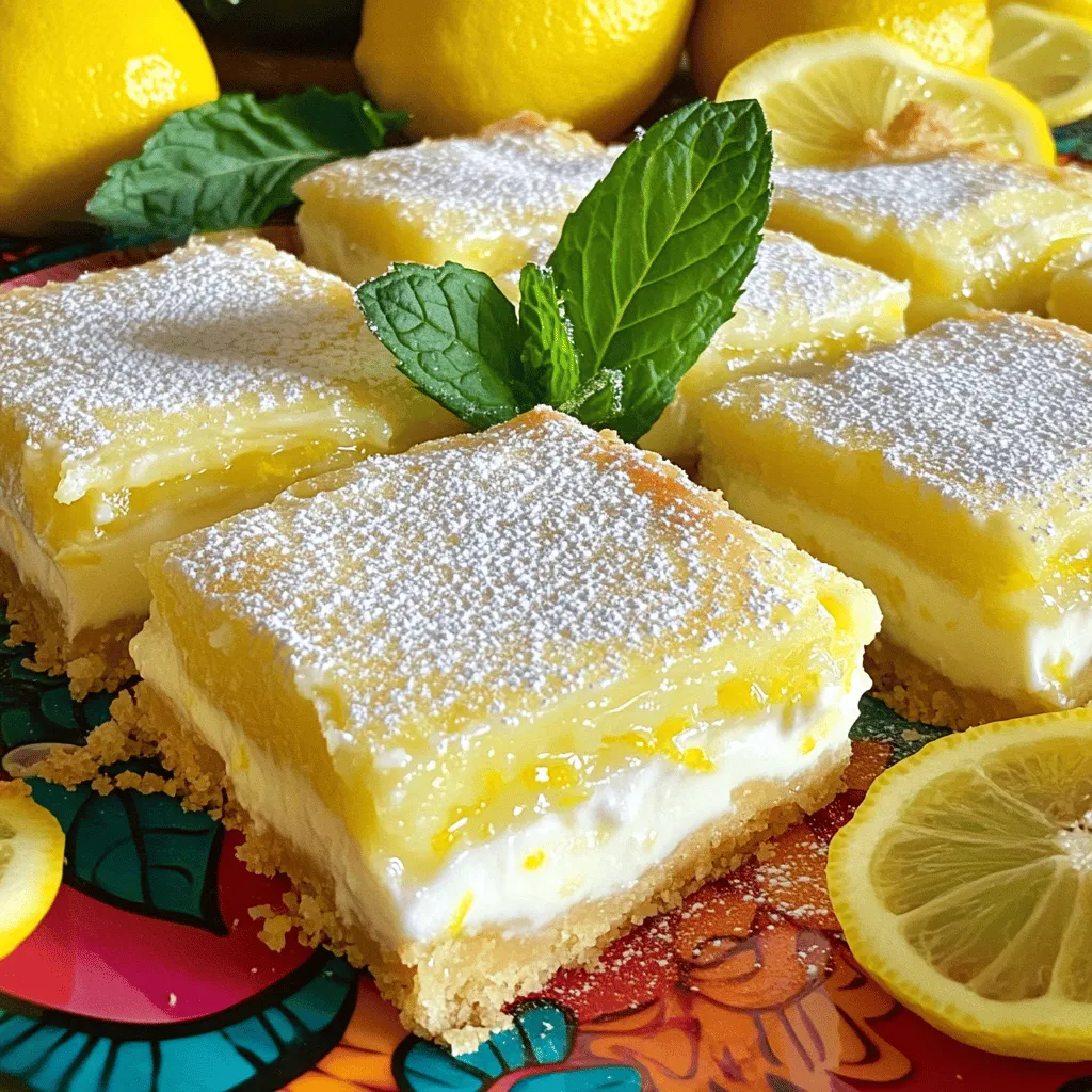 - 1 cup Greek yogurt - 1 cup granulated sugar - 2 large eggs - Zest of 2 lemons - 1/2 cup freshly squeezed lemon juice - 1/4 cup all-purpose flour - 1/2 teaspoon baking powder - Pinch of salt - Powdered sugar (for dusting) The main star of this recipe is Greek yogurt. It makes the bars creamy and tangy. You need granulated sugar to balance the tartness of the lemons. The eggs help bind everything together. Lemon zest brightens the flavor. The juice gives these bars their signature zing. Flour and baking powder add structure. A pinch of salt enhances all the flavors. Finally, powdered sugar is perfect for a sweet dusting on top. - Mixing bowls - Whisk - 8-inch square baking pan - Parchment paper (optional) - Oven thermometer To make these bars, you will need a few tools. Mixing bowls help combine your ingredients smoothly. A whisk ensures everything blends well. An 8-inch square baking pan is ideal for the perfect size. Parchment paper makes removal easy. An oven thermometer can help check your oven's true temperature. This step ensures your bars bake just right. With these ingredients and tools, you will create tasty Greek yogurt lemon bars. - Preheat the oven to 350°F (175°C). Grease an 8-inch square baking pan or use parchment paper for easy removal. - In a mixing bowl, whisk 1 cup of Greek yogurt with 1 cup of granulated sugar. Mix until it is smooth and creamy. - Add 2 large eggs, the zest of 2 lemons, and 1/2 cup of freshly squeezed lemon juice to the yogurt mix. Beat everything together until well combined. - In another bowl, mix 1/4 cup of all-purpose flour, 1/2 teaspoon of baking powder, and a pinch of salt. Whisk until blended. - Gradually add the dry mix to the wet ingredients. Fold gently until just combined. Avoid overmixing; this keeps the bars light and fluffy. - Pour the batter into the prepared baking pan. Spread it evenly with a spatula. - Bake for 25-30 minutes. Look for slightly golden edges and a clean toothpick when inserted in the center. - Remove the pan from the oven and let it cool for about 10 minutes. - Allow the bars to cool in the pan for 10 minutes. This helps them set nicely. - Carefully transfer the cooled bars to a wire rack to cool completely. - Once they are cool, dust the top with powdered sugar. Cut into squares and serve chilled. Do not overmix your batter. This simple step helps keep your lemon bars light. If you mix too much, your bars may turn out dense. Use a gentle folding motion when adding dry ingredients. You can try alternative binding ingredients like applesauce or mashed banana. These options can add moisture without losing that tasty lemon flavor. Just remember, these may change the taste a bit. Adding a splash of vanilla extract can deepen the flavor in your lemon bars. It pairs well with the tartness of lemon. A small amount goes a long way, so start with 1 teaspoon. You can also play with spices. Try adding a pinch of ginger for warmth or a dash of cardamom for a unique twist. These spices can elevate the flavor and make your dessert stand out. Serve your lemon bars chilled for the best experience. Arrange them on a bright plate to make them pop. For garnishing, add thin lemon slices on top. Fresh mint leaves also bring a nice touch of color. Dust the bars with powdered sugar just before serving for a lovely finish. {{image_2}} You can make these lemon bars gluten-free. Simply swap the all-purpose flour for almond flour or cornstarch. Almond flour gives a nice nutty taste. Cornstarch will keep them light and fluffy. Both options work well in this recipe. Want to make these bars vegan? Use ground flaxseed or applesauce as your egg substitute. Mix 1 tablespoon of ground flaxseed with 2.5 tablespoons of water for each egg. For yogurt, try coconut or soy yogurt. These will keep the bars creamy and delicious. You can add more flavor to your lemon bars. Try mixing in fruit purees like raspberry or blueberry. A bit of zest from oranges or limes can brighten the taste too. These changes will make your bars unique and fun! Once your lemon bars cool, cover them well. A good option is to use plastic wrap. You can also place them in an airtight container. This keeps them fresh for a few days. To freeze your lemon bars, first cut them into squares. Wrap each piece tightly in plastic wrap. Then, place all the wrapped bars in a freezer bag. They can stay frozen for up to three months. When you’re ready to enjoy them, thaw them in the fridge overnight. For a quick warm-up, use the microwave for about 15-20 seconds. These lemon bars are best enjoyed fresh. They will last about 4 to 5 days in the fridge. Look for signs of spoilage like a change in texture or an off smell. If they feel too soft or moist, it’s time to toss them. Always trust your senses to enjoy safe and tasty treats! Yes, you can make these lemon bars ahead of time. They taste great when chilled. Store them in the fridge for up to five days. Use an airtight container to keep them fresh. If you want, you can also freeze them. Wrap each piece well in plastic wrap and then in foil. They should last about three months in the freezer. If you need a substitute for Greek yogurt, there are many options. You can use regular yogurt for a similar taste. If you want a dairy-free option, try coconut yogurt or almond yogurt. Both give a creamy texture. You can also use sour cream or buttermilk, but expect a slight flavor change. Check your lemon bars by looking for a slight golden edge. They should look set, not jiggly. You can also use a toothpick to check. Insert it in the center; it should come out clean. If it has wet batter on it, bake for a few more minutes. You can use bottled lemon juice, but fresh juice is best. Fresh juice gives a brighter flavor. Bottled juice often has preservatives, which can affect taste. If you use bottled juice, choose one that says "100% juice" for better results. This blog post covers how to make delicious lemon bars. You learned the key ingredients, tools, and step-by-step instructions needed. We also discussed tips for texture, flavor, and presentation, plus variations for gluten-free and vegan options. Lastly, we reviewed the best storage methods for your treats. Enjoy making these bright lemon bars. They are easy to share and sure to impress!