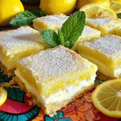 - 1 cup Greek yogurt - 1 cup granulated sugar - 2 large eggs - Zest of 2 lemons - 1/2 cup freshly squeezed lemon juice - 1/4 cup all-purpose flour - 1/2 teaspoon baking powder - Pinch of salt - Powdered sugar (for dusting) The main star of this recipe is Greek yogurt. It makes the bars creamy and tangy. You need granulated sugar to balance the tartness of the lemons. The eggs help bind everything together. Lemon zest brightens the flavor. The juice gives these bars their signature zing. Flour and baking powder add structure. A pinch of salt enhances all the flavors. Finally, powdered sugar is perfect for a sweet dusting on top. - Mixing bowls - Whisk - 8-inch square baking pan - Parchment paper (optional) - Oven thermometer To make these bars, you will need a few tools. Mixing bowls help combine your ingredients smoothly. A whisk ensures everything blends well. An 8-inch square baking pan is ideal for the perfect size. Parchment paper makes removal easy. An oven thermometer can help check your oven's true temperature. This step ensures your bars bake just right. With these ingredients and tools, you will create tasty Greek yogurt lemon bars. - Preheat the oven to 350°F (175°C). Grease an 8-inch square baking pan or use parchment paper for easy removal. - In a mixing bowl, whisk 1 cup of Greek yogurt with 1 cup of granulated sugar. Mix until it is smooth and creamy. - Add 2 large eggs, the zest of 2 lemons, and 1/2 cup of freshly squeezed lemon juice to the yogurt mix. Beat everything together until well combined. - In another bowl, mix 1/4 cup of all-purpose flour, 1/2 teaspoon of baking powder, and a pinch of salt. Whisk until blended. - Gradually add the dry mix to the wet ingredients. Fold gently until just combined. Avoid overmixing; this keeps the bars light and fluffy. - Pour the batter into the prepared baking pan. Spread it evenly with a spatula. - Bake for 25-30 minutes. Look for slightly golden edges and a clean toothpick when inserted in the center. - Remove the pan from the oven and let it cool for about 10 minutes. - Allow the bars to cool in the pan for 10 minutes. This helps them set nicely. - Carefully transfer the cooled bars to a wire rack to cool completely. - Once they are cool, dust the top with powdered sugar. Cut into squares and serve chilled. Do not overmix your batter. This simple step helps keep your lemon bars light. If you mix too much, your bars may turn out dense. Use a gentle folding motion when adding dry ingredients. You can try alternative binding ingredients like applesauce or mashed banana. These options can add moisture without losing that tasty lemon flavor. Just remember, these may change the taste a bit. Adding a splash of vanilla extract can deepen the flavor in your lemon bars. It pairs well with the tartness of lemon. A small amount goes a long way, so start with 1 teaspoon. You can also play with spices. Try adding a pinch of ginger for warmth or a dash of cardamom for a unique twist. These spices can elevate the flavor and make your dessert stand out. Serve your lemon bars chilled for the best experience. Arrange them on a bright plate to make them pop. For garnishing, add thin lemon slices on top. Fresh mint leaves also bring a nice touch of color. Dust the bars with powdered sugar just before serving for a lovely finish. {{image_2}} You can make these lemon bars gluten-free. Simply swap the all-purpose flour for almond flour or cornstarch. Almond flour gives a nice nutty taste. Cornstarch will keep them light and fluffy. Both options work well in this recipe. Want to make these bars vegan? Use ground flaxseed or applesauce as your egg substitute. Mix 1 tablespoon of ground flaxseed with 2.5 tablespoons of water for each egg. For yogurt, try coconut or soy yogurt. These will keep the bars creamy and delicious. You can add more flavor to your lemon bars. Try mixing in fruit purees like raspberry or blueberry. A bit of zest from oranges or limes can brighten the taste too. These changes will make your bars unique and fun! Once your lemon bars cool, cover them well. A good option is to use plastic wrap. You can also place them in an airtight container. This keeps them fresh for a few days. To freeze your lemon bars, first cut them into squares. Wrap each piece tightly in plastic wrap. Then, place all the wrapped bars in a freezer bag. They can stay frozen for up to three months. When you’re ready to enjoy them, thaw them in the fridge overnight. For a quick warm-up, use the microwave for about 15-20 seconds. These lemon bars are best enjoyed fresh. They will last about 4 to 5 days in the fridge. Look for signs of spoilage like a change in texture or an off smell. If they feel too soft or moist, it’s time to toss them. Always trust your senses to enjoy safe and tasty treats! Yes, you can make these lemon bars ahead of time. They taste great when chilled. Store them in the fridge for up to five days. Use an airtight container to keep them fresh. If you want, you can also freeze them. Wrap each piece well in plastic wrap and then in foil. They should last about three months in the freezer. If you need a substitute for Greek yogurt, there are many options. You can use regular yogurt for a similar taste. If you want a dairy-free option, try coconut yogurt or almond yogurt. Both give a creamy texture. You can also use sour cream or buttermilk, but expect a slight flavor change. Check your lemon bars by looking for a slight golden edge. They should look set, not jiggly. You can also use a toothpick to check. Insert it in the center; it should come out clean. If it has wet batter on it, bake for a few more minutes. You can use bottled lemon juice, but fresh juice is best. Fresh juice gives a brighter flavor. Bottled juice often has preservatives, which can affect taste. If you use bottled juice, choose one that says "100% juice" for better results. This blog post covers how to make delicious lemon bars. You learned the key ingredients, tools, and step-by-step instructions needed. We also discussed tips for texture, flavor, and presentation, plus variations for gluten-free and vegan options. Lastly, we reviewed the best storage methods for your treats. Enjoy making these bright lemon bars. They are easy to share and sure to impress!