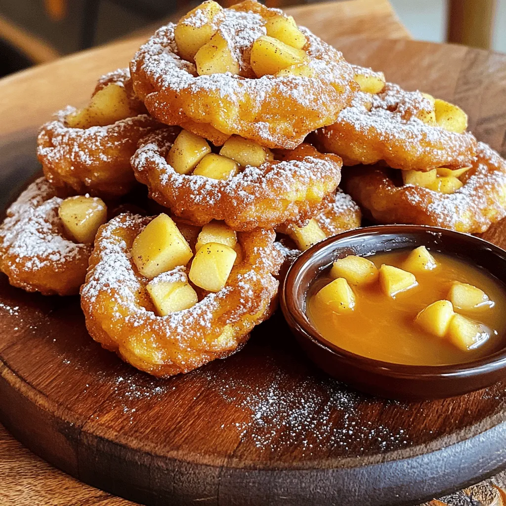 - 2 medium apples (preferably honeycrisp or granny smith), peeled and diced - 1 cup all-purpose flour - 2 tablespoons granulated sugar - 1 teaspoon baking powder - 1 teaspoon ground cinnamon - 1/2 teaspoon salt - 1/3 cup milk - 1 large egg - 1 teaspoon vanilla extract - Oil for frying - 1/2 cup powdered sugar (for coating) - 2 teaspoons ground cinnamon (for coating) - 2 tablespoons granulated sugar (for coating) - Chopped nuts (e.g., walnuts or pecans) - Dried fruits (e.g., raisins or cranberries) - Mixing bowls - Whisk - Skillet or deep fryer - Cookie scoop or spoon - Paper towels Cinnamon sugar apple fritters are a fun treat. The apples bring sweetness and crunch. I like to use honeycrisp or granny smith apples. Their flavors shine through. You will need some basic items from your kitchen. A mixing bowl helps combine your dry and wet ingredients. A whisk makes it easy to mix. For frying, choose a skillet or deep fryer. This helps achieve that perfect golden brown color. Don’t forget the oil for frying! It’s key for a crispy texture. You can also add chopped nuts or dried fruits for extra flavor. These optional add-ins make each fritter unique. This list covers everything you need. Gather your ingredients and tools. Let’s get ready to make these delicious fritters! - Combine diced apples with 2 tablespoons of granulated sugar and set aside. - In a separate bowl, mix 1 cup of flour, 1 teaspoon of baking powder, 1 teaspoon of ground cinnamon, and 1/2 teaspoon of salt. - In another bowl, whisk together 1/3 cup of milk, 1 large egg, and 1 teaspoon of vanilla extract until smooth. - Slowly add the wet mixture to the dry ingredients. Stir gently until just combined. Do not overmix. - Fold in the diced apples and any juices they released into the batter. - In a large skillet, heat about 2 inches of oil over medium heat. - To test if the oil is ready, drop a small amount of batter in. If it sizzles and rises, it’s hot enough. - Carefully drop dollops of batter into the hot oil, frying only a few at a time. Fry for 2-3 minutes on each side until golden brown. - In a small bowl, mix 1/2 cup of powdered sugar, 2 teaspoons of ground cinnamon, and 2 tablespoons of granulated sugar. - While the fritters are still warm, toss them in this mixture until well coated. - Place the fritters on a plate and let them cool slightly before serving. - To keep fritters crispy, heat oil to the right temperature. - Test oil by dropping a small batter piece in it. If it sizzles, it’s ready. - Fry fritters in small batches. This keeps the oil hot and prevents greasiness. - Try adding nutmeg or ginger to the batter for unique flavor. - If you prefer sweeter fritters, increase the sugar in the batter or coating. - Serve fritters warm for the best taste. - Dust them with powdered sugar for a lovely look. - Offer dips like caramel sauce or warm maple syrup on the side. {{image_2}} When you make cinnamon sugar apple fritters, you can switch things up. Here are some fun variations to try. If you want a gluten-free option, simply swap all-purpose flour for a gluten-free flour blend. This way, everyone can enjoy these tasty treats! To make these fritters vegan, replace the egg with a flaxseed egg or applesauce. Just mix one tablespoon of flaxseed meal with three tablespoons of water, then let it sit for a few minutes. Use plant-based milk instead of regular milk to keep it dairy-free. Don’t limit yourself to apples! You can use pears or peaches instead for a different flavor. For a fruity twist, add seasonal berries like blueberries or raspberries. These changes will give your fritters a new taste every time. To keep your fritters fresh, store them in an airtight container at room temperature. This helps keep them soft and tasty. They will last for up to 2 days. Try to eat them within this time for the best flavor. If you want to save some fritters for later, freezing is a great option. First, place the fritters on a baking sheet in a single layer. Freeze them until solid, then transfer them to a freezer bag. This way, they won’t stick together. When you want to enjoy them, just thaw and reheat in an oven or skillet. The best way to reheat fritters is in the oven. This keeps them crispy and delicious. Avoid using the microwave, as it can make the fritters soggy. A hot oven gives you that nice crunch again, just like when they were fresh! Yes, prepare the batter in advance and store covered in the fridge. This way, you can save time when you want to fry them. Just stir the batter again before using. Fritters should be golden brown; you can cut one open to check for doneness. If the inside looks cooked and not wet, they are ready. The outside will be crispy and delicious! Honeycrisp and Granny Smith are ideal for their sweetness and texture. Honeycrisp adds a nice crunch, while Granny Smith gives a tart flavor. Both work great in this recipe! Absolutely! Try using chocolate or a simple glaze instead of cinnamon sugar. You can get creative and make it your own. A chocolate coating can add a rich flavor. Modify the sugar in the batter and coating according to your taste preference. If you like it sweeter, add more sugar. For less sweetness, cut back on the sugar used. Cinnamon Sugar Apple Fritters are fun and easy to make. We covered all the key steps. You need basic ingredients and some simple tools. Frying tips help ensure crispiness, while customization options keep it exciting. Store fritters right for the best taste. With different variations, there's something for everyone. Enjoy your delicious treats fresh or later! Now, go ahead and try making these tasty fritters yourself. You'll be glad you did!