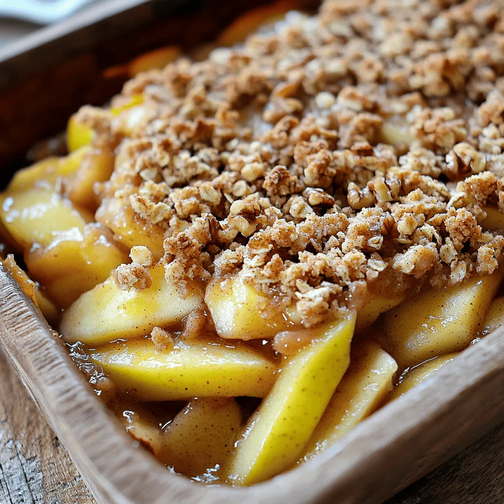 To make a great cinnamon apple crisp, you need these key items: - 6 medium apples (Granny Smith or Honeycrisp), peeled, cored, and sliced - 1 tablespoon lemon juice - 1/2 cup brown sugar, packed - 1 teaspoon ground cinnamon - 1/4 teaspoon nutmeg - 1 cup rolled oats - 1/2 cup all-purpose flour - 1/2 cup unsalted butter, melted - 1/4 teaspoon salt These ingredients mix together to create a sweet and warm dessert. You can add some optional items to make your crisp even better: - 1/2 cup chopped nuts (walnuts or pecans) - A pinch of vanilla extract for extra richness These additions can add texture and a deeper taste. When it comes to baking, the type of apple matters. Granny Smith apples are tart. They work well in crisps. Their firm texture holds up during baking. Honeycrisp apples are sweet and juicy. They add a different flavor to the dish. Many people like a mix of both for the best taste. Try both types to see which you enjoy more! Start by peeling, coring, and slicing 6 medium apples. I like Granny Smith and Honeycrisp. They give a nice tartness. In a large bowl, mix the apple slices with 1 tablespoon of lemon juice. This keeps them fresh and adds a zing. Next, add 1/2 cup of packed brown sugar, 1 teaspoon of ground cinnamon, and 1/4 teaspoon of nutmeg. Toss everything until the apples are well coated. Finally, transfer this mixture into a greased 9x13-inch baking dish. This dish will hold all the goodness. In another bowl, combine 1 cup of rolled oats, 1/2 cup of all-purpose flour, and 1/4 teaspoon of salt. If you like nuts, add 1/2 cup of chopped walnuts or pecans at this point. Pour in 1/2 cup of melted unsalted butter. Mix this all together until it looks crumbly and even. This topping will create a crunchy layer on top of the soft apples. Preheat your oven to 350°F (175°C) while you prepare. Once your apple mixture and oat topping are ready, spread the topping evenly over the apples in the baking dish. Bake for 30-35 minutes. Look for a golden brown top and bubbly apples. Once done, let it cool for a few minutes. It tastes amazing warm! For a special treat, serve with a scoop of vanilla ice cream and a sprinkle of cinnamon on top. Enjoy! Choose apples that are firm and crisp. Granny Smith apples work well for their tartness. Honeycrisp apples add sweetness and flavor. Look for apples without bruises or soft spots. The right apples make your crisp shine. For a great crust, use cold butter. This helps create a nice crunch. Mix the oats and flour with the butter until it looks crumbly. Don't over-mix it; small clumps give the best texture. Adding nuts can give extra flavor and crunch. Don't skip the lemon juice; it adds brightness. Use too much sugar, and the dish will be overly sweet. Make sure the apples are sliced evenly for even cooking. Also, avoid baking the crisp for too long. You want a golden crust, not burnt. {{image_2}} You can easily make this dessert gluten-free. Use gluten-free oats and flour. These swaps work well without changing the taste. Just check the labels to ensure they are truly gluten-free. This way, everyone can enjoy the crisp, no matter their diet. For a vegan version, swap the butter for coconut oil or a plant-based butter. Use maple syrup instead of brown sugar for sweetness. These changes keep the flavors rich and delightful. You won't miss the dairy at all! Get creative with spices! You can add cardamom or ginger for a warm twist. If you like nuts, try adding almonds or hazelnuts. Dried fruits like raisins or cranberries also add a nice touch. Mix and match to find your favorite flavor combo! To keep your leftover cinnamon apple crisp fresh, store it in an airtight container. Make sure it cools down first. You can place it in the fridge for up to five days. This keeps the flavors intact and the topping from getting too soggy. When you want to enjoy the crisp again, preheat your oven to 350°F (175°C). Place the apple crisp in a baking dish. Cover it with foil to prevent burning. Heat for about 15-20 minutes. This method keeps the topping crunchy and the apples warm. Yes, you can freeze cinnamon apple crisp! First, let it cool down completely. Then, wrap it tightly in plastic wrap and foil. It should last up to three months in the freezer. When you’re ready to eat, thaw it in the fridge overnight. Reheat as described above for best taste. Yes, you can use frozen apples. Just thaw them before mixing with other ingredients. Drain any excess liquid to avoid a soggy crisp. Frozen apples may not hold their shape like fresh ones, but they will still taste great. You can prepare the apple filling and oat topping separately. Store each in the fridge for up to a day. When you are ready to bake, layer them in the dish and bake as usual. This saves time and keeps everything fresh. This dish shines with a scoop of vanilla ice cream on top. You can also serve it with whipped cream or a drizzle of caramel sauce. For a twist, try adding a dollop of yogurt for a creamy touch. Cinnamon apple crisp is easy and fun to make. We covered key ingredients, tips, and variations. Choosing the right apples, like Granny Smith or Honeycrisp, makes a big difference. With the right steps, your crisp will have a perfect topping and crust. Don't forget to explore gluten-free and vegan options. Now, you can store or freeze leftovers with ease. Dive into this delicious treat, and enjoy the rewards in your kitchen!
