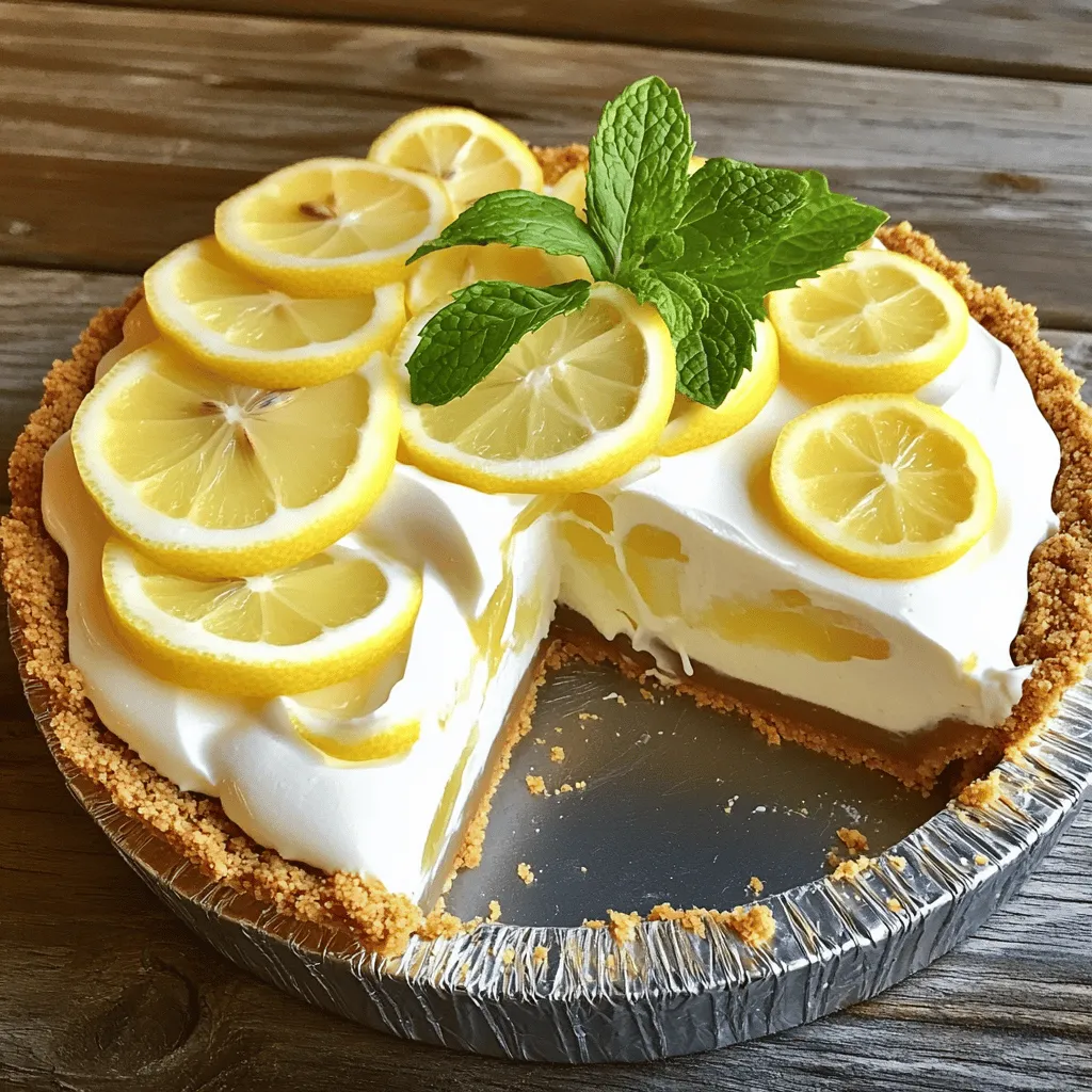 - 1 ½ cups graham cracker crumbs - ½ cup unsalted butter, melted - 1 cup granulated sugar - 1 can (14 ounces) sweetened condensed milk - ½ cup freshly squeezed lemon juice - Zest of 2 lemons - 1 teaspoon vanilla extract - 1 cup heavy whipping cream - Optional: Lemon slices and mint leaves for garnish To make the No-Bake Lemon Icebox Pie, you need some simple yet key ingredients. First, graham cracker crumbs form the crust. I use 1 ½ cups of these crumbs. They give a sweet and crunchy base. Next, I melt ½ cup of unsalted butter. This helps bind the crumbs together. For the filling, I grab 1 cup of granulated sugar. It adds the right amount of sweetness. Then, I use a can of sweetened condensed milk (14 ounces). This makes the filling creamy and rich. Freshness is key, so I squeeze ½ cup of lemon juice. I also add the zest of 2 lemons for extra zing. A teaspoon of vanilla extract brings depth to the flavor. Finally, to make it light and airy, I whip up 1 cup of heavy whipping cream. If you want to dress it up, add lemon slices and mint leaves on top. These garnishes make it look pretty and add a fresh touch. Each ingredient plays its role in creating this refreshing pie. First, take a medium bowl and add the graham cracker crumbs. Next, pour in the melted butter. Mix these two together until it looks like wet sand. Now, grab a 9-inch pie pan. Press the crumb mixture evenly into the bottom and up the sides of the pan. This step is key for a good crust. After that, place the pan in the fridge for about 15 to 20 minutes to let it set. This will help the crust hold its shape. In a large mixing bowl, add the sweetened condensed milk. Then, add the granulated sugar, freshly squeezed lemon juice, lemon zest, and vanilla extract. Use a whisk to combine these ingredients. Keep whisking until the mixture is smooth and creamy. This is where the bright lemon flavor comes from, so take your time to mix well. Next, take a separate bowl and pour in the heavy cream. Use an electric mixer to whip the cream until it forms stiff peaks. This means when you lift the beaters, the cream should hold its shape. Once you achieve this, gently fold the whipped cream into the lemon mixture. Use a spatula and be careful not to over-mix. You want to see some white streaks for a light and fluffy filling. Now it's time to fill the crust. Carefully pour the lemon filling into the prepared graham cracker crust. Use a spatula to smooth the top of the pie. Make sure it looks nice and even. This is where you can get creative with the presentation. Cover the pie with plastic wrap. Place it in the refrigerator for at least 4 hours. This chilling time is crucial for the pie to firm up. Don't rush this step; a well-chilled pie is important. Once the pie is set, take it out of the fridge. Use a sharp knife to slice it into pieces. For a nice touch, garnish each slice with lemon slices and fresh mint leaves. This makes the pie look even more inviting and adds a burst of color. Enjoy your refreshing No-Bake Lemon Icebox Pie! To make your No-Bake Lemon Icebox Pie shine, always use fresh lemon juice. Fresh juice gives a bright, zesty flavor that bottled juice can’t match. The zest from two lemons adds even more brightness and aroma. Using quality vanilla extract is also key. It adds warmth and depth to your pie. Just one teaspoon can change the flavor from good to great. A firm crust is essential for this pie. After mixing the graham cracker crumbs and melted butter, press it down firmly into the pie pan. A strong base keeps the filling from oozing out later. When you whip the cream, ensure it reaches stiff peaks. This step creates a light and airy texture. When folding it into the lemon mixture, do it gently. Use a spatula and fold until no white streaks remain. This keeps the filling fluffy and smooth. One common mistake is over-mixing the filling. If you mix too much, it can become runny. Just whisk until smooth and combined. Another mistake is not chilling the pie long enough. The pie needs at least four hours in the fridge to set properly. If you skip this step, the filling may not hold its shape when you slice it. Be patient; the wait will be worth it! {{image_2}} You can make your no-bake lemon icebox pie even more fun! Try adding other citrus fruits like lime or orange for a fresh twist. Just replace some of the lemon juice with lime or orange juice. This change gives the pie a unique taste and bright color. You can also mix in different extracts. Almond or coconut extract can add a new layer of flavor. Just a teaspoon will do. Be careful not to overpower the lemon taste. If you want a lighter version, consider low-sugar options. Use a sugar substitute like stevia or monk fruit. These can keep the sweet taste without all the sugar. For those who need dairy-free choices, replace the heavy cream with coconut cream. It whips up nicely and adds a tropical flavor. You can also use a dairy-free sweetened condensed milk. Both swaps keep the pie creamy and delicious. Garnishing your pie can make it look even better! You can add lemon slices on top for a pop of color. Fresh mint leaves add a nice touch and a hint of freshness. For a fun twist, try adding berries like raspberries or blueberries. They pair well with the lemon flavor and make the pie more appealing. Serve with whipped cream for extra richness. To keep your no-bake lemon icebox pie fresh, cover it tightly with plastic wrap. This helps prevent it from absorbing any strong smells from your fridge. You can also use a pie keeper if you have one. The pie remains good for about three to four days in the fridge. It's best to eat it within this time for the best taste. If you want to store the pie for longer, freezing works well. First, slice the pie into pieces. Wrap each slice in plastic wrap, then place them in a freezer-safe bag. This way, you can grab just what you need. The pie can stay in the freezer for up to a month. When you're ready to enjoy it, take out a slice and let it thaw in the fridge overnight. After storing, the pie may lose some of its shine. To make it look fresh again, add new garnishes. A few lemon slices and mint leaves on top can bring it back to life. You can also drizzle some honey or a light lemon glaze for added flavor. Serve it chilled for the best experience! Yes, you can use bottled lemon juice. However, fresh lemon juice gives the best flavor. Fresh juice tastes brighter and more vibrant than bottled juice. Bottled juice often has preservatives, which can change the taste. If you want the most zesty pie, stick to fresh lemons. Always choose quality when it comes to taste! The pie can last for about 3 to 4 days in the fridge. Make sure to cover it well with plastic wrap. This keeps the pie fresh and prevents it from absorbing other odors. After a few days, the pie may lose some of its texture. It might get a bit soggy, but it will still taste good. Yes, this pie is great for making ahead of time. You can prepare it a day or two before serving. Just follow all the steps and chill it. It will taste even better as the flavors meld together. Just remember to keep it covered in the fridge. Enjoy the ease of having a delicious dessert ready to go! This blog post shared a full guide on making a delicious lemon pie. We covered the key ingredients, step-by-step instructions, and tips for the best flavor and texture. You learned how to assemble, chill, and serve the pie, along with storage and variations to try. Remember, using fresh ingredients boosts flavor. Now, you're ready to impress friends and family with your lemon pie. Enjoy the process and taste the freshness. Your baking skills can shine bright with this simple yet delightful dessert!