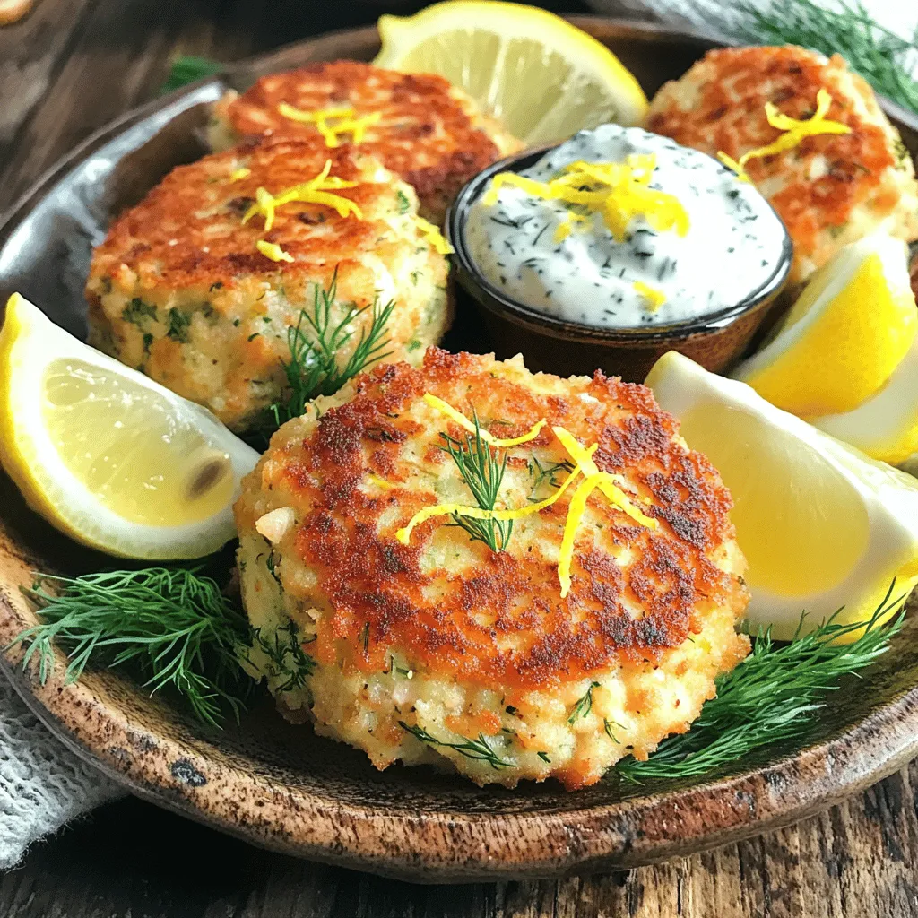 To make Lemon Dill Salmon Cakes, you need the following: - 1 can (14.75 oz) wild-caught salmon, drained and flaked - 1/2 cup breadcrumbs (preferably panko for extra crunch) - 1 large egg, beaten - 2 tablespoons fresh dill, chopped - 1 tablespoon lemon zest - 2 tablespoons lemon juice - 1 green onion, finely chopped - 1/4 teaspoon garlic powder - 1/4 teaspoon black pepper - 1/2 teaspoon salt - 2 tablespoons olive oil (for frying) Using fresh salmon gives a vibrant taste, but canned salmon is great too. Canned salmon is easy, quick, and still tasty. It’s also packed with nutrients. Look for wild-caught salmon if possible. This type offers better flavor and health benefits. If you need gluten-free options, use gluten-free breadcrumbs. They work well and still keep the cakes crispy. You can also use crushed crackers instead of breadcrumbs. This gives a different texture but is still delicious. For a lighter option, try baking instead of frying. Just add a bit of olive oil to help with crispiness. To start, grab a large mixing bowl. Open your can of wild-caught salmon and drain it well. Flake the salmon with a fork. Add in 1/2 cup of breadcrumbs. I like to use panko for extra crunch. Next, crack one large egg into the bowl and beat it lightly. This helps bind the mixture. Then, add 2 tablespoons of fresh dill, 1 tablespoon of lemon zest, and 2 tablespoons of lemon juice. Don’t forget the 1 finely chopped green onion, 1/4 teaspoon of garlic powder, 1/4 teaspoon of black pepper, and 1/2 teaspoon of salt. Mix everything together until it’s well combined. If your mixture feels dry, add a little more lemon juice. If it’s too wet, toss in more breadcrumbs. You want a nice, moldable texture. Now, it’s time to shape the mixture into patties. Take a handful of the mixture and form it into a ball. Then, press it down gently to make a patty that is about 2-3 inches wide. Make sure the patties hold their shape. If they crumble, try adding more egg or breadcrumbs. Place the shaped patties on a plate as you go. This step is key for easy cooking later. Heat 2 tablespoons of olive oil in a large skillet over medium heat. You want the oil hot but not smoking. Once ready, carefully place the salmon cakes in the skillet. Work in batches if needed, giving them space. Cook each patty for about 4-5 minutes. You want them golden brown and crispy on each side. After cooking, remove them from the skillet and set them on a paper towel. This helps soak up any extra oil. Enjoy your crispy salmon cakes warm, with some lemon wedges on the side. You can tell when the salmon cakes are done by looking for a golden brown color. Each side should be crispy and firm to the touch. If you press gently, the cakes should bounce back a bit. The internal temperature should reach 145°F for safe eating. Trust your eyes and touch; they will guide you! One common mistake is not draining the salmon well. If you skip this step, the mixture can become too wet. This makes it hard to form patties. Another mistake is flipping the cakes too soon. Let them cook undisturbed for 4-5 minutes to form a nice crust. Finally, don’t skip the breadcrumbs, as they add crunch. Using a large mixing bowl makes combining ingredients easy. A spatula or spoon helps mix things well. A frying pan with a non-stick surface is great for cooking. If you want uniform patties, use a measuring cup or a mold. Lastly, a thermometer can help you check the doneness of your salmon cakes. {{image_2}} You can easily boost your Lemon Dill Salmon Cakes by adding veggies. Try mixing in finely chopped bell peppers, carrots, or zucchini. These add color and crunch. Plus, they increase the nutrition in your meal. Aim for about half a cup of veggies. Make sure to chop them small. This way, they blend well into the salmon mixture. If you want to change the flavor, try using different herbs or spices. Fresh parsley or cilantro can add a new twist. You might also like to add some capers for a briny kick. For a spicy touch, try adding a pinch of cayenne pepper or paprika. Just remember to adjust the salt if you add salty ingredients like capers. Baking is a great option if you want a lighter dish. Preheat your oven to 375°F. Place the salmon cakes on a lined baking sheet. Bake for about 15-20 minutes until they are golden. Frying gives a crispy texture that many enjoy. Use medium heat and flip them carefully to avoid breaking. Both methods yield tasty results, so choose what suits your taste best! To store leftover salmon cakes, place them in an airtight container. Make sure they cool down first. Layer parchment paper between the cakes to prevent sticking. Store them in the fridge for up to three days. This keeps them fresh and tasty. To reheat your salmon cakes, use a skillet. Heat it over medium heat and add a small amount of oil. Place the cakes in the skillet for about three to four minutes on each side. This method helps keep them crispy. You can also use an oven. Preheat it to 350°F (175°C) and bake the cakes for about 10 minutes. This way, they warm up evenly without losing texture. You can freeze salmon cakes for later meals. First, shape the patties but do not cook them. Place the uncooked cakes in a single layer on a baking sheet. Freeze them for about an hour until firm. Then, transfer them to a freezer bag. Squeeze out the air and seal it well. They can stay frozen for up to three months. When you're ready to eat, cook them straight from the freezer. Just add a few extra minutes to the cooking time. This makes meal prep easy and convenient. Yes, you can use fresh salmon. Just cook it first, then flake it. Fresh salmon gives a nice flavor. It will also make your cakes taste more rich. Just make sure to remove any bones before mixing it. Several sides go great with these salmon cakes. Here are a few ideas: - A simple green salad with light dressing - Roasted vegetables like asparagus or carrots - Crispy potato wedges or sweet potato fries - Steamed rice or quinoa for a filling meal These sides make a colorful plate and balance the flavor of the cakes. To make this dish dairy-free, skip any dairy sauces. Use a dairy-free yogurt for serving. For a vegetarian option, try using chickpeas or mashed beans instead of salmon. You can season them with the same herbs and spices for tasty cakes. This post covered how to create delicious salmon cakes. We explored the ingredients, from fresh versus canned salmon to gluten-free options. I walked you through the steps to prepare and cook them perfectly. You learned tips for cooking and storing leftovers, plus variations to try. Salmon cakes are versatile and tasty. With these methods and insights, you can enjoy them again and again. Happy cooking!