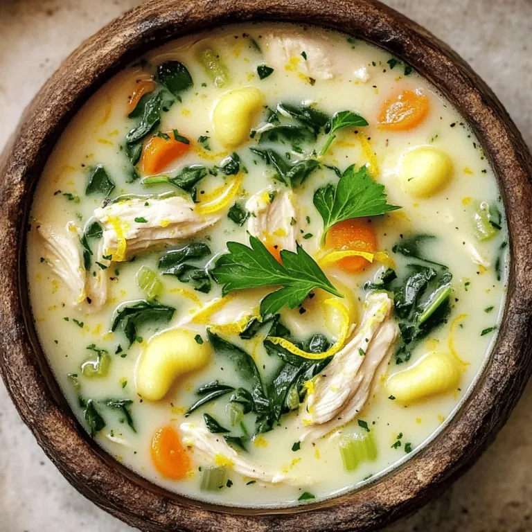 To make Creamy Lemon Chicken Gnocchi Soup, gather these main ingredients: - 1 lb boneless, skinless chicken breast, diced - 1 tablespoon olive oil - 3 cloves garlic, minced - 1 medium onion, diced - 3 medium carrots, sliced - 2 celery stalks, chopped - 6 cups chicken broth - 1 cup heavy cream - 1 cup spinach leaves, packed - 1 package (16 oz) gnocchi - Juice and zest of 1 lemon - 1 teaspoon dried thyme - Salt and pepper to taste - Fresh parsley for garnish These ingredients come together to create a rich and creamy soup that warms the soul. For a touch of flair, consider these optional garnishes: - Fresh parsley, chopped - Lemon slices or wedges - Grated Parmesan cheese - Cracked black pepper These garnishes add color and flavor, making your soup look and taste even better. You can easily adjust this recipe for dietary needs. Here are some smart substitutions: - Use chickpeas instead of chicken for a plant-based meal. - Swap heavy cream with coconut milk for a dairy-free option. - Choose gluten-free gnocchi if you need to avoid gluten. These substitutions ensure everyone can enjoy this comforting dish. Start by gathering all your ingredients. You will need: - 1 lb boneless, skinless chicken breast, diced - 1 tablespoon olive oil - 3 cloves garlic, minced - 1 medium onion, diced - 3 medium carrots, sliced - 2 celery stalks, chopped - 6 cups chicken broth - 1 cup heavy cream - 1 cup spinach leaves, packed - 1 package (16 oz) gnocchi - Juice and zest of 1 lemon - 1 teaspoon dried thyme - Salt and pepper to taste - Fresh parsley for garnish Chop the vegetables and dice the chicken before you start cooking. This step saves time. In a large pot, heat the olive oil over medium heat. Add the diced chicken. Cook until browned, about 5-7 minutes. After that, add the minced garlic, diced onion, sliced carrots, and chopped celery. Sauté these veggies until they are tender, around 5 minutes. Next, pour in the chicken broth. Bring the mixture to a boil. Then, lower the heat and let it simmer for 10 minutes. This step allows the flavors to mix well. Now, stir in the gnocchi. Cook for 3-5 minutes until the gnocchi floats. This shows they are ready. Lower the heat again and add the heavy cream, spinach leaves, lemon juice, lemon zest, dried thyme, salt, and pepper. Stir everything together and let it heat through for another 2 minutes. Finally, taste the soup. Adjust the seasoning as needed with more salt, pepper, or lemon juice. Serve the soup hot in bowls. Garnish with freshly chopped parsley for a pop of color. This soup pairs perfectly with crusty bread for dipping. Enjoy the warm, creamy goodness! To boost the creaminess, add more heavy cream. You can also mix in a bit of cream cheese. This gives a rich texture. If you prefer, use sour cream for a tangy twist. Blending in some cooked potatoes will thicken the soup too. Just mash them well before adding. You can swap chicken for turkey or diced tofu for a vegetarian option. If you want a lighter soup, use half-and-half instead of heavy cream. For a dairy-free version, try coconut milk. Use fresh herbs like basil or dill if you don’t have thyme. If you can’t find gnocchi, small pasta shapes work well. Adding a splash of white wine can deepen the flavors. You might also consider a pinch of red pepper flakes for heat. Fresh lemon juice and zest brighten the soup. For extra depth, sauté the garlic until golden. Don’t forget to taste and adjust with salt and pepper as you go! {{image_2}} To make a vegetarian version of creamy lemon chicken gnocchi soup, swap the chicken for hearty veggies. Use mushrooms, zucchini, or eggplant to add bulk and flavor. You can also mix in chickpeas for protein. Replace chicken broth with vegetable broth for a rich base. The heavy cream can be changed to coconut milk for creaminess. Add lemon juice and zest just as you would in the original recipe. This gives you a bright, fresh taste. If you need a gluten-free option, choose gluten-free gnocchi. Many brands offer gluten-free varieties made from potatoes or rice. For the broth, ensure it is labeled gluten-free. You can also thicken the soup with cornstarch instead of regular flour. Just mix the cornstarch with a bit of cold water before adding it to the soup. This keeps the soup smooth and creamy without gluten. You can use other proteins instead of chicken. Shrimp works well and cooks fast. Just add it in during the last few minutes of cooking. Tofu is another great choice for a plant-based protein. Use firm tofu, cubed and sautéed until golden. You can also use leftover rotisserie chicken if you want a quick option. This adds flavor and cuts down on prep time. Each option brings a unique twist to the soup, making it your own. You can store your Creamy Lemon Chicken Gnocchi Soup in the fridge. Use an airtight container to keep it fresh. It will last for about 3-4 days. When you want to eat it, just check for any off smells or colors before heating. If you need to keep it longer, freezing is a great option. Pour the soup into freezer-safe containers. Leave some space at the top, as it will expand when frozen. It can stay fresh for up to 3 months in the freezer. Label the containers with the date for easy tracking. To reheat, you can use the stove or microwave. For the stove, pour the soup into a pot. Heat it over medium heat, stirring often, until it's hot. In the microwave, use a microwave-safe bowl. Heat in short bursts, stirring in between, to avoid hot spots. Make sure it reaches a safe temperature before serving. Yes, you can make this soup ahead of time. Prepare the soup, but don't add the gnocchi yet. Store it in an airtight container in the fridge for up to three days. When you're ready to eat, reheat the soup on the stove. Add the gnocchi while it's heating, and cook until they float. This keeps the gnocchi from becoming mushy. To make the soup less rich, you can reduce the heavy cream. Use half a cup instead of a full cup. You can also swap the cream for milk or a lower-fat milk alternative. Adding more chicken broth can help keep the soup flavorful without the extra richness. This soup pairs well with crusty bread or a fresh salad. A green salad with a light vinaigrette works great. For a heartier meal, serve it with garlic bread. You could also offer some grated cheese on the side for those who want an extra touch. You learned about the main ingredients for Creamy Lemon Chicken Gnocchi Soup, including optional garnishes and substitutions for diets. I shared step-by-step instructions for cooking, along with tips to enhance texture and flavor. You also discovered variations, like vegetarian and gluten-free options, plus storage info for leftovers. I hope you feel ready to make this delicious soup. Enjoy the cooking process and share your tasty results!