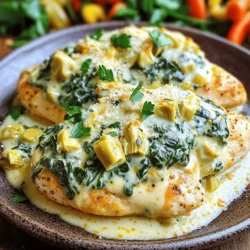 - 4 boneless, skinless chicken breasts - 1 cup fresh spinach, chopped - 1 cup canned artichoke hearts, drained and chopped - 1 cup cream cheese, softened - 1/2 cup sour cream - 1 cup shredded mozzarella cheese - 1/4 cup grated Parmesan cheese To make this dish shine, use fresh ingredients. I love the taste of fresh spinach and artichokes. The cream cheese and sour cream bring a rich texture. Combining mozzarella and Parmesan creates a cheesy delight. - 1 tablespoon olive oil - 2 garlic cloves, minced - Salt and pepper to taste - 1 teaspoon Italian seasoning Seasoning is key to flavor. I use olive oil to sear the chicken. It helps to lock in the juices. Garlic adds a lovely aroma and taste. Italian seasoning gives it a warm, herby note. Don't forget to season the chicken well with salt and pepper. - Fresh parsley - Sides suggestions: sautéed vegetables or a light salad Garnishing with fresh parsley adds color. It also brings a fresh taste to the dish. Pair this chicken with sautéed vegetables or a light salad for balance. The sides will complement the creamy chicken beautifully. 1. Preheat your oven to 375°F (190°C). This step gets your oven ready for baking. 2. Season the chicken breasts with salt, pepper, and Italian seasoning. Make sure to cover both sides well. This adds great flavor. 3. Sear the chicken breasts in a large skillet. Heat olive oil over medium-high heat. Place the chicken in the skillet. Cook for about 5 minutes on each side until golden brown. Remove the chicken from the skillet and set it aside. This step locks in taste and keeps the chicken juicy. 1. Sauté the garlic in the same skillet. Lower the heat to medium and add minced garlic. Cook for 1 minute until it smells good. 2. Add spinach and artichokes to the skillet. Cook for 2-3 minutes until the spinach wilts. This brings out the flavors of the veggies. 3. Combine the cheese mixture in a bowl. Mix together softened cream cheese, sour cream, mozzarella, and Parmesan until it’s smooth. 4. Stir in the sautéed mixture with the cheese mixture. Make sure everything is well combined for a creamy texture. 1. Spread the creamy mixture evenly over the seared chicken breasts in the skillet. Make sure to cover them well. 2. Transfer the skillet to your preheated oven. Bake for 25-30 minutes. The chicken should be cooked through, and the cheese should be bubbly and golden. 3. Let it rest for 5 minutes after baking. This helps the flavors settle before serving. To get the right creaminess in your creamy spinach artichoke chicken, use softened cream cheese. This makes mixing easier. Combine it with sour cream and cheese for a smooth blend. Ensure you stir well to avoid lumps. To stop the chicken from drying out, sear it just until golden. Don't cook it all the way through; it will finish in the oven. Keep the skillet on medium heat when you add the spinach and artichokes. This helps them cook without losing moisture. Pair this dish with sautéed vegetables for a bright plate. Green beans, carrots, or asparagus work well. A light salad is also a great choice. They add freshness and crunch. For a nice presentation, place each chicken breast on a plate and spoon extra creamy sauce over the top. Add a sprinkle of fresh parsley for color. This small touch makes the meal look gourmet. For a dairy-free option, use a dairy-free cream cheese. You can also try Greek yogurt instead of sour cream. For a lighter taste, swap mozzarella for a lower-fat cheese. Adjust the seasonings to your liking. If you want more flavor, add more garlic or Italian seasoning. Tasting as you go helps you find the perfect balance. {{image_2}} You can make this dish even better by adding more veggies. Try using bell peppers, mushrooms, or zucchini. These veggies add color and flavor. To add them, chop them into small pieces. Sauté them in the skillet before you add the spinach and artichokes. This way, they cook well and blend with the creamy mixture. Want to spice things up? Add different herbs like basil or thyme. A pinch of red pepper flakes can bring heat. You can also change up the cheese. Try adding goat cheese or feta for a tangy twist. Mix these in with the cream cheese for a great flavor boost. If you prefer, you can cook this dish on the stovetop. Simply follow the same steps but keep the heat low. Cook until the chicken is done, about 20-25 minutes. You can also use a slow cooker. Just sear the chicken first, then add the creamy mixture. Cook on low for 4-6 hours. Grilling the chicken is another fun option. Grill the chicken breasts until cooked. Then, top them with the creamy mixture and cover until melted. Enjoy a smoky flavor with your creamy spinach artichoke chicken! Store your leftover Creamy Spinach Artichoke Chicken in the fridge. Place it in an airtight container. This keeps the chicken moist and fresh. Make sure to eat it within 3 days. If you want to enjoy later, follow the freezing tips. To freeze the chicken, let it cool first. Cut it into portions for easy use. Wrap each piece in plastic wrap, then put them in a freezer-safe bag. Remove as much air as possible before sealing. This helps avoid freezer burn. When you're ready to eat, thaw it in the fridge overnight. Reheat it in the oven or microwave until warm. In the fridge, your Creamy Spinach Artichoke Chicken stays good for about 3 days. If frozen, it can last up to 3 months. Just remember, the sooner you eat it, the better the taste! Yes, you can use frozen spinach or artichokes. However, keep in mind a few things. Frozen spinach has more water than fresh. This can make your dish watery. To fix this, thaw and drain the spinach well before using. Frozen artichokes may also change the texture. They can be softer compared to canned artichokes. If you prefer a firmer bite, stick with canned artichokes. To spice up your creamy spinach artichoke chicken, add some heat. Consider using red pepper flakes or cayenne pepper. You can also try a dash of hot sauce mixed into the creamy mixture. For a fresh kick, add chopped jalapeños or diced green chilies. This will give your dish a nice zing without losing its creamy goodness. You have many great options for side dishes. Here are a few ideas: - Garlic bread for a crunchy contrast - Sautéed vegetables, like zucchini or bell peppers - A light salad with lemon vinaigrette - Mashed potatoes for a comforting touch - Rice or quinoa to soak up the creamy sauce These sides will complement your chicken while adding more color and flavor to your plate. In this article, we explored how to make Creamy Spinach Artichoke Chicken. We covered essential ingredients like chicken, spinach, and creamy cheeses. You learned about seasoning, preparation, and baking methods. Plus, I shared tips on perfecting the dish and suggested variations. Ultimately, this recipe is versatile and easy to customize. It’s a great way to impress your family or guests with minimal effort. Enjoy making this tasty dish and feel free to experiment with your own twists!