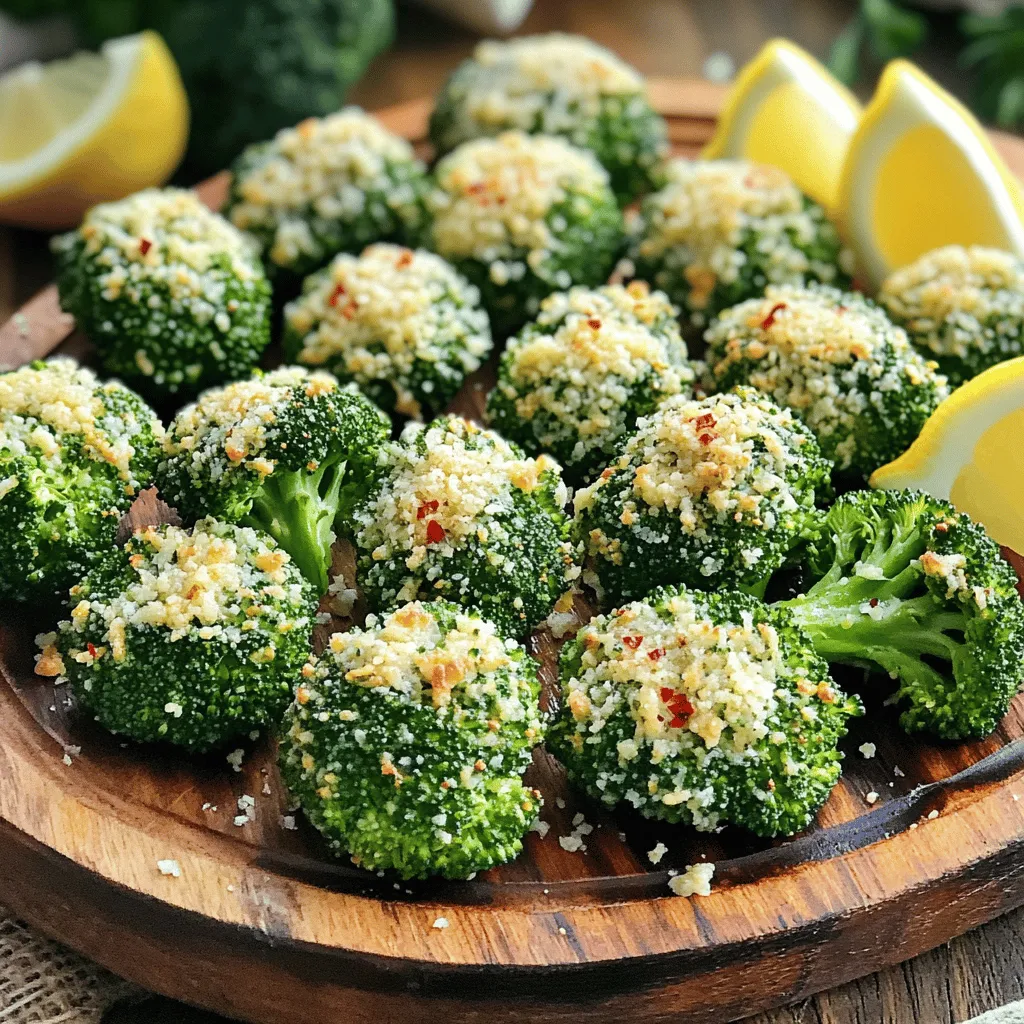 - 2 cups fresh broccoli florets - 3 cloves garlic, minced - Zest of 1 lemon - 1 tablespoon lemon juice - 2 tablespoons olive oil - ¼ cup grated Parmesan cheese - ½ teaspoon salt - ¼ teaspoon black pepper - ¼ teaspoon red pepper flakes (optional) To create these tasty Air Fryer Garlic Parmesan Broccoli Bites, you need fresh broccoli and a few simple pantry items. Fresh broccoli florets are key. They give a nice crunch when cooked. Garlic adds flavor that makes each bite special. The lemon zest and juice bring a fresh taste that brightens the dish. Next, you'll want to reach for olive oil. It helps the spices stick to the broccoli. Grated Parmesan cheese adds a rich, salty flavor that pairs perfectly with garlic. Salt and pepper are must-haves for seasoning. If you like a bit of heat, add the optional red pepper flakes. Using these fresh and pantry ingredients, you can whip up a simple yet delicious snack that everyone will enjoy. - Preheat your air fryer to 400°F (200°C). This helps cook the broccoli evenly. - In a large bowl, mix the broccoli florets, olive oil, minced garlic, salt, black pepper, and red pepper flakes. Toss it well. You want each piece coated with oil and spices. - Sprinkle the grated Parmesan cheese over the broccoli. Toss gently. Ensure every floret is covered in that cheesy goodness. - Place the broccoli in a single layer in the basket. If your air fryer is small, you may need to work in batches. - Cook for 8-10 minutes. Shake the basket halfway through. You want it crispy on the outside and tender inside. - Drizzle with fresh lemon juice and zest before serving. This adds a bright flavor that makes the dish sing. Enjoy your tasty snack! To get the best crispy bites, coat the broccoli well. Use just enough oil so that each floret shines but avoid overloading. Overloading can make them soggy. Preheat your air fryer to 400°F (200°C). This step is key for getting that nice crunch. A hot air fryer cooks the broccoli evenly and quickly. Want extra flavor? Try adding garlic powder or onion powder to the mix. These spices can really boost the taste. Fresh lemon juice also works wonders. It adds a bright, tangy kick that pairs well with the garlic and cheese. These bites are great with dips. Try pairing them with ranch or aioli for something creamy. They also make a great side dish. Serve them with grilled chicken or fish for a complete meal. Enjoy these bites hot for the best taste! {{image_2}} You can easily switch up the cheese in this recipe. Just add cheddar cheese for a fun twist. This change adds a rich, creamy flavor that kids and adults love. Use the same amount, about a quarter cup, to keep it balanced. Mix it with the broccoli and other seasonings like you do with Parmesan. If you like some heat, try adding cayenne pepper or chili flakes. A little goes a long way, so start with a pinch. This adds a nice kick that pairs well with the garlic. Toss this spice in when you coat your broccoli. It makes a great snack for those who enjoy a bit of spice in their food. For a vegan twist, simply swap the Parmesan cheese with nutritional yeast. This ingredient gives a cheesy flavor without using dairy. Use the same amount as the Parmesan to keep the taste right. Mix it in just like before. This option is perfect for those who want to enjoy the same great flavor while keeping it plant-based. Allow your broccoli bites to cool before storing. This helps prevent steam from making them soggy. Use an airtight container to keep them fresh. They will stay good in the fridge for up to three days. To enjoy crispy broccoli bites again, reheat them in the air fryer. Set the air fryer to 350°F (175°C) and cook for 3-5 minutes. This method helps regain their crunch and flavor. You can freeze broccoli bites before or after cooking. If freezing before cooking, place them on a baking sheet and freeze until solid. Then, transfer them to a freezer bag. If freezing after cooking, let them cool first. Reheat them in the air fryer whenever you want a quick snack. Air fryer garlic Parmesan broccoli bites last about 3 to 4 days in the fridge. Store them in an airtight container. This helps keep them fresh. For best results, let them cool before you store them. Reheat them in the air fryer to regain some crispiness. Yes, you can use frozen broccoli. Just make sure to thaw and drain it first. Pat it dry with a paper towel to avoid excess moisture. The cooking time may be a bit longer, so check for tenderness. This way, you still get that nice crisp texture. The best air fryer temperature for broccoli is 400°F (200°C). This high heat helps create the crispy edges we love. If your air fryer runs hot, you may want to lower the temperature by 25°F. Always shake the basket halfway through cooking for even results. This post covered how to make garlic Parmesan broccoli bites in an air fryer. We discussed fresh and pantry ingredients, step-by-step instructions, and tips for crispiness. Remember to store leftovers properly and reheat them for the best taste. You can also try different spices or cheese for variety. With these easy steps, you can enjoy a tasty side dish that fits your meals perfectly. Get ready to impress friends and family with this dish. Enjoy making your broccoli bites!