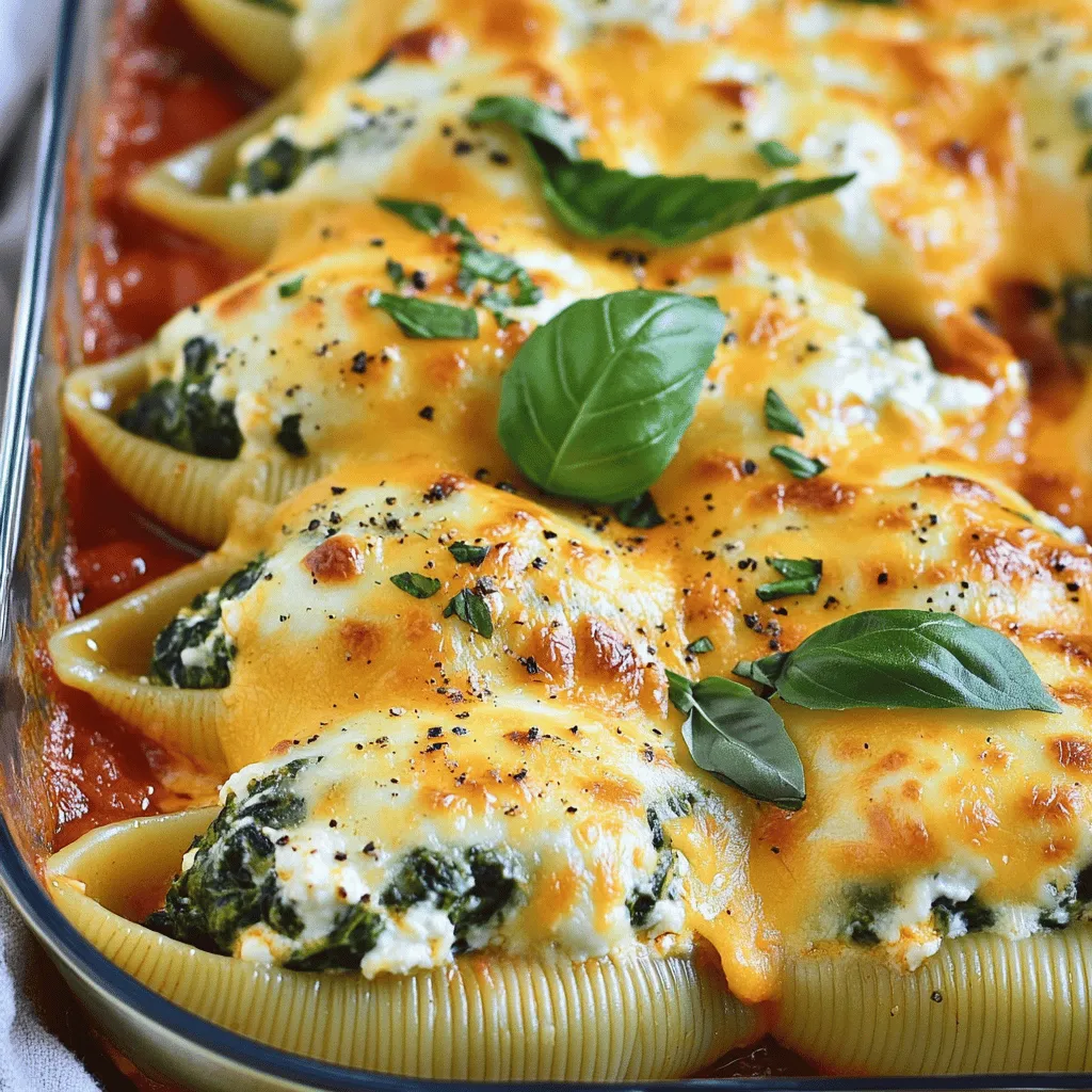 - 20 jumbo pasta shells - 2 cups ricotta cheese - 1 cup fresh spinach, chopped - 1 cup shredded mozzarella cheese - 1/2 cup grated Parmesan cheese - 1 large egg You need jumbo pasta shells to hold all the tasty filling. Ricotta cheese gives a creamy texture. Fresh spinach adds a pop of color and health. Mozzarella makes it stretchy and melty. Parmesan brings a sharp flavor. The egg helps bind it all together. - Fresh basil leaves - Additional Parmesan cheese Adding fresh basil leaves gives a bright touch. Extra Parmesan cheese on top makes it even better. These garnishes make the dish look fancy and taste great. - 2 cups marinara sauce - 1 teaspoon garlic powder - 1 teaspoon onion powder - Salt and pepper to taste Marinara sauce is key for adding moisture and flavor. Garlic and onion powder make the filling tasty. Don’t forget salt and pepper! They enhance all the flavors in the dish. These staples are easy to find in your kitchen. First, preheat your oven to 375°F (190°C). This step is crucial for even cooking. While the oven heats, bring a large pot of salted water to a boil. Add the jumbo pasta shells and cook them according to the package instructions. You want them to be al dente, so they hold their shape. After cooking, drain the shells and set them aside to cool slightly. In a large mixing bowl, combine the ricotta cheese, chopped spinach, half of the mozzarella cheese, and Parmesan cheese. Crack in one large egg to bind it all. Add one teaspoon of garlic powder and one teaspoon of onion powder for flavor. Don’t forget to season with salt and pepper. Mix everything until it’s well combined. This filling is rich and creamy, making your dish even more comforting. Now it’s time to fill the pasta shells. Use a spoon or a piping bag for this step. Carefully spoon the ricotta-spinach mixture into each shell. Next, spread a thin layer of marinara sauce on the bottom of your baking dish. Arrange the stuffed shells on top of this sauce. Pour the rest of the marinara sauce over the shells, ensuring they are well covered. Finally, sprinkle the remaining mozzarella cheese on top. Cover the baking dish with aluminum foil and bake for 20 minutes. After that, remove the foil and bake for another 10 to 15 minutes. You want the cheese to be bubbly and golden. Let it cool for a few minutes and enjoy this tasty meal! Cooking pasta shells al dente means they stay firm. If you overcook them, they can break easily. Follow the package instructions closely. After boiling, drain the shells and let them cool. To avoid sticking, toss the shells with a little oil. This simple step makes a big difference. To add more taste, use herbs and spices. Fresh basil, oregano, or thyme can make a big impact. You can also add some crushed red pepper for a kick. If you want a different cheese, try cottage cheese or vegan options. Both can work well in this dish. When baking, you can cover the dish with foil. This helps keep moisture in. Bake for 20 minutes covered, then remove the foil. This allows the cheese to brown nicely. Keep an eye on the cheese; it should be bubbly and golden. If it gets too dark, take it out. {{image_2}} You can mix things up by changing the filling. Instead of spinach, try kale or Swiss chard. Both add great taste and nutrients. You can also add cooked ground beef or sausage for a meatier option. Just cook the meat first, then mix it in with the cheese and greens. Switching the sauce can change the whole dish. You can use a creamy white sauce instead of marinara. It gives a rich flavor. Pesto is another great choice. It adds a fresh, herby taste. If you want to make your own marinara, here’s a simple recipe: - Ingredients for Homemade Marinara: - 2 tablespoons olive oil - 1 small onion, chopped - 2 garlic cloves, minced - 1 can (28 ounces) crushed tomatoes - Salt and pepper to taste - Pinch of sugar (optional) Instructions: 1. Heat olive oil in a pot over medium heat. 2. Add onion and cook until soft. 3. Stir in garlic and cook for another minute. 4. Add crushed tomatoes, salt, pepper, and sugar. Simmer for 20 minutes. Pair your stuffed shells with a simple salad. A fresh green salad with a light vinaigrette works well. You can also serve garlic bread on the side. This adds a nice crunch and flavor that complements the dish. Want more flavor? Try roasted vegetables as a side. They add color and taste to your meal. After you make spinach ricotta stuffed shells, let them cool. Place the leftovers in a sealed container. Refrigerate them within two hours. They will stay fresh for about three to five days. When you want to reheat, use the oven for the best results. Preheat your oven to 350°F (175°C). Cover the dish with foil to keep the shells moist. Heat for about 20-25 minutes or until warm. If you want to save stuffed shells for later, freezing is a great option. First, let the shells cool completely. Then, place them in an airtight container or freezer bag. They can last up to three months in the freezer. To thaw, move the container to the fridge for a night. You can also thaw them in the microwave. Reheat as mentioned above. Enjoy your meal later without losing taste! For the best taste, always check your stuffed shells for freshness. They should look bright and smell good. If you see any mold or the sauce looks strange, throw them out. Freshness is key. Always keep them in the fridge or freezer. This way, you can enjoy your tasty meal any time! It takes about 50 minutes to make Spinach Ricotta Stuffed Shells. You need 20 minutes to prep the ingredients. Cooking the shells and baking takes the remaining 30 minutes. This makes it a manageable dish for any home cook. Yes, you can make them ahead. Prepare the stuffed shells and place them in the baking dish. Cover the dish with foil and store it in the fridge for up to 24 hours. When you are ready to bake, just add a few extra minutes to the cooking time. This saves time on busy nights. If you need a substitute for ricotta cheese, try cottage cheese. It has a similar texture. You can also use cream cheese for a richer taste. For a vegan option, consider using blended tofu. It mimics the creaminess of ricotta while keeping it plant-based. You learned how to make delicious spinach ricotta stuffed shells. We covered key ingredients, preparation steps, and tasty variations. I shared tips to enhance flavor and ensure perfect baking. Remember, these shells are versatile and easy to customize. You can swap ingredients based on your taste. Enjoy your meal, whether you share it or save leftovers. With these simple steps, you’ll impress anyone at your table. Happy cooking!