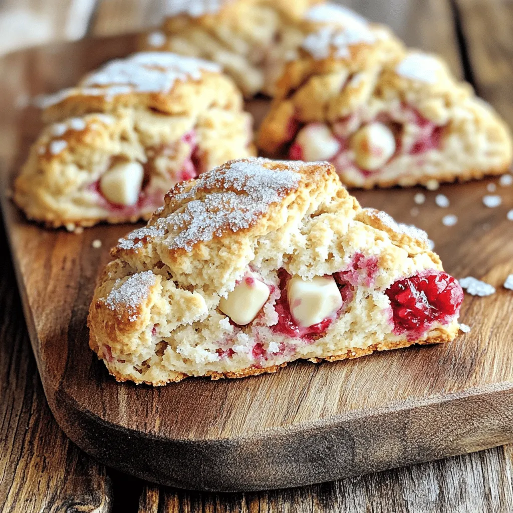To make delicious Raspberry White Chocolate Scones, you will need the following: - 2 cups all-purpose flour - 1/4 cup granulated sugar - 1 tablespoon baking powder - 1/2 teaspoon salt - 1/2 teaspoon baking soda - 1/2 cup cold unsalted butter, cubed - 3/4 cup heavy cream - 1 teaspoon vanilla extract - 1 cup fresh raspberries - 1/2 cup white chocolate chips - 1 egg (for egg wash) - Extra sugar for sprinkling on top Each ingredient plays a key role in creating the perfect scone. The flour gives structure, while sugar adds sweetness. Baking powder and baking soda help the scone rise. Cold butter creates a flaky texture. Heavy cream and vanilla add richness and flavor. Raspberries and white chocolate provide a sweet and tart contrast. If you have any dietary needs, here are some substitutions: - Use gluten-free flour for a gluten-free option. - Swap heavy cream for coconut cream if you prefer dairy-free. - Replace white chocolate with dark chocolate if you want a richer flavor. With these ingredients and substitutions, you can create a delightful treat that suits your taste and needs! Start by gathering your dry ingredients. In a large bowl, mix 2 cups of flour, 1/4 cup of sugar, 1 tablespoon of baking powder, 1/2 teaspoon of salt, and 1/2 teaspoon of baking soda. Whisk these together until they blend well. Now, add 1/2 cup of cold, cubed butter. Use your fingers or a pastry cutter to mix until it looks like coarse crumbs. This step is key; the cold butter makes your scones flaky. In another bowl, combine 3/4 cup of heavy cream and 1 teaspoon of vanilla extract. Pour this mixture into the dry mix. Stir just until it comes together. Next, gently fold in 1 cup of fresh raspberries and 1/2 cup of white chocolate chips. Be careful not to break the berries. Turn your dough onto a floured surface. Shape it into a circle about 1 inch thick. You can cut it into 8 wedges with a knife or use a round biscuit cutter for nice shapes. If you want different scone shapes, try using cookie cutters. Just remember, keep the dough thickness even. Preheat your oven to 400°F (200°C) and line a baking sheet with parchment paper. Place your scones on the sheet. Beat 1 egg in a small bowl and brush it over the tops. Sprinkle some extra sugar on top for a sweet crust. Bake the scones for 15 to 20 minutes. Look for a golden brown color. They should feel firm to the touch. Let them cool a bit on a wire rack before you serve them. To create scones with a light and fluffy texture, handle the dough gently. When you mix the butter into the flour, work quickly. You want the butter to stay cold and chunky. This helps create steam when baking, making your scones rise nicely. Use cold ingredients, especially the butter and cream. Cold items keep the dough from getting too warm, which can make your scones tough. You can add more taste to your scones by trying different flavors. For example, a pinch of almond extract or lemon zest can brighten the scone’s flavor. You can also swap out raspberries for other fruits. Blueberries, strawberries, or even cherries work well. Instead of white chocolate, try dark chocolate or milk chocolate for a different twist. One big mistake is overmixing the dough. When you mix in the raspberries and chocolate, do it gently. This keeps the berries whole and maintains a nice texture. Another mistake is not adjusting baking time for your oven. Some ovens bake hotter or cooler than others. Keep an eye on your scones. They should be golden brown and firm to the touch when done. {{image_2}} You can change your scones based on the season. When summer comes, try using peaches or blueberries. These fruits add a fresh taste. In autumn, consider using apples or cranberries. They bring a warm, cozy feel. For winter, you might add citrus fruits like orange or lemon to brighten up the flavor. During holidays, think about adding spices like cinnamon or nutmeg. These spices can make the scones feel festive and special. If you're gluten-free, swap the all-purpose flour for a gluten-free blend. Make sure it includes xanthan gum. This helps the scone hold together. For those who follow a vegan diet, replace the heavy cream with almond or coconut milk. Use coconut oil instead of butter. You can also leave out the egg wash or use a plant-based milk for a nice glaze. Scones taste great with many spreads. Try them with raspberry jam or clotted cream for a classic twist. Honey or Nutella also works well. For drinks, serve your scones with tea or coffee. A fruity herbal tea can enhance the scone flavors. You can also enjoy them with a glass of cold milk. These pairings can elevate your scone experience and bring joy to your taste buds. To keep your leftover scones fresh, use an airtight container. This helps keep moisture out. If you store them at room temperature, they last about two days. In the fridge, they stay fresh for about five days. Just make sure they’re in a sealed container to avoid drying out. To revive your scones, preheat your oven to 350°F (175°C). Place the scones on a baking sheet. Heat them for about 5 to 10 minutes. This helps them regain their soft texture. Avoid using the microwave, as it can make them soggy. If you must use a microwave, heat for just a few seconds. To freeze scones, first, let them cool completely. Then, wrap each scone in plastic wrap. Place the wrapped scones in a freezer bag. Label them with the date. They can stay in the freezer for up to three months. When ready to enjoy, take them out and let them thaw in the fridge overnight. Reheat as mentioned before for the best taste. To check if your scones are done, look for a golden brown color. The tops should feel firm to the touch. You can also insert a toothpick into the center. If it comes out clean, your scones are ready. Bake for 15-20 minutes at 400°F (200°C) for the best results. Yes, you can! Make the dough, then wrap it tightly in plastic wrap. Store it in the fridge for up to 24 hours. When ready to bake, just roll it out and cut it into shapes. This saves time and keeps the scones fresh. Serve these scones warm for the best taste. You can add a dollop of clotted cream or a spread of raspberry jam. They also pair nicely with a hot cup of tea or coffee. For a fun twist, drizzle some extra white chocolate on top. You can find the complete recipe for Raspberry White Chocolate Scones in the previous sections. Enjoy baking! You now know how to create perfect Raspberry White Chocolate Scones. We covered ingredients, mixing, and baking steps. I shared tips for texture and flavor, plus common mistakes to avoid. You can explore seasonal variations and dietary adaptations too. Finally, I explained how to store and reheat your scones for maximum taste. Enjoy experimenting with this simple recipe and impressing others with your baking skills. Happy baking!