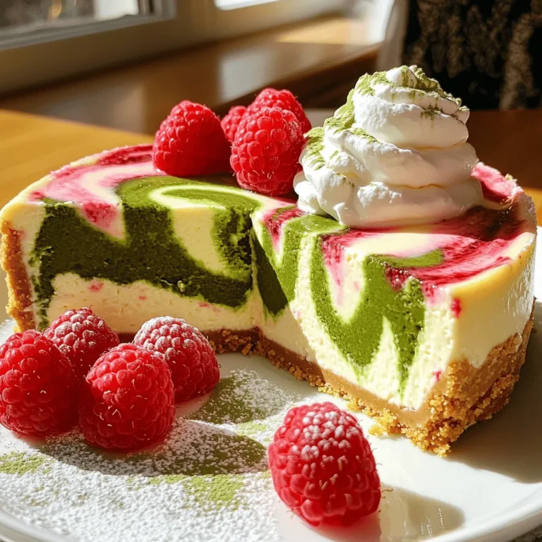 To make this delicious Matcha Raspberry Swirl Cheesecake, you need these key ingredients: - 1 ½ cups graham cracker crumbs - ½ cup unsalted butter, melted - 2 cups cream cheese, softened - 1 cup granulated sugar - ½ cup sour cream - 3 large eggs - 1 tablespoon vanilla extract - 2 teaspoons matcha green tea powder - 1 cup fresh raspberries - 1 tablespoon honey - Pinch of salt You can swap some ingredients if needed. For cream cheese, try using Greek yogurt for a lighter option. If you lack graham crackers, use crushed cookies or nuts as a crust. In place of eggs, use flaxseed meal mixed with water for a vegan option. The quality of your ingredients affects the taste. High-quality matcha gives a rich, deep flavor. Fresh raspberries add natural sweetness and brightness. Always choose the best ingredients you can find for the best cheesecake experience. Start by preheating your oven to 325°F (160°C). This helps the cheesecake bake evenly. Next, grab a 9-inch springform pan. Grease the sides well with butter or cooking spray. Line the bottom with parchment paper to prevent sticking. In a medium bowl, mix 1 ½ cups of graham cracker crumbs with ½ cup of melted unsalted butter. Stir until the crumbs are fully coated. Press this mixture firmly into the bottom of your springform pan. This step creates a solid base for your cheesecake. Bake the crust for 10 minutes, then take it out to cool. In a large mixing bowl, combine 2 cups of softened cream cheese and 1 cup of granulated sugar. Beat them together until smooth and creamy. Next, add ½ cup of sour cream and mix until it’s fully blended. Now, add 3 large eggs, one at a time. Make sure to mix well after each egg. Finally, add 1 tablespoon of vanilla extract and a pinch of salt, mixing until just combined. To get a great marbled look, use a knife or skewer. After layering the batters, gently drag it through the matcha and raspberry dollops. Start at the edge and swirl inward. Be careful not to over-mix; you want to see both colors. This method makes the dessert more eye-catching. When baking, watch for the center. It should be set but still jiggle slightly. If you see cracks, your oven may be too hot. To avoid cracks, let the cheesecake cool in the oven after baking. This gradual temperature change helps keep it smooth. For a beautiful presentation, slice the cheesecake and add fresh raspberries on top. A light dusting of extra matcha powder adds color and charm. You can also serve each slice with a dollop of whipped cream. This simple touch makes it feel special and inviting. Enjoy the stunning look and flavor! {{image_2}} You can change the flavor of your Matcha Raspberry Swirl Cheesecake. Try adding other fruits like lemon or chocolate. Lemon gives a fresh, zesty kick. Chocolate adds a rich, creamy touch. Use lemon zest to brighten the cheesecake. For chocolate lovers, mix cocoa powder with the cream cheese. Each twist keeps the dessert exciting. To make this cheesecake vegan or dairy-free, swap out cream cheese and eggs. Use cashew cream or coconut cream instead of cream cheese. For eggs, try flaxseed meal mixed with water. This mix acts like eggs in baking. You can also use a plant-based yogurt for creaminess. These swaps keep the cheesecake rich without dairy. If you want fun, individual servings, make mini cheesecakes. Use a muffin tin lined with cupcake liners. Press the graham cracker mix into each cup. Fill with cheesecake batter, swirling in matcha and raspberry as before. Bake for about 20-25 minutes. These mini treats are perfect for parties or a sweet snack. To keep your Matcha Raspberry Swirl Cheesecake fresh, store it in the fridge. First, wrap the cheesecake tightly in plastic wrap. This helps prevent it from drying out. You can also use an airtight container for extra protection. If you want to keep it safe from strong smells, this is key. Place it on a flat surface in the fridge. This keeps it from getting squished. If you want to freeze your cheesecake, slice it first. Wrap each slice in plastic wrap. Then place the wrapped slices in a freezer bag. This way, you can take out a piece whenever you want. To thaw, move a slice to the fridge for a few hours or overnight. This keeps the texture smooth and creamy. In the fridge, your cheesecake lasts about 5 to 7 days. Make sure it stays wrapped or in a container. If you freeze it, it can stay good for up to 3 months. Just remember to label the bag with the date. Enjoy it while it's fresh for the best taste! Matcha is a fine green tea powder. It has a rich, earthy taste with a hint of sweetness. You use matcha in drinks or desserts, like this cheesecake. It adds unique flavor and a vibrant green color. Yes! You can make a no-bake version of this cheesecake. Instead of baking, chill the cheesecake in the fridge until set. Use gelatin or whipped cream to help it hold its shape. This method is quick and easy. You should chill the cheesecake for at least four hours. For best results, chill it overnight. This allows the flavors to blend and the texture to set. A well-chilled cheesecake tastes creamy and smooth. This blog post covered how to make a tasty matcha raspberry cheesecake. We explored key ingredients, like high-quality matcha and fresh raspberries, along with possible substitutions. I shared step-by-step instructions and tips to ensure perfect results. Variations like mini cheesecakes or vegan options provide fun twists. Lastly, I added storage tips to keep your cheesecake fresh. Remember, using quality ingredients and following the tips will make your dessert shine. Enjoy your baking adventure!