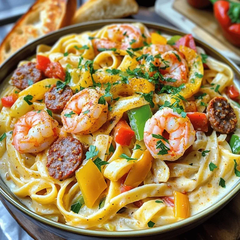 - 8 oz fettuccine or linguine pasta - 1 lb large shrimp, peeled and deveined - 1 cup smoked sausage, sliced (andouille or kielbasa) - 1 bell pepper, diced (red or green) - 1 small onion, finely chopped - 3 cloves garlic, minced - 1 can (14 oz) diced tomatoes, drained - 1 cup heavy cream - 2 tablespoons Cajun seasoning (homemade or store-bought) - 2 tablespoons olive oil - Salt and pepper to taste - Fresh parsley, chopped (for garnish) - Grated Parmesan cheese (optional) I love cooking with fresh ingredients. The large shrimp add a sweet touch. The sausage brings a smoky flavor that pairs well with the spices. Diced tomatoes add a nice acidity, making this dish bright and balanced. I often use heavy cream for a rich sauce that coats the pasta beautifully. When I make this dish, I always have Cajun seasoning on hand. It packs a flavorful punch that makes every bite exciting. You can use store-bought seasoning or make your own for a personal touch. For garnishing, fresh parsley adds a pop of color and freshness. If you enjoy cheese, sprinkle some grated Parmesan on top. It melts slightly and complements the dish well. Enjoy your time in the kitchen crafting this flavorful dinner delight! Start by boiling a large pot of salted water. Once it boils, add 8 oz of fettuccine or linguine. Cook the pasta until it is al dente, following the package instructions. This usually takes about 8 to 10 minutes. Then drain the pasta in a colander and set it aside. Next, heat 1 tablespoon of olive oil in a large skillet over medium heat. Add 1 cup of sliced smoked sausage. I like to use andouille or kielbasa for that smokey flavor. Cook for about 4 to 5 minutes until the sausage is lightly browned. Once done, take the sausage out and set it aside. In the same skillet, add another tablespoon of olive oil, then toss in 1 diced bell pepper and 1 small chopped onion. Sauté these for about 3 to 4 minutes until the onions are soft and clear. Then add 3 minced garlic cloves and cook for 1 more minute until you smell that wonderful aroma. Now, it’s time for the shrimp! Add 1 lb of peeled and deveined shrimp to the skillet. Sprinkle in 2 tablespoons of Cajun seasoning. Cook the shrimp for about 3 to 4 minutes until they turn pink and opaque. After that, return the cooked sausage to the skillet. Add in 1 can of drained diced tomatoes and mix well. Pour in 1 cup of heavy cream, stirring everything together. Heat this for about 2 to 3 minutes. Season with salt and pepper to your taste. Finally, add the drained pasta to the skillet. Toss everything together until the pasta is well coated with the creamy sauce. To make great Cajun seasoning, mix spices. You can use paprika, cayenne, garlic powder, and onion powder. Adjust the heat by adding more cayenne if you like it spicy. If you want it milder, reduce the cayenne. Always taste your mix before using it. This way, you can tweak it. To cook shrimp just right, watch the color. They should turn pink and opaque. This usually takes about 3 to 4 minutes. Don’t overcook them; they can become rubbery. If you’re unsure, take one out and cut it. It should look white and firm inside. A beautiful plate makes food taste better. Serve your pasta in wide bowls. This lets everyone see the colors. Sprinkle fresh parsley on top for a pop of green. You can also add grated Parmesan for flavor. A lemon wedge on the side adds a nice touch too. Serve with garlic bread for extra yum! {{image_2}} You can make a tasty vegetarian version of Cajun pasta. Start by swapping shrimp and sausage for hearty vegetables. Use options like mushrooms, zucchini, and bell peppers. These add great texture and flavor. Don't forget to include the Cajun seasoning for that signature kick. You can add cooked chickpeas for protein. This twist keeps the dish filling and satisfying. If you want to change the meat, try different proteins. Chicken works well as a substitute for shrimp. Cut boneless, skinless chicken breasts into bite-sized pieces. Cook them until they are golden brown before adding the veggies. For a spicier option, use chorizo instead of sausage. It gives the dish a smoky, rich flavor that pairs well with the creamy sauce. For a gluten-free version, choose gluten-free pasta. Many brands offer great options that taste good. Make sure to check the labels for quality. You can use rice pasta or quinoa pasta, both of which work nicely. Additionally, ensure your Cajun seasoning is gluten-free. This way, everyone can enjoy the flavors of Cajun shrimp and sausage pasta without worry. To keep your Cajun shrimp and sausage pasta fresh, store it in an airtight container. Let the dish cool before sealing. This helps to prevent moisture build-up. You can keep it in the fridge for up to three days. If you want to save it longer, consider freezing. When it’s time to enjoy your pasta again, reheat it gently. Use a skillet over low heat. Add a splash of milk or cream to keep it creamy. Stir occasionally until it is warm throughout. You can also use a microwave, but heat it in short bursts. Stir in between to avoid hot spots. To freeze your pasta, place it in a freezer-safe container. Make sure to leave some space for expansion. Label the container with the date and type of dish. Your Cajun shrimp and sausage pasta can last up to three months in the freezer. When you are ready to eat, thaw it overnight in the fridge before reheating. To add heat, use more Cajun seasoning. You can also add crushed red pepper flakes. Adjust spice to your taste. If you want even more heat, try using spicy sausage. Remember, start small and taste as you go. Yes, you can use any pasta you like. Fettuccine and linguine work best, but penne or rotini can also work. Just make sure to adjust the cooking time. Check the package for the best cooking time. This pasta loves a good side! Serve it with garlic bread for a classic touch. A fresh salad with vinaigrette adds crunch. You can also try steamed vegetables for a healthy option. These sides balance the meal nicely. Look for shrimp that turn pink and opaque. This means they are done. If they curl up tightly, they are overcooked. Cook shrimp for about 3-4 minutes for the best texture. Make sure not to overcook them! Cajun shrimp and sausage pasta is a tasty, hearty dish. We covered the main ingredients, steps to cook, and tips for perfect flavor. You learned about meat options and storage too. Variations keep this meal fresh and fun. Enjoy experimenting in your kitchen. With each bite, you’ll love the rich flavors. The right seasoning and cooking methods matter a lot. Dive in and make it your own. Happy cooking!