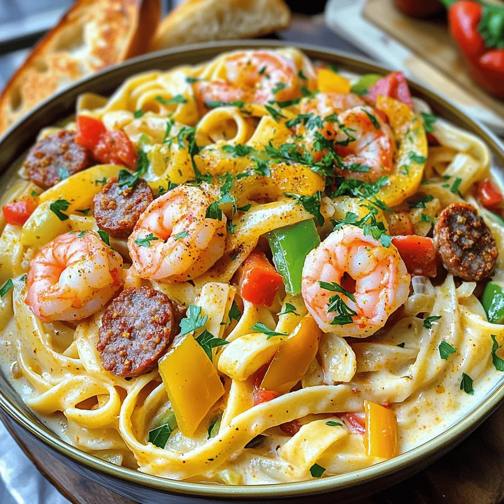 - 8 oz fettuccine or linguine pasta - 1 lb large shrimp, peeled and deveined - 1 cup smoked sausage, sliced (andouille or kielbasa) - 1 bell pepper, diced (red or green) - 1 small onion, finely chopped - 3 cloves garlic, minced - 1 can (14 oz) diced tomatoes, drained - 1 cup heavy cream - 2 tablespoons Cajun seasoning (homemade or store-bought) - 2 tablespoons olive oil - Salt and pepper to taste - Fresh parsley, chopped (for garnish) - Grated Parmesan cheese (optional) I love cooking with fresh ingredients. The large shrimp add a sweet touch. The sausage brings a smoky flavor that pairs well with the spices. Diced tomatoes add a nice acidity, making this dish bright and balanced. I often use heavy cream for a rich sauce that coats the pasta beautifully. When I make this dish, I always have Cajun seasoning on hand. It packs a flavorful punch that makes every bite exciting. You can use store-bought seasoning or make your own for a personal touch. For garnishing, fresh parsley adds a pop of color and freshness. If you enjoy cheese, sprinkle some grated Parmesan on top. It melts slightly and complements the dish well. Enjoy your time in the kitchen crafting this flavorful dinner delight! Start by boiling a large pot of salted water. Once it boils, add 8 oz of fettuccine or linguine. Cook the pasta until it is al dente, following the package instructions. This usually takes about 8 to 10 minutes. Then drain the pasta in a colander and set it aside. Next, heat 1 tablespoon of olive oil in a large skillet over medium heat. Add 1 cup of sliced smoked sausage. I like to use andouille or kielbasa for that smokey flavor. Cook for about 4 to 5 minutes until the sausage is lightly browned. Once done, take the sausage out and set it aside. In the same skillet, add another tablespoon of olive oil, then toss in 1 diced bell pepper and 1 small chopped onion. Sauté these for about 3 to 4 minutes until the onions are soft and clear. Then add 3 minced garlic cloves and cook for 1 more minute until you smell that wonderful aroma. Now, it’s time for the shrimp! Add 1 lb of peeled and deveined shrimp to the skillet. Sprinkle in 2 tablespoons of Cajun seasoning. Cook the shrimp for about 3 to 4 minutes until they turn pink and opaque. After that, return the cooked sausage to the skillet. Add in 1 can of drained diced tomatoes and mix well. Pour in 1 cup of heavy cream, stirring everything together. Heat this for about 2 to 3 minutes. Season with salt and pepper to your taste. Finally, add the drained pasta to the skillet. Toss everything together until the pasta is well coated with the creamy sauce. To make great Cajun seasoning, mix spices. You can use paprika, cayenne, garlic powder, and onion powder. Adjust the heat by adding more cayenne if you like it spicy. If you want it milder, reduce the cayenne. Always taste your mix before using it. This way, you can tweak it. To cook shrimp just right, watch the color. They should turn pink and opaque. This usually takes about 3 to 4 minutes. Don’t overcook them; they can become rubbery. If you’re unsure, take one out and cut it. It should look white and firm inside. A beautiful plate makes food taste better. Serve your pasta in wide bowls. This lets everyone see the colors. Sprinkle fresh parsley on top for a pop of green. You can also add grated Parmesan for flavor. A lemon wedge on the side adds a nice touch too. Serve with garlic bread for extra yum! {{image_2}} You can make a tasty vegetarian version of Cajun pasta. Start by swapping shrimp and sausage for hearty vegetables. Use options like mushrooms, zucchini, and bell peppers. These add great texture and flavor. Don't forget to include the Cajun seasoning for that signature kick. You can add cooked chickpeas for protein. This twist keeps the dish filling and satisfying. If you want to change the meat, try different proteins. Chicken works well as a substitute for shrimp. Cut boneless, skinless chicken breasts into bite-sized pieces. Cook them until they are golden brown before adding the veggies. For a spicier option, use chorizo instead of sausage. It gives the dish a smoky, rich flavor that pairs well with the creamy sauce. For a gluten-free version, choose gluten-free pasta. Many brands offer great options that taste good. Make sure to check the labels for quality. You can use rice pasta or quinoa pasta, both of which work nicely. Additionally, ensure your Cajun seasoning is gluten-free. This way, everyone can enjoy the flavors of Cajun shrimp and sausage pasta without worry. To keep your Cajun shrimp and sausage pasta fresh, store it in an airtight container. Let the dish cool before sealing. This helps to prevent moisture build-up. You can keep it in the fridge for up to three days. If you want to save it longer, consider freezing. When it’s time to enjoy your pasta again, reheat it gently. Use a skillet over low heat. Add a splash of milk or cream to keep it creamy. Stir occasionally until it is warm throughout. You can also use a microwave, but heat it in short bursts. Stir in between to avoid hot spots. To freeze your pasta, place it in a freezer-safe container. Make sure to leave some space for expansion. Label the container with the date and type of dish. Your Cajun shrimp and sausage pasta can last up to three months in the freezer. When you are ready to eat, thaw it overnight in the fridge before reheating. To add heat, use more Cajun seasoning. You can also add crushed red pepper flakes. Adjust spice to your taste. If you want even more heat, try using spicy sausage. Remember, start small and taste as you go. Yes, you can use any pasta you like. Fettuccine and linguine work best, but penne or rotini can also work. Just make sure to adjust the cooking time. Check the package for the best cooking time. This pasta loves a good side! Serve it with garlic bread for a classic touch. A fresh salad with vinaigrette adds crunch. You can also try steamed vegetables for a healthy option. These sides balance the meal nicely. Look for shrimp that turn pink and opaque. This means they are done. If they curl up tightly, they are overcooked. Cook shrimp for about 3-4 minutes for the best texture. Make sure not to overcook them! Cajun shrimp and sausage pasta is a tasty, hearty dish. We covered the main ingredients, steps to cook, and tips for perfect flavor. You learned about meat options and storage too. Variations keep this meal fresh and fun. Enjoy experimenting in your kitchen. With each bite, you’ll love the rich flavors. The right seasoning and cooking methods matter a lot. Dive in and make it your own. Happy cooking!