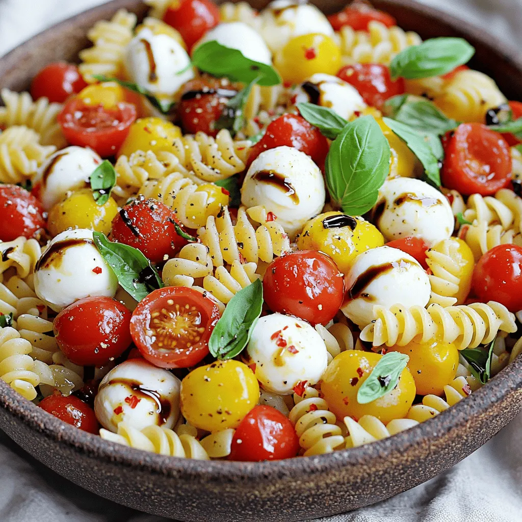 To make Caprese Pasta Salad, gather these fresh ingredients: - 8 oz (225g) pasta (fusilli or bowtie works best) - 1 cup cherry tomatoes, halved - 1 cup mozzarella balls (bocconcini), drained - 1/2 cup fresh basil leaves, torn - 1/4 cup extra virgin olive oil - 2 tablespoons balsamic reduction - 1 teaspoon garlic powder - Salt and pepper to taste - Optional: 1/4 teaspoon red pepper flakes for extra heat You can swap ingredients to suit your taste. Use different pasta shapes like penne or rotini. For tomatoes, grape tomatoes work too. If you cannot find mozzarella balls, regular mozzarella cut into cubes is fine. You can choose fresh herbs like parsley if basil is not available. For a lighter option, replace olive oil with lemon juice. If you prefer a vegan version, use a vegan mozzarella alternative. When buying tomatoes, look for ones that are firm and bright in color. They should smell sweet and fresh. Choose mozzarella that feels soft and springy. Fresh mozzarella should have a milky scent. Select basil leaves that are vibrant green and not wilted. Avoid leaves that are brown or spotted. Always check the expiration date on the olive oil for freshness. When these ingredients are fresh, your salad will taste amazing. First, grab 8 ounces of your favorite pasta. Fusilli or bowtie shapes work great. Bring a pot of salted water to a boil. Add the pasta and cook it until it's al dente, following the package directions. Once done, drain the pasta. Rinse it under cold water to stop the cooking. Set it aside while you prepare the rest. For the dressing, take a large bowl. Combine 1/4 cup of extra virgin olive oil and 2 tablespoons of balsamic reduction. Add 1 teaspoon of garlic powder, salt, and pepper to taste. If you want a little heat, toss in 1/4 teaspoon of red pepper flakes. Whisk everything together until it blends well. This dressing adds a bold flavor to the salad. In a mixing bowl, add 1 cup of halved cherry tomatoes, 1 cup of drained mozzarella balls, and 1/2 cup of torn fresh basil leaves. Then, gently fold in the cooled pasta. Pour the dressing over this mixture. Toss everything gently until the pasta and veggies are nicely coated. Taste it now and adjust the seasoning with more salt or pepper if needed. Chill the salad in the fridge for about 30 minutes. This allows the flavors to blend perfectly. You can serve it cold or at room temperature. Garnish with extra basil leaves if you like! To boost the taste of your Caprese Pasta Salad, use fresh ingredients. Fresh basil gives a bright flavor. Opt for ripe cherry tomatoes for sweetness. You can add more garlic powder for a stronger taste. If you enjoy spice, sprinkle in some red pepper flakes. This adds heat without overpowering the dish. Serve your salad cold or at room temp. It pairs well with grilled chicken or fish. This salad also shines as a side dish at picnics or barbecues. For a fun twist, try adding some toasted pine nuts on top. They add a nice crunch and nutty flavor. You can make this pasta salad in advance. It keeps well in the fridge for about 3 days. Just wait to add the dressing until you are ready to serve. This keeps the pasta from getting soggy. If you want to meal prep, divide the salad into containers. It makes a great lunch option for busy days. {{image_2}} You can change up your Caprese pasta salad with seasonal ingredients. In spring, add fresh peas for a sweet crunch. Summer is perfect for roasted bell peppers, which bring a smoky flavor. In fall, try adding diced butternut squash for a hearty touch. Winter calls for arugula, adding peppery notes to the dish. These swaps keep your salad fresh and exciting. If you want a gluten-free version, use gluten-free pasta. It works just as well. For a vegan option, swap mozzarella for vegan cheese. You can also add chickpeas for protein. If you are watching calories, use less olive oil or skip it entirely. These changes help everyone enjoy this salad. The pasta shape you choose affects the salad's texture. Fusilli captures the dressing well, making each bite tasty. Bowtie pasta adds fun shapes and holds the ingredients nicely. You might also try penne or orecchiette for a different feel. Each shape brings its own charm to the dish. After enjoying your Caprese pasta salad, store any leftovers in an airtight container. This keeps the salad fresh for later. It can last in the fridge for about three days. If you notice any excess liquid, drain it off before sealing the container. This helps maintain the texture. Freezing Caprese pasta salad is not the best choice. The fresh ingredients, like tomatoes and basil, do not freeze well. They can become mushy upon thawing. If you do want to freeze it, consider omitting the fresh ingredients. Instead, freeze just the pasta and dressing. You can add fresh items when you thaw it. You can serve the Caprese pasta salad cold or at room temperature. If you prefer warm pasta, gently reheat it in a pan over low heat. Add a splash of olive oil to keep it moist. Avoid microwaving, as it can make the pasta gummy. Always wait until the salad cools before serving it again. Caprese Pasta Salad lasts about 3 to 5 days in the fridge. To keep it fresh, store it in an airtight container. This helps keep the flavors strong and the ingredients crisp. Yes, you can make Caprese Pasta Salad ahead of time. It tastes even better after chilling for a few hours. Prepare it a day in advance for the best results. Just remember to add fresh basil right before serving for the best flavor. If you need a substitute for mozzarella, try using feta cheese or ricotta. Both add a nice creaminess. You can also opt for vegan cheese if you prefer a dairy-free option. Just make sure it melts well or crumbles nicely for your salad. In this article, we covered key ingredients for Caprese Pasta Salad, including substitutions and tips for choosing fresh produce. I shared step-by-step cooking instructions and helpful tips for meal prep and serving. We explored variations based on seasons and dietary needs and discussed proper storage options. Caprese Pasta Salad is fun and flexible. Use the ideas here to make it your own. Enjoy the vibrant flavors and share with friends!