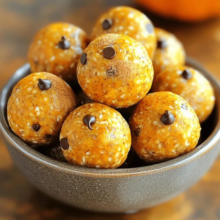 - 1 cup rolled oats - 1/2 cup almond butter (or peanut butter) - 1/2 cup pumpkin puree - 1/4 cup honey or maple syrup - 1 teaspoon pumpkin spice - 1/2 teaspoon vanilla extract - 1/4 teaspoon salt - 1/4 cup chia seeds (optional) - 1/4 cup mini chocolate chips (optional) Pumpkin Spice Energy Balls pack a punch of health. They have fiber, protein, and vitamins. Oats are great for digestion and energy. Almond butter gives healthy fats and protein. Pumpkin puree adds vitamins A and C. Honey or maple syrup provides natural sweetness without refined sugars. These energy balls fit many diets. They are gluten-free if you use certified oats. You can make them vegan by using maple syrup and a plant-based nut butter. Accurate measuring is key for great energy balls. Use a dry measuring cup for oats. Pack the almond butter for a smooth mix. Use a liquid measuring cup for pumpkin puree and syrup. Always use fresh ingredients. Fresh spices give the best flavor. Check the expiration on your nut butter and syrup. This helps ensure your energy balls taste amazing every time. To start, gather your ingredients. In a large bowl, mix together the rolled oats, almond butter, pumpkin puree, and honey or maple syrup. This step combines the dry and wet ingredients well. Next, add the pumpkin spice, vanilla extract, and salt. Stir until everything is mixed evenly. This helps ensure you taste the spice in every bite. If you choose to add chia seeds or mini chocolate chips, fold them in gently. These extras give your energy balls some fun texture and flavor. Now it’s time to shape your mixture. Use clean hands to scoop out a small amount of the mix. Roll it into a ball. Aim for about 1 inch in diameter. This size makes them easy to eat as snacks. If you want bigger or smaller balls, adjust the size to your liking. Just remember, smaller balls are great for quick bites! Once you have shaped all your energy balls, place them on a baking sheet lined with parchment paper. Cover the sheet and put it in the fridge. Chill for at least 30 minutes. This step firms them up and makes them easier to eat. When ready to serve, take them out and enjoy! You can serve these energy balls in a small bowl or jar. For a festive touch, sprinkle some extra pumpkin spice on top. They make a great snack or quick breakfast. You can swap ingredients to suit your taste. If you prefer peanut butter, use it instead of almond butter. You can also try different sweeteners like agave syrup. Add spices for more flavor. Cinnamon or nutmeg can bring a warm taste. Want some crunch? Toss in chopped nuts like walnuts or pecans. These changes keep your energy balls fun and fresh. Storing your energy balls right keeps them tasty. Place them in an airtight container in the fridge. They stay good for about a week. You can also freeze them for longer storage. In the freezer, they last for about three months. Just make sure to separate them with wax paper, so they don’t stick together. Want to make your energy balls even better? Try adding toppings. A drizzle of dark chocolate or a sprinkle of coconut can be great. You can also coat them in crushed nuts or seeds for added crunch. Using different nut butters changes the flavor too. Cashew butter or sunflower seed butter are great options. Each choice brings a new twist to your snack! {{image_2}} You can change the taste of your energy balls easily. Try adding spices like cinnamon or nutmeg. These spices bring warmth and depth. You can also mix in seasonal flavors. For the holidays, consider adding dried cranberries or nuts. These add sweet and crunchy elements. Each variation can change the feel of the snack. You can keep it fresh and fun all year long. Dietary needs change for many people. For nut-free options, replace almond butter with sunflower seed butter. This keeps the texture and flavor while being safe for those with nut allergies. You can also use alternative sweeteners. Try agave syrup or stevia for a lower sugar option. This way, you can enjoy energy balls without extra sugar. Kids love snacks that look fun! You can make these energy balls more appealing. Use cookie cutters to shape them into stars or hearts. Add mix-ins like mini marshmallows or colorful sprinkles. These fun additions can make the snack exciting. You can even get kids involved in making them. This can make healthy eating a fun experience for everyone. Store your Pumpkin Spice Energy Balls in the fridge. The best temperature is around 35°F to 40°F. Keep them in an airtight container. This helps them stay fresh for about one week. If you want to enjoy them longer, consider freezing them. To freeze your energy balls, first, let them chill in the fridge for 30 minutes. Then, place them in a single layer on a baking sheet. Freeze them for about two hours. Once they are firm, transfer them to a freezer-safe bag or container. They can last for up to three months in the freezer. When you want to eat them, just take out a few and let them thaw in the fridge or at room temperature for about 15 minutes. For snacking, I suggest one to two energy balls per serving. They make a great quick bite! If you are on the go, pack them in small snack bags. This makes it easy to grab and enjoy anywhere. You can also keep a few in your lunchbox for a tasty treat during the day. These energy balls last about a week in the fridge. Store them in an airtight container. For longer storage, you can freeze them. In the freezer, they stay fresh for up to three months. Just thaw a few at room temperature before eating. Yes, you can swap pumpkin puree for other purees. Good options include applesauce or sweet potato puree. These will change the flavor but still keep them tasty. You can also use Greek yogurt for a creamier texture. These energy balls are great for kids! They are packed with nutrients and easy to eat. Just be mindful of any nut allergies. For a fun twist, add colorful sprinkles or use cookie cutters to shape them. Kids may love them even more that way! These Pumpkin Spice Energy Balls are tasty and easy to make. You learned about the key ingredients, tips for measuring, and steps to prepare them. I shared ideas to customize and enhance flavor. Whether you enjoy them as a snack or share with kids, they fit many diets. Make them your own by adding your favorite ingredients. Store them well to keep them fresh longer. Enjoy this healthy treat that boosts energy and satisfies your sweet tooth!