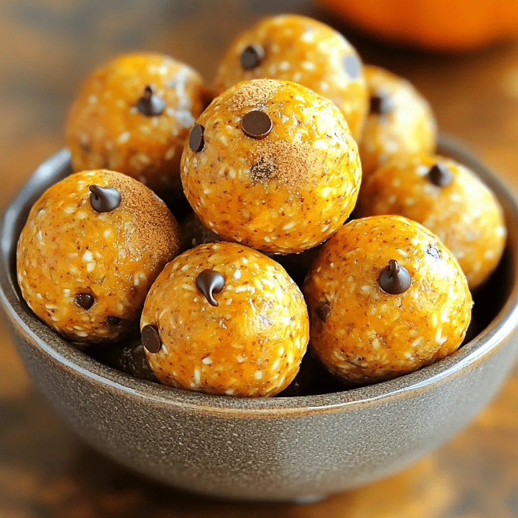- 1 cup rolled oats - 1/2 cup almond butter (or peanut butter) - 1/2 cup pumpkin puree - 1/4 cup honey or maple syrup - 1 teaspoon pumpkin spice - 1/2 teaspoon vanilla extract - 1/4 teaspoon salt - 1/4 cup chia seeds (optional) - 1/4 cup mini chocolate chips (optional) Pumpkin Spice Energy Balls pack a punch of health. They have fiber, protein, and vitamins. Oats are great for digestion and energy. Almond butter gives healthy fats and protein. Pumpkin puree adds vitamins A and C. Honey or maple syrup provides natural sweetness without refined sugars. These energy balls fit many diets. They are gluten-free if you use certified oats. You can make them vegan by using maple syrup and a plant-based nut butter. Accurate measuring is key for great energy balls. Use a dry measuring cup for oats. Pack the almond butter for a smooth mix. Use a liquid measuring cup for pumpkin puree and syrup. Always use fresh ingredients. Fresh spices give the best flavor. Check the expiration on your nut butter and syrup. This helps ensure your energy balls taste amazing every time. To start, gather your ingredients. In a large bowl, mix together the rolled oats, almond butter, pumpkin puree, and honey or maple syrup. This step combines the dry and wet ingredients well. Next, add the pumpkin spice, vanilla extract, and salt. Stir until everything is mixed evenly. This helps ensure you taste the spice in every bite. If you choose to add chia seeds or mini chocolate chips, fold them in gently. These extras give your energy balls some fun texture and flavor. Now it’s time to shape your mixture. Use clean hands to scoop out a small amount of the mix. Roll it into a ball. Aim for about 1 inch in diameter. This size makes them easy to eat as snacks. If you want bigger or smaller balls, adjust the size to your liking. Just remember, smaller balls are great for quick bites! Once you have shaped all your energy balls, place them on a baking sheet lined with parchment paper. Cover the sheet and put it in the fridge. Chill for at least 30 minutes. This step firms them up and makes them easier to eat. When ready to serve, take them out and enjoy! You can serve these energy balls in a small bowl or jar. For a festive touch, sprinkle some extra pumpkin spice on top. They make a great snack or quick breakfast. You can swap ingredients to suit your taste. If you prefer peanut butter, use it instead of almond butter. You can also try different sweeteners like agave syrup. Add spices for more flavor. Cinnamon or nutmeg can bring a warm taste. Want some crunch? Toss in chopped nuts like walnuts or pecans. These changes keep your energy balls fun and fresh. Storing your energy balls right keeps them tasty. Place them in an airtight container in the fridge. They stay good for about a week. You can also freeze them for longer storage. In the freezer, they last for about three months. Just make sure to separate them with wax paper, so they don’t stick together. Want to make your energy balls even better? Try adding toppings. A drizzle of dark chocolate or a sprinkle of coconut can be great. You can also coat them in crushed nuts or seeds for added crunch. Using different nut butters changes the flavor too. Cashew butter or sunflower seed butter are great options. Each choice brings a new twist to your snack! {{image_2}} You can change the taste of your energy balls easily. Try adding spices like cinnamon or nutmeg. These spices bring warmth and depth. You can also mix in seasonal flavors. For the holidays, consider adding dried cranberries or nuts. These add sweet and crunchy elements. Each variation can change the feel of the snack. You can keep it fresh and fun all year long. Dietary needs change for many people. For nut-free options, replace almond butter with sunflower seed butter. This keeps the texture and flavor while being safe for those with nut allergies. You can also use alternative sweeteners. Try agave syrup or stevia for a lower sugar option. This way, you can enjoy energy balls without extra sugar. Kids love snacks that look fun! You can make these energy balls more appealing. Use cookie cutters to shape them into stars or hearts. Add mix-ins like mini marshmallows or colorful sprinkles. These fun additions can make the snack exciting. You can even get kids involved in making them. This can make healthy eating a fun experience for everyone. Store your Pumpkin Spice Energy Balls in the fridge. The best temperature is around 35°F to 40°F. Keep them in an airtight container. This helps them stay fresh for about one week. If you want to enjoy them longer, consider freezing them. To freeze your energy balls, first, let them chill in the fridge for 30 minutes. Then, place them in a single layer on a baking sheet. Freeze them for about two hours. Once they are firm, transfer them to a freezer-safe bag or container. They can last for up to three months in the freezer. When you want to eat them, just take out a few and let them thaw in the fridge or at room temperature for about 15 minutes. For snacking, I suggest one to two energy balls per serving. They make a great quick bite! If you are on the go, pack them in small snack bags. This makes it easy to grab and enjoy anywhere. You can also keep a few in your lunchbox for a tasty treat during the day. These energy balls last about a week in the fridge. Store them in an airtight container. For longer storage, you can freeze them. In the freezer, they stay fresh for up to three months. Just thaw a few at room temperature before eating. Yes, you can swap pumpkin puree for other purees. Good options include applesauce or sweet potato puree. These will change the flavor but still keep them tasty. You can also use Greek yogurt for a creamier texture. These energy balls are great for kids! They are packed with nutrients and easy to eat. Just be mindful of any nut allergies. For a fun twist, add colorful sprinkles or use cookie cutters to shape them. Kids may love them even more that way! These Pumpkin Spice Energy Balls are tasty and easy to make. You learned about the key ingredients, tips for measuring, and steps to prepare them. I shared ideas to customize and enhance flavor. Whether you enjoy them as a snack or share with kids, they fit many diets. Make them your own by adding your favorite ingredients. Store them well to keep them fresh longer. Enjoy this healthy treat that boosts energy and satisfies your sweet tooth!
