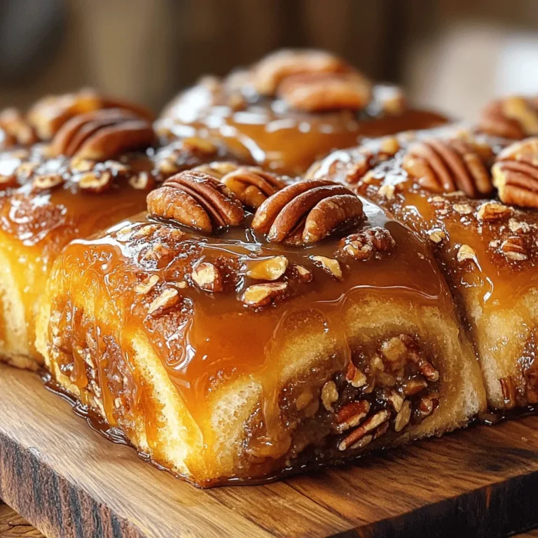 - 2 cups all-purpose flour, plus more for dusting - 1/2 cup granulated sugar - 1/2 teaspoon salt - 1 packet (2 1/4 teaspoons) active dry yeast - 1/2 cup warm milk (110°F) - 1/4 cup unsalted butter, melted - 1 large egg - 1 teaspoon vanilla extract - 1 cup pecans, chopped - 1 cup dark brown sugar - 1/2 cup unsalted butter, at room temperature - 1/4 cup maple syrup - 1 teaspoon ground cinnamon - 1/4 teaspoon nutmeg - Pinch of salt When selecting your ingredients, focus on quality. Use fresh active dry yeast for the best rise. Choose whole pecans for crunch and flavor. Use unsalted butter to control the salt level in your buns. A good quality maple syrup adds rich sweetness. - Mixing bowls - Rolling pin - Baking pan (9x13 inch) - Plastic wrap - Measuring cups and spoons Optional tools can make your life easier. A stand mixer can save time when mixing. A pastry brush helps spread melted butter evenly. These tools can help you achieve better results in less time. To activate the yeast, mix warm milk with granulated sugar and yeast in a small bowl. The milk should be about 110°F. Stir gently and let it sit for 5-10 minutes. Look for bubbles on the surface. This froth means the yeast is alive and ready to work. In a large bowl, combine 2 cups of flour, salt, melted butter, egg, and the activated yeast mixture. Mix until a dough forms. Then, transfer the dough to a floured surface. Knead it for about 5-7 minutes. You want the dough to be smooth and elastic. Place the dough in a greased bowl. Cover with plastic wrap and let it rise in a warm place until it doubles in size, about 1 hour. In a medium bowl, mix dark brown sugar, room temperature butter, maple syrup, ground cinnamon, nutmeg, and a pinch of salt. Use a fork or a spatula to make a paste. Room temperature butter helps the filling mix well. This filling will bring sweetness and flavor to your sticky buns. Once the dough has risen, punch it down. Roll it out on a floured surface into a rectangle, about 12x18 inches. Spread the filling evenly across the dough. Then, sprinkle the chopped pecans on top. Starting from one edge, roll the dough tightly into a log. Cut the log into 12 equal pieces. Place these in a greased 9x13 inch baking pan. Cover the pan with a towel and let it rise again for 30-45 minutes. Preheat your oven to 350°F while the rolls rise. Bake the sticky buns for 25-30 minutes, until golden brown. After baking, cool them for 5 minutes. Invert the pan onto a platter to release the buns. Pour any caramel sauce from the pan over the top for extra flavor. When making caramel pecan sticky buns, two common mistakes can ruin your batch. First, over-kneading or under-kneading the dough can lead to tough or dense buns. For the best texture, knead the dough for about 5-7 minutes until it's smooth and elastic. Second, ensure you create the right conditions for the dough to rise. Dough needs warmth to rise properly. If your kitchen is too cold, find a cozy spot or place the dough near a warm oven. This helps the yeast work its magic. Adding extra flavor can take your sticky buns to the next level. Consider mixing in a teaspoon of vanilla extract to the dough for a nice touch. If you want a zesty kick, try adding a bit of orange zest to the filling. For the caramel sauce, you can enhance it by adding a dash of sea salt. This will balance the sweetness and make the flavor pop. Presentation matters! Serve the sticky buns warm on a large platter. Drizzle extra maple syrup over the top. Garnish with whole pecans for a beautiful look. These sticky buns pair wonderfully with coffee or tea. The warm, sweet flavors go well with a cup of your favorite brew. This combination makes breakfast or brunch feel special. {{image_2}} You can swap out pecans for other nuts. Walnuts add a nice crunch and flavor. Almonds give a sweet and nutty touch. If you want a nut-free version, try using seeds like sunflower or pumpkin seeds. These give a bit of crunch without the nuts. To make gluten-free sticky buns, use a gluten-free flour blend. Look for one that has a good mix of flours and starches. For a vegan version, you can replace the butter with coconut oil or a vegan butter. Use a flax egg instead of the regular egg. Just mix one tablespoon of ground flaxseed with three tablespoons of water. You can make these sticky buns even more fun! Try adding chocolate chips for a sweet surprise. Dried fruits like raisins or cranberries work well too. You can also sprinkle in spices like cardamom or ginger for a unique twist. For seasonal flavors, try adding pumpkin spice in the fall. This gives your buns a warm, cozy taste perfect for autumn. To keep your sticky buns fresh, store them in an airtight container. You can refrigerate them for up to a week. If you want to keep them longer, freeze them. Wrap each bun tightly in plastic wrap, then place them in a freezer bag. This method helps prevent freezer burn. When you want to enjoy a bun, reheat it in the oven. Set the oven to 350°F (175°C) and warm the buns for about 10 minutes. This way, they regain their soft texture. You can also microwave them for about 20 seconds, but the oven gives better results. Caramel pecan sticky buns last about five days in the fridge. If you freeze them, they can last up to three months. Make sure to check for signs of spoilage. If they smell off or develop mold, it's best to toss them. Always trust your senses. Fresh sticky buns should smell sweet and inviting. Following these tips will help you enjoy your caramel pecan sticky buns well beyond the first bite! Yes, you can. To make the dough ahead of time, follow these steps. After kneading, place the dough in a greased bowl. Cover it tightly with plastic wrap. You can refrigerate it for up to 24 hours. When ready, let it sit at room temperature for about 30 minutes before rolling out. If you want to freeze the dough, wrap it well in plastic wrap and then in aluminum foil. It can last in the freezer for up to three months. To use, thaw it overnight in the fridge, then let it rise at room temperature. There are a few common reasons why sticky buns may not rise. First, the yeast might be old or inactive. Always check the expiration date on the packet. Second, the milk used to activate the yeast may have been too hot or too cold. It should be warm, around 110°F. Lastly, if the dough was not placed in a warm place to rise, it may not rise well. Aim for a cozy spot, like near a warm oven. Yes, you can bake them ahead of time. After baking, let the sticky buns cool completely. Store them in an airtight container at room temperature for up to two days. To reheat, place them in a preheated oven at 350°F for about 10 minutes. This will help regain their soft texture. You can also warm them in the microwave for about 20 seconds, but they will be best in the oven. If you want to swap out pecans, there are many great options. Walnuts work well and have a nice crunch. Almonds are another tasty choice, giving a different flavor. If you want a nut-free option, you can use seeds like sunflower seeds or pumpkin seeds. These add a nice texture and flavor without the nuts. To keep your sticky buns moist, follow these tips. First, do not overbake them. Check them a few minutes before the timer goes off. Second, cover the buns with a clean towel right after baking. This keeps moisture in. Finally, store them properly. Use an airtight container to prevent them from drying out. If you have leftover buns, add a slice of bread to the container. This helps keep the buns soft. By using the right ingredients and tools, you can master sticky buns. We explored the steps from activating the yeast to baking the perfect buns. Avoid common mistakes and consider fun variations to make your recipe unique. Store leftovers properly for future treats. Making these buns can bring joy to your kitchen. With practice, you’ll create a delicious, warm delight for all to enjoy. Now, it's time for you to bake and savor every bite!