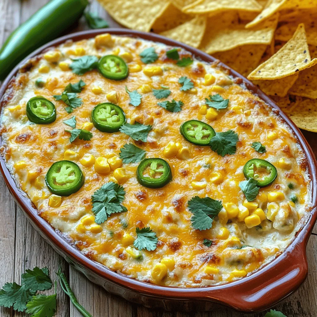 - 1 can (15 oz) sweet corn, drained - 1 can (10 oz) diced tomatoes and green chilies, drained - 1 cup cream cheese, softened - 1 cup shredded cheddar cheese - 1/2 cup sour cream - 2-3 fresh jalapeños, finely chopped (adjust to taste) - 1 teaspoon garlic powder - 1 teaspoon onion powder - Salt and pepper to taste I love using these simple ingredients for my Cheesy Jalapeño Corn Dip. Sweet corn adds a nice crunch. Diced tomatoes and green chilies provide a burst of flavor. Cream cheese makes the dip creamy and rich. Shredded cheddar cheese gives it that gooey texture we all crave. Sour cream adds a slight tang, balancing the heat from the fresh jalapeños. I usually chop the jalapeños finely, but you can adjust this based on your spice level. Garlic powder and onion powder bring depth to each bite, while salt and pepper enhance the overall taste. - Fresh cilantro - Additional jalapeños - Avocado slices For garnishes, I recommend fresh cilantro for a pop of color and flavor. If you like it spicy, add more jalapeños on top. Slices of creamy avocado also pair well with this dip. These garnishes not only look great but also add extra layers to the taste. Each serving has about 250 calories. It contains 18 grams of fat, 8 grams of protein, 20 grams of carbs, and 2 grams of fiber. This dip is rich and filling, making it perfect for sharing. While it’s a treat, be mindful of portion sizes if you're watching your intake. Enjoy the flavors, but balance it with lighter options during your meal. Start by softening the cream cheese. This helps it mix well. In a large bowl, combine the cream cheese, sour cream, garlic powder, and onion powder. Mix until smooth. You want it to be creamy and well-blended. This forms the base of your dip. Next, it's time to add the fun stuff! Drain the sweet corn and the diced tomatoes with green chilies. Add these to the cream mixture. Then chop the jalapeños and toss them in. You can adjust the amount based on your spice level. Lastly, add half of the shredded cheddar cheese. Stir everything until it’s evenly combined. This mix should be colorful and inviting! Now, preheat your oven to 350°F (175°C). Take your dip mixture and transfer it into a baking dish. An 8x8 inch dish works great. Spread it evenly. Top with the remaining cheddar cheese, covering the dip completely. Place the baking dish in the oven and bake for about 25-30 minutes. You want the cheese to be bubbly and golden brown. This gives your dip a delicious crust. Let it cool for a few minutes before serving. You can make this dip fit your diet. For a dairy-free version, use vegan cream cheese and sour cream. You can also swap the cheddar for a plant-based cheese. If you want less heat, use less jalapeños or omit them. Try bell peppers for a milder taste. For more spice, add diced serrano peppers or a dash of hot sauce. To get the best texture, mix the cream cheese and sour cream until smooth. This helps avoid lumps. Make sure your cheeses are at room temperature for easy mixing. Use fresh jalapeños for a bright flavor. If you like it really cheesy, feel free to add more cheddar on top. Bake until bubbly and golden for a delicious finish. Serve the dip warm for the best taste. Use a nice baking dish to make it look great. I love to serve it with tortilla chips for that perfect crunch. For a colorful touch, add more chopped jalapeños or fresh cilantro on top. You can also place slices of avocado around the dish for a fresh look. {{image_2}} To make a spicy version of this dip, add more jalapeños. You can use up to five jalapeños for extra heat. If you want even more spice, consider adding a dash of cayenne pepper or some chopped serrano peppers. Adjust the heat to fit your taste. This variation is great for those who love a fiery kick! For a Southwestern twist, mix in black beans or corn. These ingredients add texture and flavor. You can also fold in diced avocado for creaminess. This version brings a fresh, vibrant taste. It pairs perfectly with tortilla chips. The added flavors make it a crowd favorite! If you want a cheesy loaded version, try different types of cheese. You can mix in pepper jack for a spicy touch. Or use mozzarella for a mild flavor. Top the dip with crispy bacon bits or sliced green onions for added crunch. This variation will impress cheese lovers at your party! Store any leftover Cheesy Jalapeño Corn Dip in an airtight container. Keep it in the fridge. It stays fresh for about three days. Before storing, let it cool down to room temperature. This helps keep the texture right. If you want to keep it longer, consider freezing. To reheat your dip, use the oven for the best results. Preheat your oven to 350°F (175°C). Place the dip in an oven-safe dish. Cover it with foil to keep it moist. Heat for about 15-20 minutes. You want it to be warm and bubbly. You can also use a microwave if you're in a hurry. Heat in short bursts, stirring in between. This way, it stays creamy. You can freeze Cheesy Jalapeño Corn Dip if you have extra. Use a freezer-safe container. Make sure to leave some space at the top, as it will expand. The dip keeps well for up to two months. When you’re ready to eat, thaw it overnight in the fridge. Reheat it as mentioned above for the best taste and texture. Yes, you can prep this dip ahead. Mix all the ingredients and place them in a baking dish. Cover it tightly with plastic wrap or foil. You can store it in the fridge for up to 24 hours before baking. When you’re ready, just bake as directed. If it’s cold from the fridge, it may need a few extra minutes in the oven. Once baked, Cheesy Jalapeño Corn Dip lasts about 3 to 4 days in the fridge. Store it in an airtight container to keep it fresh. If you have leftovers, let the dip cool completely before sealing it up. This dip pairs great with many things. I love serving it with crunchy tortilla chips. Veggies like carrots, celery, or bell peppers also work well. You can even use crackers for a fun twist. Choose what you love, and enjoy every bite! In this blog post, we explored the ingredients, preparation steps, and tips for making Cheesy Jalapeño Corn Dip. You learned about its key flavors, nutritional details, and various serving suggestions. Remember, this dip is perfect for gatherings. It’s easy to adjust, allowing for custom spice levels or additional ingredients. With the right storage tips, you can enjoy leftovers too. Making this dip is simple and rewarding. I hope it becomes a favorite in your home.
