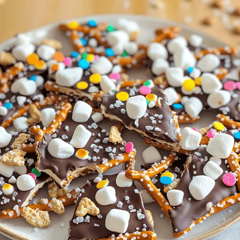 - 1 cup pretzel rods, broken into pieces - 1 cup milk chocolate chips - 1 cup white chocolate chips - 1/2 cup mini marshmallows - 1/4 cup crushed graham crackers - 1/4 cup rainbow sprinkles - Sea salt, for sprinkling Gather the ingredients before you start. This makes it easy to follow the steps. You will need pretzel rods to add that nice crunch. Milk and white chocolate chips create a sweet, creamy base. Mini marshmallows add fluffy bites, while crushed graham crackers bring a hint of pie flavor. Rainbow sprinkles give a fun pop of color. Lastly, a sprinkle of sea salt balances the sweetness. - Caramel sauce - Nuts (like pecans or almonds) - Dried fruit (like cranberries or raisins) - Peanut butter chips Consider adding caramel sauce for a rich twist. You can also add nuts for extra crunch. Dried fruit adds a chewy texture. Peanut butter chips give an extra layer of flavor. Feel free to mix and match these options! - Use gluten-free pretzels if needed. - Swap milk chocolate for dark chocolate for a richer taste. - Replace white chocolate with dairy-free chocolate chips. - Omit marshmallows for a vegan version. If you have allergies, there are easy swaps. Gluten-free pretzels work great for those avoiding gluten. Dark chocolate offers a richer flavor for chocolate lovers. Dairy-free chocolate chips are perfect for vegans. Just remove the marshmallows, and you still have a tasty treat! First, you need to get ready. Preheat your oven to 350°F (175°C). Grab a baking sheet and line it with parchment paper. This helps prevent sticking. In a big bowl, mix 1 cup of broken pretzel rods with half of the rainbow sprinkles. Spread this mix evenly on your baking sheet. This step helps create a crunchy base for your bark. Now, let’s melt the chocolate. Take a microwave-safe bowl and add 1 cup of milk chocolate chips. Heat it in the microwave for 30 seconds. Stir it well, then heat for another 30 seconds. Keep doing this until the chocolate is smooth. This method works well. After that, repeat the same steps for the white chocolate chips. Once your chocolates are melted, it’s time to assemble. Pour the milk chocolate over the pretzel layer. Spread it out so every pretzel gets coated. Next, drizzle the melted white chocolate on top. Use a knife or skewer to swirl the two chocolates together. Now, sprinkle the mini marshmallows, crushed graham crackers, and the rest of the rainbow sprinkles on top. For a fun twist, add a light sprinkle of sea salt to balance the sweetness. After this, place the baking sheet in the refrigerator. Let it chill for at least 1 hour. This helps the chocolate harden. Once set, break the bark into pieces. Enjoy your tasty treat! To melt chocolate, use a microwave-safe bowl. Microwave the chocolate in short bursts of 30 seconds. Stir well after each burst. This helps avoid burning the chocolate. If the chocolate feels too thick, add a tiny bit of vegetable oil. This will help it become smooth and shiny. When you pour melted chocolate, spread it evenly. Use a spatula to cover all the pretzels. This makes each bite feel rich and tasty. If you swirl the white chocolate in, do it gently. You want to see the mix but not lose the layers. For a lovely look, arrange the bark on a nice plate. Add a drizzle of extra melted chocolate on top. It makes the bark look fancy. You can also package pieces in clear bags with ribbons. This makes a sweet gift for friends! {{image_2}} You can change the flavors to make your bark even more fun. Try using dark chocolate or even flavored chocolate like mint or orange. You can also mix in different nuts like almonds or peanuts for extra crunch. Consider adding dried fruit, like cranberries or raisins, for a fruity kick. These changes can create a new taste for every bite. For holidays, you can give your bark a festive touch. During Halloween, add candy corn or orange sprinkles. For Christmas, use red and green sprinkles or add peppermint pieces. In the spring, pastel-colored sprinkles can brighten your bark. These small tweaks can make your treat fit any holiday theme. If you need to avoid certain ingredients, there are easy swaps. Use gluten-free pretzels to make it safe for those with gluten allergies. For a dairy-free option, try dark chocolate that is dairy-free or use carob chips. You can also skip sprinkles and use nuts or seeds for a great texture. These swaps keep your bark delicious and safe for everyone. To keep your chocolate covered pretzel bark fresh, store it in an airtight container. This will help keep the bark from getting soft. You can also layer parchment paper between pieces to prevent sticking. When stored correctly, this bark lasts up to two weeks at room temperature. For longer storage, freeze the bark. Wrap it tightly in plastic wrap and aluminum foil. It can last up to three months in the freezer. Just thaw it in the fridge before enjoying. Look for changes in texture or color. If the chocolate looks dull or has white spots, it may not taste fresh. Also, check for a stale smell or any off flavors. If you notice these signs, it’s best to toss the bark. To make Chocolate Covered Pretzel Bark, gather your ingredients first. You need broken pretzel rods, milk chocolate chips, white chocolate chips, mini marshmallows, crushed graham crackers, rainbow sprinkles, and sea salt. Start by preheating your oven to 350°F. Line a baking sheet with parchment paper. Mix pretzel pieces with half of the rainbow sprinkles. Spread this mix on the baking sheet. Melt the milk chocolate in the microwave. Pour it over the pretzel layer. Melt the white chocolate and drizzle it on top. Add mini marshmallows, graham crackers, and the rest of the sprinkles. Finish with a sprinkle of sea salt. Place it in the fridge for one hour until it sets. Yes, you can use different types of chocolate! Dark chocolate, semi-sweet chocolate, or even flavored chocolates work great. Each type will give your bark a unique taste. You can mix and match too. Just ensure you melt them separately for the best results. You can get creative with your toppings! Consider using nuts like almonds or peanuts for crunch. Dried fruits, like cranberries or cherries, can add a sweet touch. Coconut flakes or candy pieces also work well. Try adding crushed candies for a fun twist! The gluten-free status depends on the pretzels you use. Many pretzel rods contain wheat, so check the label. Look for gluten-free pretzel options at your store. The rest of the ingredients, like chocolate and toppings, are typically gluten-free. The bark takes about one hour to set in the fridge. After that, it should be firm enough to break into pieces. If you are in a hurry, you can put it in the freezer for about 30 minutes. In this blog post, I shared how to make Chocolate Covered Pretzel Bark. We covered the ingredients, steps for making it, and useful tips. I also gave ideas for fun variations and how to store your bark properly. Enjoying this treat can be easy and fun. With the right ingredients and techniques, you can create a tasty snack. Feel free to experiment with flavors and toppings. Happy snacking!