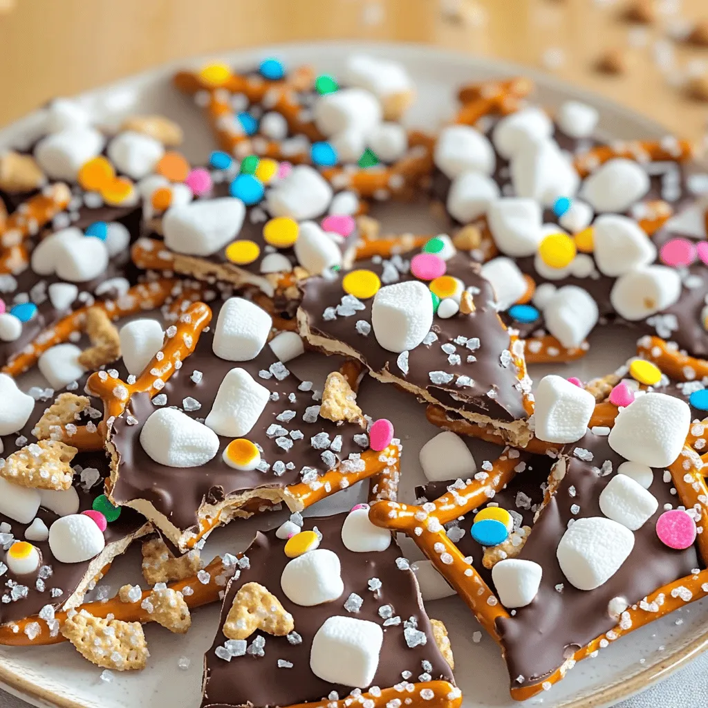 - 1 cup pretzel rods, broken into pieces - 1 cup milk chocolate chips - 1 cup white chocolate chips - 1/2 cup mini marshmallows - 1/4 cup crushed graham crackers - 1/4 cup rainbow sprinkles - Sea salt, for sprinkling Gather the ingredients before you start. This makes it easy to follow the steps. You will need pretzel rods to add that nice crunch. Milk and white chocolate chips create a sweet, creamy base. Mini marshmallows add fluffy bites, while crushed graham crackers bring a hint of pie flavor. Rainbow sprinkles give a fun pop of color. Lastly, a sprinkle of sea salt balances the sweetness. - Caramel sauce - Nuts (like pecans or almonds) - Dried fruit (like cranberries or raisins) - Peanut butter chips Consider adding caramel sauce for a rich twist. You can also add nuts for extra crunch. Dried fruit adds a chewy texture. Peanut butter chips give an extra layer of flavor. Feel free to mix and match these options! - Use gluten-free pretzels if needed. - Swap milk chocolate for dark chocolate for a richer taste. - Replace white chocolate with dairy-free chocolate chips. - Omit marshmallows for a vegan version. If you have allergies, there are easy swaps. Gluten-free pretzels work great for those avoiding gluten. Dark chocolate offers a richer flavor for chocolate lovers. Dairy-free chocolate chips are perfect for vegans. Just remove the marshmallows, and you still have a tasty treat! First, you need to get ready. Preheat your oven to 350°F (175°C). Grab a baking sheet and line it with parchment paper. This helps prevent sticking. In a big bowl, mix 1 cup of broken pretzel rods with half of the rainbow sprinkles. Spread this mix evenly on your baking sheet. This step helps create a crunchy base for your bark. Now, let’s melt the chocolate. Take a microwave-safe bowl and add 1 cup of milk chocolate chips. Heat it in the microwave for 30 seconds. Stir it well, then heat for another 30 seconds. Keep doing this until the chocolate is smooth. This method works well. After that, repeat the same steps for the white chocolate chips. Once your chocolates are melted, it’s time to assemble. Pour the milk chocolate over the pretzel layer. Spread it out so every pretzel gets coated. Next, drizzle the melted white chocolate on top. Use a knife or skewer to swirl the two chocolates together. Now, sprinkle the mini marshmallows, crushed graham crackers, and the rest of the rainbow sprinkles on top. For a fun twist, add a light sprinkle of sea salt to balance the sweetness. After this, place the baking sheet in the refrigerator. Let it chill for at least 1 hour. This helps the chocolate harden. Once set, break the bark into pieces. Enjoy your tasty treat! To melt chocolate, use a microwave-safe bowl. Microwave the chocolate in short bursts of 30 seconds. Stir well after each burst. This helps avoid burning the chocolate. If the chocolate feels too thick, add a tiny bit of vegetable oil. This will help it become smooth and shiny. When you pour melted chocolate, spread it evenly. Use a spatula to cover all the pretzels. This makes each bite feel rich and tasty. If you swirl the white chocolate in, do it gently. You want to see the mix but not lose the layers. For a lovely look, arrange the bark on a nice plate. Add a drizzle of extra melted chocolate on top. It makes the bark look fancy. You can also package pieces in clear bags with ribbons. This makes a sweet gift for friends! {{image_2}} You can change the flavors to make your bark even more fun. Try using dark chocolate or even flavored chocolate like mint or orange. You can also mix in different nuts like almonds or peanuts for extra crunch. Consider adding dried fruit, like cranberries or raisins, for a fruity kick. These changes can create a new taste for every bite. For holidays, you can give your bark a festive touch. During Halloween, add candy corn or orange sprinkles. For Christmas, use red and green sprinkles or add peppermint pieces. In the spring, pastel-colored sprinkles can brighten your bark. These small tweaks can make your treat fit any holiday theme. If you need to avoid certain ingredients, there are easy swaps. Use gluten-free pretzels to make it safe for those with gluten allergies. For a dairy-free option, try dark chocolate that is dairy-free or use carob chips. You can also skip sprinkles and use nuts or seeds for a great texture. These swaps keep your bark delicious and safe for everyone. To keep your chocolate covered pretzel bark fresh, store it in an airtight container. This will help keep the bark from getting soft. You can also layer parchment paper between pieces to prevent sticking. When stored correctly, this bark lasts up to two weeks at room temperature. For longer storage, freeze the bark. Wrap it tightly in plastic wrap and aluminum foil. It can last up to three months in the freezer. Just thaw it in the fridge before enjoying. Look for changes in texture or color. If the chocolate looks dull or has white spots, it may not taste fresh. Also, check for a stale smell or any off flavors. If you notice these signs, it’s best to toss the bark. To make Chocolate Covered Pretzel Bark, gather your ingredients first. You need broken pretzel rods, milk chocolate chips, white chocolate chips, mini marshmallows, crushed graham crackers, rainbow sprinkles, and sea salt. Start by preheating your oven to 350°F. Line a baking sheet with parchment paper. Mix pretzel pieces with half of the rainbow sprinkles. Spread this mix on the baking sheet. Melt the milk chocolate in the microwave. Pour it over the pretzel layer. Melt the white chocolate and drizzle it on top. Add mini marshmallows, graham crackers, and the rest of the sprinkles. Finish with a sprinkle of sea salt. Place it in the fridge for one hour until it sets. Yes, you can use different types of chocolate! Dark chocolate, semi-sweet chocolate, or even flavored chocolates work great. Each type will give your bark a unique taste. You can mix and match too. Just ensure you melt them separately for the best results. You can get creative with your toppings! Consider using nuts like almonds or peanuts for crunch. Dried fruits, like cranberries or cherries, can add a sweet touch. Coconut flakes or candy pieces also work well. Try adding crushed candies for a fun twist! The gluten-free status depends on the pretzels you use. Many pretzel rods contain wheat, so check the label. Look for gluten-free pretzel options at your store. The rest of the ingredients, like chocolate and toppings, are typically gluten-free. The bark takes about one hour to set in the fridge. After that, it should be firm enough to break into pieces. If you are in a hurry, you can put it in the freezer for about 30 minutes. In this blog post, I shared how to make Chocolate Covered Pretzel Bark. We covered the ingredients, steps for making it, and useful tips. I also gave ideas for fun variations and how to store your bark properly. Enjoying this treat can be easy and fun. With the right ingredients and techniques, you can create a tasty snack. Feel free to experiment with flavors and toppings. Happy snacking!