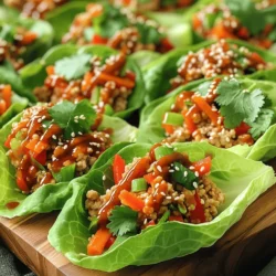 - 1 lb (450g) ground chicken - 1 tablespoon vegetable oil - 1 red bell pepper, diced - 1 cup carrots, grated - 4 green onions, chopped - 2 cloves garlic, minced - 1 tablespoon fresh ginger, grated - 1/4 cup soy sauce - 1/4 cup sweet chili sauce - 1 tablespoon rice vinegar - 1 teaspoon sesame oil - 1 head butter lettuce or iceberg lettuce, leaves separated The main ingredients are simple yet packed with flavor. Ground chicken serves as the base. It cooks quickly and absorbs the sauce well. Fresh vegetables add crunch and color to the dish. The red bell pepper and carrots bring sweetness. Green onions add a nice bite. Garlic and ginger provide aroma and depth. The sauces and seasonings elevate this dish. Soy sauce brings saltiness, while sweet chili sauce adds a sweet kick. Rice vinegar adds tang, and sesame oil introduces a nutty taste. Together, they create a balanced flavor profile. - Sesame seeds - Fresh cilantro Garnishes can make your dish pop. Sesame seeds add a nice crunch and look great. Fresh cilantro provides a burst of freshness. You can sprinkle these on right before serving. This little touch enhances the overall taste and presentation. 1. Heat a large skillet over medium heat and add one tablespoon of vegetable oil. 2. Once the oil is hot, add two cloves of minced garlic and one tablespoon of grated ginger. Sauté for about one minute until it smells great. 3. Next, add one pound of ground chicken to the skillet. Cook until it turns brown, breaking it apart with a spatula, which takes about five to seven minutes. 1. Now, it’s time to add some color! Stir in one diced red bell pepper, one cup of grated carrots, and four chopped green onions. Sauté for an additional three to four minutes until the veggies soften. 2. In a small bowl, mix together one-fourth cup of soy sauce, one-fourth cup of sweet chili sauce, one tablespoon of rice vinegar, and one teaspoon of sesame oil. 3. Pour this tasty sauce over the chicken and vegetables. Stir well and cook for another two to three minutes. This lets all the flavors blend together nicely. 1. To serve, take a leaf from a head of butter or iceberg lettuce. Spoon the chicken mixture onto the leaf. 2. For the final touch, sprinkle some sesame seeds and fresh cilantro on top. Enjoy your wraps! - Avoid overcooking ground chicken. Cook it just until it's no longer pink. This keeps it juicy. - Tips for perfect sautéing vegetables. Start with garlic and ginger. This adds a strong flavor to your dish. Use medium heat and stir often. Add vegetables in order of cooking time. Carrots take longer than bell peppers. - Best accompaniments for lettuce wraps. Serve with a side of rice or noodles. This adds heartiness to the meal. You can also add a small bowl of extra sweet chili sauce for dipping. - How to enhance presentation. Arrange wraps on a colorful platter. Drizzle any leftover sauce over them. Top with fresh cilantro and sesame seeds. This makes your dish look vibrant and appealing. - Adjusting spice levels. If you like heat, add crushed red pepper flakes. You can also use a spicier chili sauce instead of sweet chili. - Making it gluten-free. Choose tamari instead of soy sauce. This way, you can enjoy the same great taste without gluten. {{image_2}} You can change the recipe easily. Ground chicken is great, but turkey works, too. If you want a plant-based option, use tofu. Just crumble it before cooking. For veggies, you can swap the red bell pepper with cucumbers or zucchini. Try adding mushrooms for a umami kick. Each swap offers a new flavor, keeping the dish fresh. The sweet chili sauce is a star, but other sauces shine, too. You can use teriyaki sauce for a different taste. For a spicy kick, try sriracha mixed with soy sauce. You can make your own sauce at home. Combine honey, soy sauce, and chili flakes for a sweet and spicy mix. Store-bought sauces save time, but homemade gives you control over flavors. If you follow a low-carb diet, use lettuce wraps instead of tortillas. This keeps it light and fresh. For a keto version, skip the sugar in sauces. You can replace sweet chili sauce with a sugar-free version. If you want a vegan option, use mushrooms or lentils instead of meat. This way, you enjoy the same great taste while meeting your dietary needs. To keep your Sweet Chili Chicken Lettuce Wraps fresh, store them right. Use airtight containers to avoid air and moisture. This helps maintain the flavors and texture. Cool the mixture before sealing. You can keep them in the fridge for up to three days. When reheating, aim to keep the chicken moist. The best way is to use a skillet. Heat it over medium-low heat. Add a splash of water or broth to keep it juicy. Stir often until warmed through, about five minutes. Avoid the microwave if you can; it can make the chicken rubbery. If you want to prep meals, freezing is a great option. Place the chicken mixture in a freezer-safe bag. Remove as much air as possible before sealing. You can freeze it for up to three months. When you’re ready to eat, thaw it overnight in the fridge. Reheat using the skillet method for the best texture. Can I use frozen ground chicken? Yes, you can use frozen ground chicken. Just thaw it in the fridge before cooking. This keeps the meat safe and helps it cook evenly. What type of lettuce is best for wraps? Butter lettuce and iceberg lettuce work great for wraps. They are sturdy and hold the filling well. Choose the freshest leaves for the best crunch. How long do leftovers last in the fridge? Leftovers can last about 3 to 4 days in the fridge. Store them in an airtight container to keep them fresh. What is the best way to reheat lettuce wraps? Reheat the chicken filling in a skillet over low heat. Avoid reheating the lettuce. This keeps the wraps crisp and fresh. Can I skip the sesame oil? You can skip the sesame oil if you want. It adds a nutty flavor, but olive oil or canola oil works well too. What can I use instead of soy sauce? Try coconut aminos as a soy sauce substitute. It is a great option for a gluten-free diet. You can also use liquid aminos for a similar taste. This blog post covered the essentials for making delicious lettuce wraps. You learned about key ingredients like ground chicken and fresh veggies. I showed you step-by-step instructions for preparation and cooking. We explored useful tips for cooking and serving, plus variations for different diets. Remember, you can personalize these wraps to fit your taste. With proper storage, your leftovers stay fresh. Dive into making this meal and enjoy each bite!