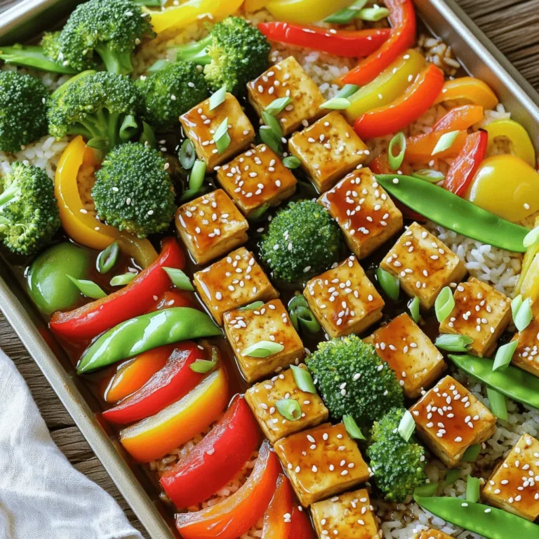 - 1 block (14 oz) firm tofu, pressed and cubed - 2 cups mixed bell peppers, sliced (red, yellow, and green) - 1 cup broccoli florets - 1 cup snap peas When making Sheet Pan Teriyaki Tofu & Veggies, the main ingredients are vital. Firm tofu gives a nice texture. It holds up well during cooking. Mixed bell peppers add color and sweetness. Broccoli florets bring a crunchy bite. Snap peas add a fresh, crisp taste. These veggies make the dish bright and fun. - 3 tablespoons soy sauce (or tamari for gluten-free) - 2 tablespoons maple syrup - 1 tablespoon sesame oil - 2 cloves garlic, minced - 1 teaspoon fresh ginger, grated The teriyaki sauce is where the magic happens. Soy sauce or tamari creates a salty base. Maple syrup adds sweetness. Sesame oil gives a nutty flavor. Garlic and ginger add depth and warmth. Together, these ingredients create a balanced sauce that coats the tofu and veggies perfectly. - 1 tsp sesame seeds, for garnish - 3 green onions, thinly sliced, for garnish Garnishes make your dish pop! Sesame seeds add crunch and a nutty taste. Green onions add a fresh bite. They enhance the look and flavor. Sprinkle them on just before serving for the best effect. 1. Preheat your oven to 400°F (200°C). Line a large sheet pan with parchment paper. This helps with easy cleanup. 2. In a bowl, whisk together the following for the teriyaki sauce: - 3 tablespoons soy sauce (or tamari for gluten-free) - 2 tablespoons maple syrup - 1 tablespoon sesame oil - 2 cloves garlic, minced - 1 teaspoon fresh ginger, grated 3. In a large mixing bowl, add 1 block of cubed firm tofu. Pour half of the teriyaki sauce over the tofu. Toss gently to coat. Let it marinate for about 10 minutes. This helps the tofu absorb the sauce. 4. On the prepared sheet pan, arrange the marinated tofu. Scatter 2 cups of sliced mixed bell peppers, 1 cup of broccoli florets, and 1 cup of snap peas around the tofu. 5. Drizzle the remaining teriyaki sauce over the veggies and tofu. Toss lightly on the sheet pan to coat everything evenly. 6. Bake in the preheated oven for about 25-30 minutes. Stir halfway through baking. This ensures even cooking. You want the tofu to be golden brown and the veggies tender. 7. Once baked, remove from the oven. Sprinkle with sesame seeds and sliced green onions for garnish. Serve the dish over cooked rice or quinoa for a complete meal. Enjoy the rainbow of flavors! Marinating tofu is key for flavor. It absorbs the teriyaki sauce and becomes delicious. I recommend marinating it for at least 10 minutes. The longer, the better! When it comes to veggies, fresh ingredients matter. Choose bright, crisp bell peppers and vibrant broccoli. Snap peas should be firm and green. This keeps the dish colorful and tasty. Pair your dish with cooked rice or quinoa. This adds a nice base and absorbs the sauce. For a pretty presentation, serve the tofu and veggies over the grains. Drizzle with extra teriyaki sauce for more flavor. A lime wedge on the side brightens the dish. Just a squeeze adds freshness! You can swap out ingredients based on what you have. Try other vegetables like carrots or zucchini. If you want a different flavor, use coconut aminos instead of soy sauce. For spice, add red pepper flakes or sriracha to the sauce. Adjust the heat to suit your taste buds! {{image_2}} To make this dish low-carb, swap out the rice or quinoa for cauliflower rice. This change lowers carbs while keeping flavors. You can also use zucchini noodles for a fun twist. For sweetness without added sugar, consider using stevia or monk fruit sweetener. These options keep your teriyaki sauce sweet and tasty. Feel free to mix up the veggies! Try carrots, asparagus, or even mushrooms. Each veggie adds its unique flavor and texture. You can also play with sauces. Add some chili paste for heat or peanut sauce for a nutty twist. Experimenting keeps your meals exciting! If you own an air fryer, you can cook the tofu and veggies in it. This method gives you a crispy finish. Just set the air fryer to 375°F (190°C) for about 15-20 minutes. Stir halfway for even cooking. You can also stir-fry the ingredients in a pan. Heat some oil, add tofu and veggies, and cook until tender. This method is quick and delicious! To store leftovers, let the dish cool first. Place the tofu and veggies in an airtight container. This helps keep the food fresh. You can store it in the fridge for up to four days. When reheating, use the microwave or oven. If using the microwave, warm it in short bursts. Stir it to heat evenly. For the oven, preheat to 350°F (175°C) and heat for about 10 minutes. This keeps the tofu crispy and the veggies tender. Yes, you can freeze this dish! Freezing helps keep it for longer. To freeze, let the dish cool completely. Place it in a freezer-safe container or bag. Make sure to remove as much air as possible. For best results, eat it within three months. This keeps the flavors and textures nice. When ready to eat, thaw it in the fridge overnight. Then, reheat it as mentioned earlier. In the fridge, this dish lasts about four days. If you freeze it, it can last up to three months. Always check for any off smells or changes in texture before eating. This ensures you enjoy your meal at its best! Is this recipe gluten-free? Yes, this recipe can be gluten-free. Use tamari instead of soy sauce. Tamari is a gluten-free option that tastes great. Can I use different types of tofu? You can use other types of tofu. Soft tofu may break apart easily. Firm or extra-firm tofu works best for this dish. How to press tofu effectively? To press tofu, wrap it in a clean towel. Place a heavy object on top. Let it sit for 15-30 minutes to remove excess water. What if I don’t have sesame oil? If you lack sesame oil, use vegetable oil or olive oil. The flavor will change a bit but still taste good. How can I tell when the tofu is done? The tofu is done when it is golden brown. It should feel firm to the touch. The veggies should be tender but still bright. Can I make this recipe ahead of time? Yes, you can prep this dish ahead of time. Marinate the tofu and chop the veggies. Store them in the fridge for up to a day before baking. In this post, I shared a simple recipe for teriyaki tofu and veggies. You learned about the key ingredients, including firm tofu and fresh vegetables. I walked you through easy steps to prepare and bake the dish. I also provided helpful tips for serving, customizing, and storing leftovers. Remember, this recipe is fun to make and easy to adapt. Enjoy trying different veggies and sauces. You can make it your own. Happy cooking!