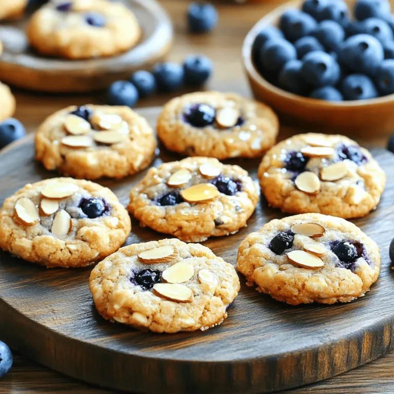 To make these tasty blueberry almond breakfast cookies, you will need: - 1 cup rolled oats - 1/2 cup almond flour - 1/2 cup whole wheat flour - 1/3 cup brown sugar - 1/2 teaspoon baking powder - 1/4 teaspoon baking soda - 1/2 teaspoon salt - 1/2 teaspoon cinnamon - 1/3 cup almond butter - 1/4 cup honey or maple syrup - 1 large egg - 1 teaspoon vanilla extract - 1 cup fresh or frozen blueberries - 1/4 cup sliced almonds (for topping) You can easily swap some ingredients if needed: - Almond flour: Use all-purpose flour or oat flour for a different taste. - Brown sugar: You can use coconut sugar for a lower glycemic option. - Almond butter: Peanut butter works well and gives a rich flavor. - Honey or maple syrup: Agave syrup is a great vegan substitute. - Egg: Use a flaxseed egg (1 tablespoon flaxseed meal + 2.5 tablespoons water) for a vegan option. Each cookie offers a balanced mix of nutrients. Here is a rough estimate per cookie: - Calories: 120 - Protein: 3g - Carbohydrates: 18g - Fiber: 2g - Sugar: 5g - Fat: 5g These cookies are a great way to start your day or enjoy as a snack. They pack wholesome ingredients to keep you fueled! To start making your blueberry almond breakfast cookies, gather all your ingredients. You will need rolled oats, almond flour, whole wheat flour, brown sugar, baking powder, baking soda, salt, cinnamon, almond butter, honey or maple syrup, a large egg, vanilla extract, blueberries, and sliced almonds. Make sure to measure everything out before you begin. This helps keep the process smooth and fun. 1. Preheat your oven to 350°F (175°C). Line a baking sheet with parchment paper. This helps the cookies not stick. 2. In a large bowl, mix the rolled oats, almond flour, whole wheat flour, brown sugar, baking powder, baking soda, salt, and cinnamon. Stir well until you see no lumps. 3. In another bowl, whisk the almond butter, honey or maple syrup, egg, and vanilla extract. Keep whisking until it is smooth. 4. Pour the wet mix into the dry mix. Stir until everything is combined. Be sure there are no dry spots left. 5. Gently fold in your blueberries. Try not to crush them; we want them whole. 6. Use a tablespoon to scoop the dough onto your prepared baking sheet. Space each scoop 2 inches apart. This allows them room to spread. 7. Flatten each scoop a little. This helps them bake evenly. 8. Sprinkle sliced almonds on top of each cookie for added crunch. 9. Bake for 12-15 minutes. You want the edges to be lightly golden. 10. After baking, let the cookies cool on the sheet for 5 minutes. Then, move them to a wire rack to cool completely. - Make sure your oven is fully preheated. This helps cookies bake evenly. - Use fresh blueberries if you can. They add bright flavor. - Do not overmix the dough after adding blueberries. This helps keep them intact. - Monitor baking time closely. Every oven is different, so check for doneness early. - For added sweetness, drizzle honey on top before serving. To keep your cookies fresh, store them in an airtight container. You can use a cookie jar or a plastic bag. Place a piece of bread in the container. This simple trick helps keep the cookies soft. The bread adds moisture, so your cookies stay chewy and delicious. For soft cookies, do not overbake them. Take them out when the edges are light brown. They will continue to cook on the baking sheet. You can also use almond butter in place of some butter. This keeps the cookies moist and adds great flavor. Mixing in blueberries gently also helps keep them soft. To make these cookies more ADA-friendly, consider using gluten-free oats and flour. You can swap almond flour for a nut-free option like sunflower seed flour. Using honey or maple syrup is a good choice for natural sweetness. Always check labels to ensure all ingredients suit your dietary needs. {{image_2}} To make gluten-free blueberry almond breakfast cookies, swap out the whole wheat flour. Use a gluten-free flour blend instead. Make sure the oats are labeled gluten-free as well. This change keeps the cookies tasty and safe for those with gluten sensitivities. You can boost your cookies with fun add-ins. Try adding 1/4 cup of chopped nuts, such as walnuts or pecans. Chocolate chips are another great option. Use dark chocolate chips for a rich flavor. Mix and match to find your favorite combination! Want to spice things up? Add 1/4 teaspoon of nutmeg for warmth. You can also mix in a pinch of ginger for a zingy touch. For a sweet twist, consider adding 1/2 teaspoon of almond extract. These small changes can create unique flavors that delight. To keep your blueberry almond breakfast cookies fresh, store them in an airtight container. This helps keep moisture out and prevents them from getting stale. Place a piece of wax paper between layers if you stack them. You can also add a slice of bread in the container. The bread keeps cookies soft by adding moisture. When stored properly, these cookies can last about a week at room temperature. If you want them to last longer, consider refrigeration. In the fridge, they stay good for about two weeks. Just remember to bring them to room temperature before enjoying. To freeze your cookies, let them cool completely first. Then, place them in a single layer on a baking sheet and freeze for a few hours. Once frozen, transfer them to a zip-top bag. You can freeze them for up to three months. When you're ready to eat, just thaw them at room temperature or warm them in the oven. Enjoy your cookies fresh anytime! Yes, you can use frozen blueberries. They work great in this recipe. Just add them straight from the freezer. This way, you won’t have to thaw them, which can make them mushy. Frozen blueberries are often picked at their peak ripeness, so they taste just as good. To make these cookies healthier, try these tips: - Use less sugar. Reduce brown sugar by a few tablespoons. - Swap honey for a natural sweetener like agave or stevia. - Use whole grain flour instead of white flour. - Add seeds like chia or flax for added fiber and nutrients. - Replace almond butter with a nut or seed butter that has no added sugar. If you need a substitute for almond butter, try these options: - Peanut butter works well and adds a different flavor. - Sunflower seed butter is a great nut-free choice. - Cashew butter has a creamy texture and mild taste. - You can even use soy nut butter if you want a nut-free option. Each of these will change the taste a bit, so choose what you like best. In this post, we explored cookie-making from ingredients to storage tips. I shared a full list of ingredients, key substitutions, and nutritional info. You learned step-by-step baking instructions, along with tips for soft cookies and ADA-friendly options. We discussed variations, like gluten-free versions and flavorful add-ins. Finally, I covered storage practices to keep your cookies fresh. Now, you have the tools to bake perfect cookies. Enjoy experimenting with flavors and techniques. Your cookie journey starts now!