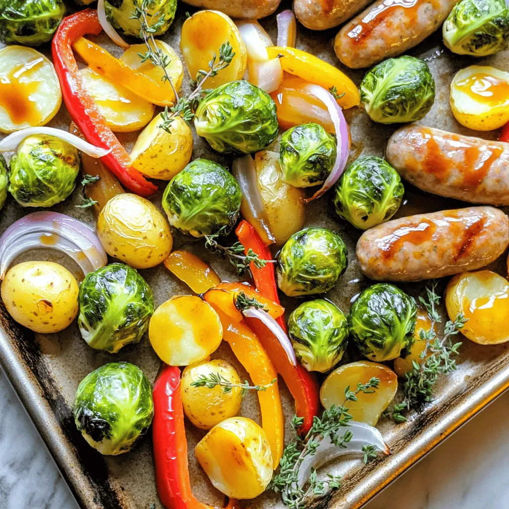 - 1 lb chicken or turkey sausages, sliced into rounds - 2 cups Brussels sprouts, halved - 2 cups baby potatoes, halved or quartered - 1 red bell pepper, cut into bite-sized pieces - 1 red onion, cut into wedges - 3 tablespoons olive oil - 2 tablespoons maple syrup - 2 tablespoons Dijon mustard - 1 teaspoon garlic powder - 1 teaspoon dried thyme - Salt and pepper to taste Using fresh ingredients makes a big difference in taste. Choose colorful veggies for a vibrant dish. When slicing sausages, aim for even rounds. This helps them cook evenly and look nice. Cut Brussels sprouts in half to expose their inner leaves. For baby potatoes, cut them into similar sizes, so they cook at the same rate. The red bell pepper adds sweetness. Cut it into bite-sized pieces to blend well with the other veggies. The red onion gives flavor, so cut it into wedges for easy roasting. Get ready to enjoy a meal that’s easy to make and full of flavor! First, preheat your oven to 425°F (220°C). Line a large baking sheet with parchment paper. This step helps with easy cleanup and prevents sticking. Next, take a large mixing bowl. Add the sliced chicken or turkey sausages, halved Brussels sprouts, and baby potatoes. Then, toss in the red bell pepper pieces and red onion wedges. Mixing these veggies with the sausage ensures even cooking and great flavor. In a small bowl, combine three tablespoons of olive oil, two tablespoons of maple syrup, and two tablespoons of Dijon mustard. This mix brings a sweet and tangy flavor to your dish. Now add one teaspoon of garlic powder, one teaspoon of dried thyme, and salt and pepper to taste. Stir everything until well combined. This sauce will coat the sausage and veggies perfectly. Pour the maple-Dijon sauce over the sausage and vegetables in your bowl. Toss everything together until all pieces are well coated. This step is key for flavor. Spread the mixture in a single layer on your prepared baking sheet. This allows everything to roast evenly. Roast in the preheated oven for 25-30 minutes. Stir the mixture halfway through cooking. This helps ensure even roasting and browning. The sausages should be fully cooked, and the veggies should be tender and slightly caramelized. Enjoy the delicious aroma filling your kitchen! To get that nice, caramelized look, spread the mixture evenly on the pan. This helps all the pieces cook well. If the pieces touch, they might steam instead of roast. For roasting times, keep an eye on your dish. Usually, 25 to 30 minutes works great. Stir halfway through to ensure even cooking. Serve the dish straight from the sheet pan for a casual vibe. It looks inviting and saves on dishes! If you want to impress, transfer it to a large platter. Garnish with fresh thyme or parsley for a pop of color and taste. Feel free to swap out veggies based on what you have. Carrots, zucchini, or broccoli can all work well. If you want a vegan option, try using plant-based sausages. This way, everyone can enjoy the dish. You can also add different spices to match your taste. {{image_2}} You can switch up the protein in this dish. If you don’t have chicken or turkey sausages, try pork or beef sausages. They add a different flavor and texture. You can also use plant-based sausages for a vegetarian option. Look for brands with good taste and texture. They work well in the same way as meat sausages. The veggies you use can change with the seasons. In spring, add asparagus or snap peas for freshness. Summer is great for zucchini or corn. In fall, consider butternut squash or carrots. During winter, root veggies like parsnips or turnips shine. You might need to adjust cooking times. Harder vegetables take longer to cook, while softer ones cook faster. Just keep an eye on them as they roast. You can give this dish a new twist with spices or sauces. Try adding paprika for a smoky flavor or red pepper flakes for heat. If you prefer a different sweetness, swap maple syrup with honey or agave syrup. Each choice changes the taste and brings a new vibe. Feel free to experiment with any flavor you enjoy! After you enjoy your Sheet-Pan Maple Dijon Sausage & Veggies, cool any leftovers. Place them in airtight containers. This helps keep the flavors fresh. Store them in the refrigerator for up to four days. If you want to keep them longer, you can freeze them. They will stay good in the freezer for about three months. To reheat, you can use the oven or microwave. In the oven, preheat to 350°F (175°C). Spread the leftovers on a baking sheet. Heat for about 15-20 minutes until warm. This method keeps the texture nice. If you use the microwave, place a portion in a bowl. Cover it with a lid and heat for 1-2 minutes. Stir halfway through to ensure even warmth. You can freeze this dish before or after cooking. If freezing before cooking, prepare everything as you normally would. Place the uncooked mixture in a freezer-safe bag or container. Squeeze out the air and seal it. For freezing after cooking, let the dish cool first. Then, pack it into an airtight container. To thaw, place it in the fridge overnight. Reheat as mentioned above for the best results. Yes, you can use many types of sausages. Try pork, beef, or vegetarian options. Each type adds a unique taste. If you want a smoky flavor, go for kielbasa. For a spicy kick, use chorizo. You can even try apple or herb sausages for a twist. Just remember to adjust cooking times if the sausage type differs. This recipe can be made gluten-free. Choose gluten-free sausages and check your mustard label for gluten. Most Dijon mustard is gluten-free, but it’s best to confirm. Use fresh veggies and olive oil, which are naturally gluten-free. This way, everyone can enjoy this tasty dish! To add heat, try several methods. You can sprinkle red pepper flakes over the veggies and sausages. Another option is to mix a bit of hot sauce into the maple-Dijon sauce. If you love jalapeños, toss some in before roasting. Taste as you go, and adjust to your spice level! This blog post detailed a simple and delicious sheet pan recipe. We discussed the main ingredients like chicken sausages and Brussels sprouts. I shared preparation notes and step-by-step instructions for a perfect roast. You learned tips for great flavor and how to customize the dish. Remember, fresh ingredients make a big difference. Enjoy experimenting with flavors and have fun in the kitchen. You can make this recipe your own!