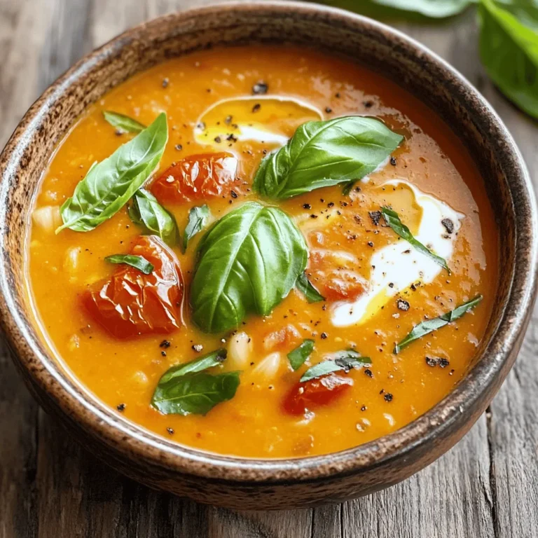 To make this tasty roasted garlic tomato soup, you will need: - 6 large ripe tomatoes, quartered - 1 whole bulb of garlic - 1 medium onion, diced - 2 tablespoons olive oil - 4 cups vegetable broth - 1 teaspoon dried basil - Salt and pepper to taste - 1 tablespoon balsamic vinegar - Fresh basil leaves for garnish - A dollop of crème fraîche or yogurt for serving (optional) Each ingredient plays a key role in making this soup delicious. The ripe tomatoes bring sweetness and a bright flavor. Garlic adds a rich, savory depth. Onions provide a nice base with their sweetness when cooked. Olive oil offers a smooth texture and a hint of fruitiness. The vegetable broth brings everything together, while dried basil gives an earthy note. Finally, balsamic vinegar adds a tangy twist. You can change some ingredients if needed. Here are a few ideas: - Tomatoes: You can use canned tomatoes instead of fresh. - Garlic: If you don’t have fresh garlic, garlic powder works in a pinch. - Onion: Shallots make a great swap for onion. - Olive oil: Any neutral oil can work, like canola or avocado oil. - Vegetable broth: Chicken broth is a good choice if you want a different flavor. Feel free to get creative with what’s in your kitchen! This soup is not just tasty; it has health perks too: - Tomatoes are full of vitamins C and K. They help your skin and support heart health. - Garlic is known for its immune-boosting properties. It may lower blood pressure. - Onions have antioxidants and can help reduce inflammation. - Olive oil is a good source of healthy fats and can support heart health. - Basil contains antioxidants and can help with digestion. Enjoying this soup means you are eating well while savoring rich flavors! First, gather your ingredients for the roasted garlic tomato soup. You will need: - 6 large ripe tomatoes, quartered - 1 whole bulb of garlic - 1 medium onion, diced - 2 tablespoons olive oil - 4 cups vegetable broth - 1 teaspoon dried basil - Salt and pepper to taste - 1 tablespoon balsamic vinegar - Fresh basil leaves for garnish - A dollop of crème fraîche or yogurt for serving (optional) Next, preheat your oven to 400°F (200°C). This step gets your oven ready for the tomatoes and garlic. Then, on a baking sheet, arrange the quartered tomatoes and the garlic cloves from the bulb. Leave the skins on the garlic. Drizzle with 1 tablespoon of olive oil. Sprinkle salt and pepper over everything. Toss gently to coat the tomatoes and garlic. Now, roast the tomatoes and garlic in the oven for about 30-35 minutes. You want the tomatoes to caramelize and the garlic to become soft. The smell will fill your kitchen with a warm aroma. While they roast, heat the remaining tablespoon of olive oil in a large pot over medium heat. Add the diced onion and sauté for about 5-7 minutes until they turn translucent. This adds a nice flavor base for your soup. Once the tomatoes and garlic are done roasting, carefully add them to the pot. Squeeze the roasted garlic out of its skins and into the pot. It will blend nicely with the tomatoes and onions. Pour in the vegetable broth and add the dried basil. Bring the mixture to a simmer. Cook for about 10 minutes to let the flavors mix well. Now it's time to blend. Use an immersion blender to puree the soup until it is smooth. If you don’t have one, you can carefully transfer it to a regular blender in batches. Finally, stir in the balsamic vinegar. Taste and adjust the seasoning with salt and pepper if needed. Serve the soup hot. Garnish with fresh basil leaves and a dollop of crème fraîche or yogurt, if you like. Enjoy your warm, comforting bowl of roasted garlic tomato soup! To get the best flavor, start by using ripe tomatoes. Their sweetness shines when roasted. Cut them into quarters and place them on a baking sheet. Remove the garlic cloves from the bulb, keeping the skins on. This will keep the garlic sweet and mild. Drizzle with olive oil, and add salt and pepper. Roast at 400°F for 30-35 minutes. This caramelizes the tomatoes and softens the garlic. You can boost the soup's taste with fresh herbs. Try adding some thyme or oregano along with dried basil. A splash of balsamic vinegar at the end adds depth. If you like a little heat, sprinkle in some red pepper flakes. This contrast makes the soup more exciting. Serve your soup hot, garnished with fresh basil leaves. A dollop of crème fraîche or yogurt offers a creamy touch. For a complete meal, pair it with crusty bread. You could also serve it with a simple salad. This adds color and freshness to your meal. Enjoy! {{image_2}} To make this soup creamy, add dairy or a dairy-free option. After blending, stir in: - 1 cup of heavy cream - OR 1 cup of coconut milk for a vegan choice This makes the soup rich and smooth. The cream softens the strong garlic and tomato taste. You can also top it with a swirl of cream for a nice look. If you love heat, spice it up! Here are a few ways to add some kick: - Add 1 teaspoon of red pepper flakes when cooking the onions. - Stir in 1 diced jalapeño with the tomatoes and garlic before roasting. This gives the soup a warm flavor that tingles your taste buds. Adjust the spice level to fit your taste. This soup is already vegan and gluten-free! To keep it that way, just follow the recipe as is. Use vegetable broth, and skip any dairy toppings. Instead, try these ideas: - Use a spoonful of avocado for creaminess. - Top with toasted pumpkin seeds for crunch. These twists keep the soup light and healthy while still tasting great! Enjoy exploring these variations to find your favorite. To store leftover roasted garlic tomato soup, let it cool first. Then, transfer it to an airtight container. This soup keeps well in the fridge for about 3 to 5 days. Make sure to seal it tightly to lock in the flavor. You can freeze the soup for longer storage. Pour the cooled soup into freezer-safe bags or containers. Leave some space at the top for expansion. It can last up to 3 months in the freezer. When you're ready to eat, just thaw it in the fridge overnight. Reheat the soup on the stove over low heat. Stir it often to prevent burning. If it thickens too much, add a splash of vegetable broth or water. For a quick option, use the microwave. Heat in short bursts, stirring in between, until warmed through. Yes, you can use canned tomatoes in this recipe. Canned tomatoes save time and still taste great. Choose whole or diced tomatoes for the best flavor. Drain and rinse them before adding to the pot. The soup will still be delicious! To thicken the soup, you have a few options. You can add a bit of cornstarch mixed with water. Another method is to stir in some cooked rice or quinoa. You can also blend in some extra roasted tomatoes. Each option gives you a rich and thick soup. This soup pairs well with many sides. Grilled cheese sandwiches are a classic choice. You can also serve it with crusty bread for dipping. A fresh salad adds nice crunch and freshness. You might even enjoy some crispy croutons on top! This blog post covered delicious ways to make roasted garlic tomato soup. We explored key ingredients and their health perks. You learned step-by-step instructions for great results. I shared tips for perfect roasting and tasty variations to try. Finally, you can store leftovers easily and reheat them well. Enjoying this soup can be simple and fun. I hope you feel inspired to make it your own!