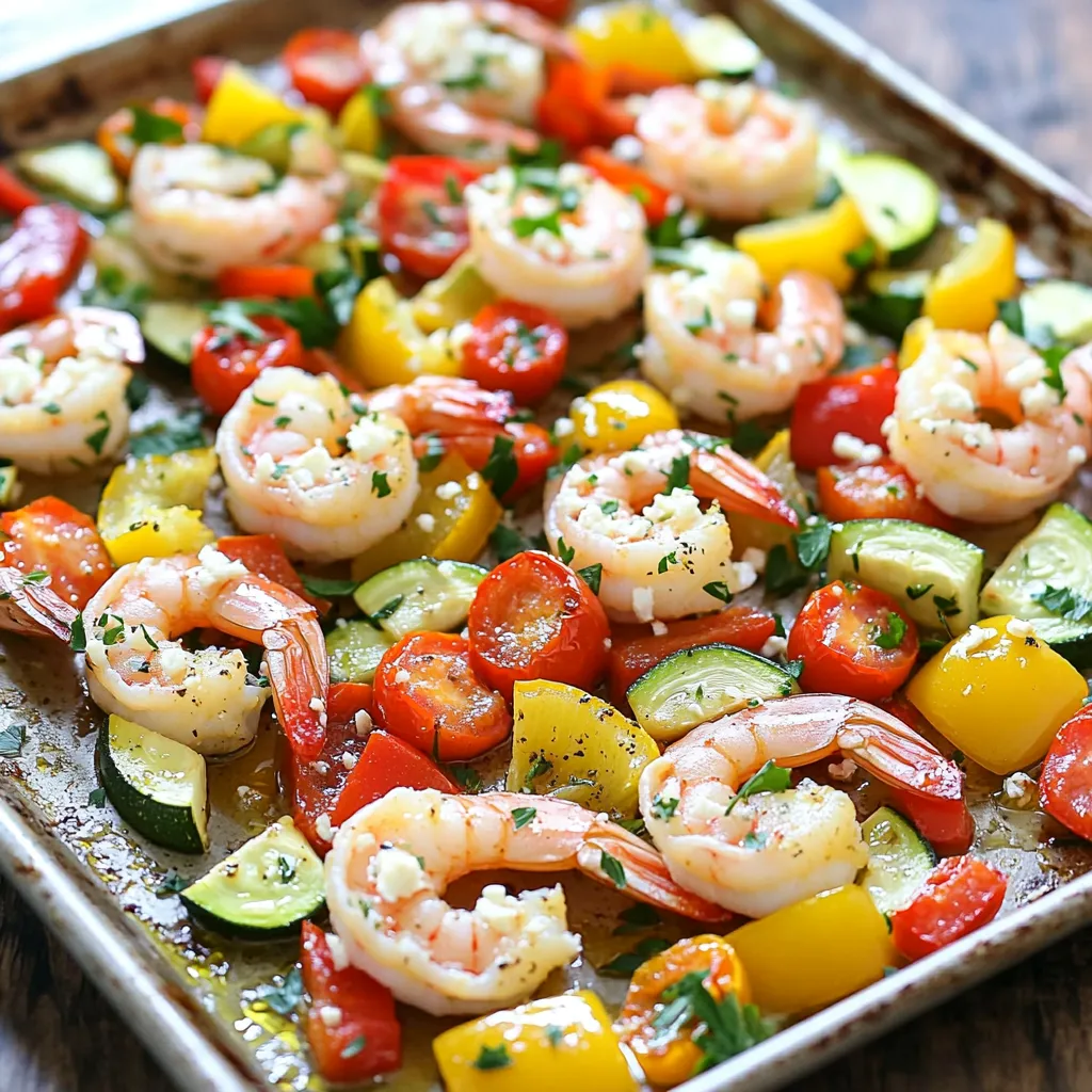 - 1 pound large shrimp, peeled and deveined - 1 red bell pepper, chopped - 1 yellow bell pepper, chopped - 1 zucchini, sliced - 1 red onion, cut into wedges - 2 cups cherry tomatoes, halved - 4 cloves garlic, minced - 1 teaspoon dried oregano - 1 teaspoon dried thyme - 1 teaspoon paprika - 1/4 teaspoon red pepper flakes (optional) - 3 tablespoons olive oil - Juice of 1 lemon - Salt and pepper to taste - 1/4 cup crumbled feta cheese - Fresh parsley for garnish How do I select fresh shrimp? Choose shrimp that smell clean and fresh. Look for shells that are shiny and firm. The meat should be translucent, not cloudy. Why use fresh vegetables and herbs? Fresh veggies and herbs add great taste and nutrition. They make the dish colorful and vibrant. Always pick the freshest options available at your market. Preheating your oven to 400°F (200°C) is key. It ensures even cooking. If your oven is not hot enough, the shrimp will not cook well. The veggies may turn mushy instead of tender. Getting this right sets you up for a tasty meal. Start with a large bowl. Combine the shrimp, chopped bell peppers, zucchini, red onion, cherry tomatoes, and minced garlic. Next, drizzle in olive oil and squeeze the lemon juice over the mix. Add oregano, thyme, paprika, and if you like some heat, sprinkle in red pepper flakes. Season with salt and pepper. Toss everything well so all ingredients get coated. This step is vital for great flavor. Spread the shrimp and veggie mix on a large sheet pan. Make sure not to overcrowd the pan. Overcrowding makes it hard for the heat to cook everything evenly. Bake for 12-15 minutes. You want the shrimp to be pink and opaque. The veggies should be tender but still crisp. After that, sprinkle the crumbled feta on top. Return to the oven for another 3-5 minutes to warm the cheese. Keep an eye on it so it doesn't burn. This final touch adds a creamy, salty flavor that enhances the dish. You can adjust spices to fit your taste. If you love heat, add more red pepper flakes. Like it milder? Skip the flakes or reduce them. Consider using fresh herbs like oregano or thyme instead of dried ones. Fresh herbs will give a brighter flavor. You can also try dill or basil for a unique twist. To make shrimp tender, do not overcook them. Bake just until they turn pink and opaque. This usually takes about 12-15 minutes. For crunchy veggies, cut them into even pieces. This helps them cook consistently. Also, do not overcrowd the sheet pan. Give them space to roast evenly. You can serve the dish right from the sheet pan. It looks rustic and inviting. If you want a fancier touch, transfer it to a large platter. Drizzling extra lemon juice before serving adds freshness. For a pop of color, sprinkle fresh parsley on top. A little feta cheese also makes the dish look beautiful and tasty. {{image_2}} If you want to swap shrimp, you have many options. Tofu works great for a vegetarian choice. It soaks up flavors well. You can also use chicken or another type of fish. Chicken should be cut into bite-sized pieces. For fish, a white fish like cod is a nice choice. For a vegetarian meal, think about adding more fresh veggies. Try broccoli, asparagus, or squash. These veggies add color and taste. You can mix and match based on what you like! To change the flavor, think about adding different herbs or spices. Basil and dill pair well with this dish. You can also try cumin or coriander for a warm taste. A sprinkle of lemon zest lifts the flavor, too. Adding toppings can make it even better. Consider olives for a salty bite. Sliced avocado adds creaminess and healthy fats. You can also sprinkle some crushed red pepper for heat. Using seasonal vegetables is a fun way to keep this dish fresh. In summer, add zucchini or eggplant. In fall, think about using Brussels sprouts or butternut squash. Seasonal veggies can change the taste and look of your meal. Check your local market for what’s in season. This not only supports local farmers but also gives you the freshest flavors. You can easily switch your recipe based on what you find! To keep your leftovers fresh, store them in the fridge. Use airtight containers to avoid spills. This helps keep the shrimp and veggies from drying out. Let the dish cool before sealing it. This keeps moisture from building up. When reheating, the oven works best. Set it to 350°F (175°C). Place the dish in a baking pan. Heat for about 10 minutes. This keeps the shrimp tender and the veggies crunchy. If you use a microwave, do it in short bursts. Heat for 30 seconds. Stir in between to avoid hot spots. You can freeze leftovers for later. First, let them cool completely. Then, place them in freezer-safe bags. Remove as much air as possible before sealing. This prevents freezer burn. You can keep them for up to three months. When ready to eat, thaw in the fridge overnight before reheating. Cooking shrimp on a sheet pan usually takes about 12 to 15 minutes. The shrimp cook fast because they are thin. Make sure to watch them closely. The veggies need about the same time. They should be tender but still bright in color. Yes, you can use frozen shrimp. Just make sure to thaw them first. You can do this by placing them in cold water. It takes about 15 to 20 minutes. Once they are thawed, peel and devein them if needed. The cooking time stays the same. You can serve this dish with many sides. Here are some great ideas: - Rice or quinoa for a filling base. - A fresh green salad for a light touch. - Pita bread to soak up the juices. - Tzatziki sauce for a cool dip. Shrimp is cooked when it turns pink and opaque. It should also curl into a C shape. If it stays straight or forms an O, it may be overcooked. Perfectly cooked shrimp feels firm to the touch but not hard. This recipe for sheet-pan Greek shrimp and veggies is easy and fun. You learned about key ingredients, preparation tips, and step-by-step instructions. The variations let you cater the dish to your taste. Remember, fresh shrimp and veggies make a big difference. Try different herbs to keep it exciting. Follow the storage tips to enjoy leftovers later. With these methods, you'll create a tasty meal every time. Get cooking and share your delicious results!