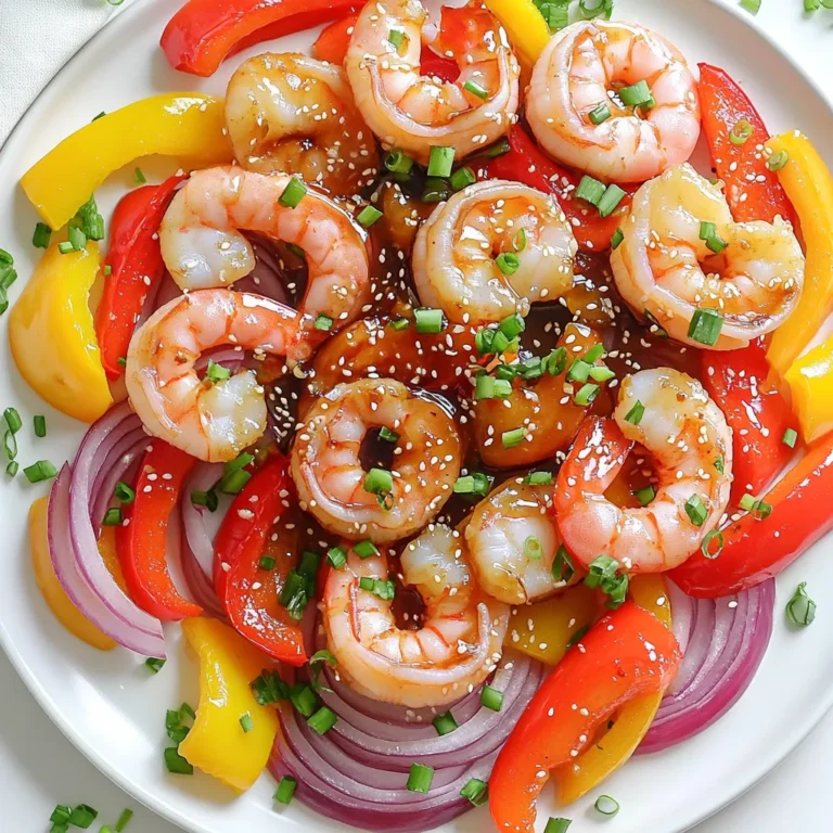 - 1 lb large shrimp, peeled and deveined - 2 bell peppers (red and yellow), sliced - 1 medium red onion, sliced - 4 cloves garlic, minced - 1/4 cup honey - 3 tablespoons soy sauce (low-sodium) - 2 tablespoons olive oil - 1 teaspoon fresh ginger, grated - 1/2 teaspoon red pepper flakes (adjust for spice) - Salt and pepper to taste - Chopped green onions and sesame seeds for garnish This dish starts with fresh ingredients. You want large shrimp, easy to find at the store. Look for shrimp that are firm and smell clean. Next, bell peppers add color. I like using red and yellow for a sweet taste. Use a medium red onion for a mild flavor. Garlic brings a strong aroma. Four cloves minced will make your kitchen smell amazing. Honey is key for sweetness. It balances the salty soy sauce. You can use low-sodium soy sauce to keep it light. Olive oil adds richness. Fresh ginger gives a warm kick. Red pepper flakes add heat, but feel free to adjust it. Salt and pepper enhance all the flavors. Finally, for garnish, you can use chopped green onions and sesame seeds. They add a nice crunch. With these ingredients, you set the stage for a simple and tasty meal. 1. First, preheat your oven to 400°F (200°C). This sets the perfect heat for cooking. 2. Next, line a large baking sheet with parchment paper. This helps with easy cleanup and prevents sticking. 1. In a medium bowl, whisk together the honey, soy sauce, minced garlic, olive oil, grated ginger, red pepper flakes, and a pinch of salt and pepper. This sauce gives the shrimp and veggies a sweet and savory taste. 1. In a large bowl, combine the shrimp, sliced bell peppers, and sliced red onion. 2. Pour the honey garlic sauce over the shrimp and veggies. Toss everything until it’s nicely coated. This step makes sure every bite is full of flavor. 3. Spread the shrimp and vegetable mixture in a single layer on the prepared baking sheet. Make sure they have space to cook evenly. 1. Bake in the preheated oven for 15-20 minutes. The shrimp should turn pink and the veggies should be tender. 2. Stir the mixture halfway through cooking. This helps everything roast evenly. Enjoy the delightful aroma as it fills your kitchen! How to choose fresh shrimp Look for shrimp that smell clean, like the ocean. Fresh shrimp should have a firm texture. The shells should be shiny and moist, not dry or discolored. If the shrimp are sold with heads, they should be bright and clear. Choose large shrimp for the best bite. Optimal baking tips for even cooking Spread shrimp and veggies in a single layer on the baking sheet. This helps everything cook evenly. Stir halfway through to ensure all pieces get nice and roasted. Bake at 400°F for 15-20 minutes until shrimp turns pink. Suggestions for spice adjustment If you like more heat, add extra red pepper flakes. You can also try a dash of cayenne for a kick. For milder flavor, reduce the red pepper flakes or leave them out. Adjust to your taste. Garlic and ginger benefits Garlic adds flavor and can boost your immune system. Ginger brings warmth and aids digestion. Both add depth to the dish and make it more exciting. Their bright flavors balance the sweetness of honey nicely. Complementary side dishes Serve with jasmine rice or quinoa for a complete meal. Steamed broccoli or green beans pair well too. You can also add a fresh salad for crunch and color. Presentation tips Garnish with chopped green onions and sesame seeds for a pop of color. Serve in a large bowl or on a platter to share. This makes the dish look inviting and delicious. Enjoy the vibrant colors and fresh aromas! {{image_2}} You can easily swap vegetables. Try zucchini, broccoli, or snap peas for a twist. These choices add unique flavors and textures. You can also replace honey with maple syrup or agave nectar. Both options keep the dish sweet and enjoyable. To make this meal gluten-free, use a gluten-free soy sauce. This small change keeps the flavor while meeting dietary needs. If you're on a low-carb diet, skip the honey or use a low-calorie sweetener. This keeps the carbs low without losing taste. If you prefer cooking on the stovetop, heat a skillet over medium heat. Cook the shrimp and veggies until the shrimp turn pink. This method gives you a nice sear. For grilling, thread shrimp and peppers onto skewers. Grill for about 6-8 minutes, turning until cooked through. This method adds a smoky flavor that’s simply delicious. To keep your honey garlic shrimp fresh, store leftovers in the fridge. Use an airtight container to prevent moisture loss. This helps keep the shrimp juicy. Make sure to cool the dish before sealing it. For freezing, place the shrimp and veggies in a freezer-safe bag. Remove as much air as possible. This prevents freezer burn and keeps flavors intact. Reheat the shrimp and peppers gently to maintain their texture. The best method is using the microwave. Heat in short bursts, about 30 seconds, and stir in between. You can also reheat in a skillet on low heat. Add a splash of water to help steam the shrimp and veggies. This keeps them moist and tasty. In the fridge, your dish stays good for about 3 days. If frozen, it lasts up to 3 months. However, for the best taste, eat it within a month. Always check for off smells or changes in color before eating leftovers. Yes, you can use frozen shrimp. Just thaw them before cooking. Place the shrimp in cold water for about 15 minutes. This helps them defrost quickly. Pat them dry before adding to the dish. This will keep the sauce from becoming too watery. You can serve honey garlic shrimp with rice or noodles. Both absorb the sauce well. Steamed vegetables also make a nice side. Try a fresh salad for crunch. You can also serve it with crusty bread to soak up extra sauce. Shrimp are fully cooked when they turn pink. They should also curl into a C shape. If they remain gray or turn too tightly, they might be overcooked. Use a meat thermometer; shrimp should reach 120°F. Yes, you can prep this dish ahead. Mix the shrimp and veggies in the sauce. Store them in the fridge for up to 2 hours. This helps the flavors meld. Just bake them when you are ready to serve for a quick meal. Store leftover shrimp in an airtight container. They last about 2-3 days in the fridge. For longer storage, freeze them in a freezer-safe bag. Label the bag with the date. Shrimp can be frozen for up to 3 months. In this blog post, we explored a simple honey garlic shrimp recipe. We covered essential ingredients, preparation steps, and baking instructions. I shared cooking tips to help you choose fresh shrimp and enhance flavor. You can also customize the dish with ingredient swaps and dietary modifications. Remember to store leftovers properly for great taste later. By following these steps and tips, you'll create a tasty meal. Enjoy cooking and experimenting with this dish!