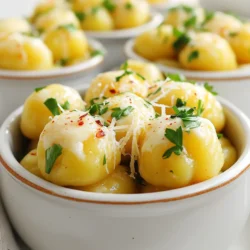 - Gnocchi options: You can use store-bought or homemade gnocchi. Store-bought saves time. Homemade gives a fresh taste. Both work well, but I prefer homemade for taste. - Choosing the right type of butter: Use unsalted butter. It lets you control the salt. Look for quality butter with a creamy texture for the best flavor. - Selecting the best garlic and Parmesan cheese: Fresh garlic gives a strong flavor. Use four cloves for a bold taste. For cheese, choose a good quality grated Parmesan. It should be rich and nutty, adding depth to the dish. Start by filling a large pot with water. Add a good amount of salt to it. This step adds flavor to the gnocchi. Bring the water to a rolling boil. It should bubble vigorously. Once boiling, add the gnocchi. Follow the package instructions, usually around 2-3 minutes. Watch closely. The gnocchi will float when cooked. This means they are ready. Use a slotted spoon to transfer them to a skillet. Don’t drain them; keep some water for the sauce. While the gnocchi cooks, heat a large skillet over medium heat. Add 4 tablespoons of unsalted butter. Let it melt slowly. You must keep an eye on it to avoid burning. Once the butter is melted, add 4 cloves of minced garlic. Sauté the garlic for 1-2 minutes. It should smell amazing but not turn brown. This step infuses the butter with rich flavor. Now, combine the cooked gnocchi into the skillet. Use your slotted spoon for this. Gently toss the gnocchi in the garlic butter. Make sure they coat well for about 1 minute. Next, sprinkle in 1/2 cup of grated Parmesan cheese. Toss everything together until the cheese is melted and creamy. For a little heat, add 1/4 teaspoon of red pepper flakes. Season the dish with salt and pepper to taste. Now, take it off the heat. Finally, garnish with fresh chopped parsley. This adds a pop of color and freshness. Your Minute Garlic Parmesan Gnocchi is now ready to serve! - Avoiding mushy gnocchi: To stop gnocchi from becoming mushy, do not overcook it. Follow the package instructions closely. When they float to the surface, they are ready. Remove them quickly to keep their texture. - Ensuring a creamy sauce: To make a creamy sauce, use fresh grated Parmesan cheese. Mix it in just after adding the gnocchi to the skillet. This allows the cheese to melt and coat the gnocchi evenly. - Multitasking in the kitchen: While the gnocchi cook, prepare your garlic butter sauce. Melt the butter and sauté the garlic at the same time. This saves time and keeps everything fresh. - Using frozen gnocchi for speed: If you are in a hurry, use frozen gnocchi. They cook quickly and save prep time. Just add them to boiling water straight from the freezer. - Best side dishes to pair with gnocchi: A simple side salad works well. The freshness of greens balances the rich flavors of the gnocchi. You can also serve it with garlic bread for a comforting meal. - Creative ways to enhance the flavor profile: Add fresh herbs like basil or parsley on top for color and taste. A sprinkle of red pepper flakes gives a nice kick. You can also drizzle a bit of olive oil for extra richness. {{image_2}} You can change up the taste of your gnocchi easily. Adding fresh herbs like basil or thyme brightens the dish. Just chop them finely and stir them in at the end. You can also toss in colorful veggies like spinach or cherry tomatoes. This adds nutrition and makes your meal more vibrant. While Parmesan is great, feel free to swap it out. Try using mozzarella or pecorino for a new twist. If you need a dairy-free option, look for vegan cheese that melts well. Nutritional yeast is another great choice. It gives a cheesy flavor without dairy. Don’t limit yourself to garlic butter. You can mix gnocchi with pesto or marinara for a different taste. For added protein, pair it with shrimp or grilled chicken. This not only boosts flavor but also makes your meal more filling. To keep your gnocchi fresh, store it in an airtight container. Place it in the fridge. It stays good for 2 to 3 days. After that, the texture may change. If you see any signs of spoilage, throw it away. To reheat gnocchi, use a skillet. Heat it on low and add a splash of water. This helps keep the gnocchi soft. For the garlic butter sauce, add a bit more butter. This refreshes the flavor and keeps it creamy. Stir gently to warm it up without burning. You can freeze cooked gnocchi for later. First, let it cool completely. Then, spread it out on a baking sheet. Once frozen, transfer it to a freezer bag. When you're ready to eat, thaw it in the fridge overnight. Cook it in boiling water for a few minutes to heat through. Making Minute Garlic Parmesan Gnocchi is quick. The total time is about 15 minutes. - Prep time: 5 minutes - Cook time: 10 minutes Start by boiling salted water. Cook the gnocchi for 2-3 minutes. While they cook, prepare the garlic butter sauce. This balance keeps the meal fast and fresh. Yes, you can make this recipe dairy-free. Use dairy-free butter for cooking. For cheese, try nutritional yeast or a dairy-free cheese. These options work well and keep the flavor nice. If you can't find gnocchi, don't worry! You can use other pasta types. Small pasta shapes like shells or orzo work great. You can also make your own gnocchi at home. Just use potatoes, flour, and a bit of salt. This gives you a fun cooking project and tasty results! Making Minute Garlic Parmesan Gnocchi is fun and simple. We explored the essential ingredients, from gnocchi choices to selecting butter, garlic, and cheese. The step-by-step guide helped you cook perfectly textured gnocchi, whip up a rich garlic butter sauce, and plate it beautifully. We also shared tips for a creamy sauce, quick cooking hacks, and creative serving ideas. Now you can enjoy delicious gnocchi, customize it, and easily store or reheat leftovers. Dive into this dish and impress your friends. Happy cooking!