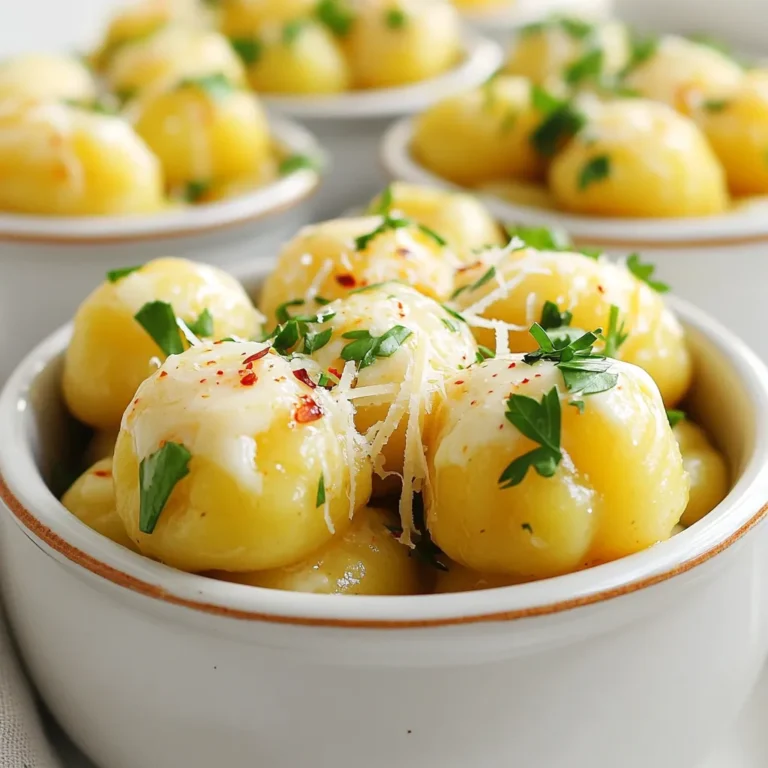 - Gnocchi options: You can use store-bought or homemade gnocchi. Store-bought saves time. Homemade gives a fresh taste. Both work well, but I prefer homemade for taste. - Choosing the right type of butter: Use unsalted butter. It lets you control the salt. Look for quality butter with a creamy texture for the best flavor. - Selecting the best garlic and Parmesan cheese: Fresh garlic gives a strong flavor. Use four cloves for a bold taste. For cheese, choose a good quality grated Parmesan. It should be rich and nutty, adding depth to the dish. Start by filling a large pot with water. Add a good amount of salt to it. This step adds flavor to the gnocchi. Bring the water to a rolling boil. It should bubble vigorously. Once boiling, add the gnocchi. Follow the package instructions, usually around 2-3 minutes. Watch closely. The gnocchi will float when cooked. This means they are ready. Use a slotted spoon to transfer them to a skillet. Don’t drain them; keep some water for the sauce. While the gnocchi cooks, heat a large skillet over medium heat. Add 4 tablespoons of unsalted butter. Let it melt slowly. You must keep an eye on it to avoid burning. Once the butter is melted, add 4 cloves of minced garlic. Sauté the garlic for 1-2 minutes. It should smell amazing but not turn brown. This step infuses the butter with rich flavor. Now, combine the cooked gnocchi into the skillet. Use your slotted spoon for this. Gently toss the gnocchi in the garlic butter. Make sure they coat well for about 1 minute. Next, sprinkle in 1/2 cup of grated Parmesan cheese. Toss everything together until the cheese is melted and creamy. For a little heat, add 1/4 teaspoon of red pepper flakes. Season the dish with salt and pepper to taste. Now, take it off the heat. Finally, garnish with fresh chopped parsley. This adds a pop of color and freshness. Your Minute Garlic Parmesan Gnocchi is now ready to serve! - Avoiding mushy gnocchi: To stop gnocchi from becoming mushy, do not overcook it. Follow the package instructions closely. When they float to the surface, they are ready. Remove them quickly to keep their texture. - Ensuring a creamy sauce: To make a creamy sauce, use fresh grated Parmesan cheese. Mix it in just after adding the gnocchi to the skillet. This allows the cheese to melt and coat the gnocchi evenly. - Multitasking in the kitchen: While the gnocchi cook, prepare your garlic butter sauce. Melt the butter and sauté the garlic at the same time. This saves time and keeps everything fresh. - Using frozen gnocchi for speed: If you are in a hurry, use frozen gnocchi. They cook quickly and save prep time. Just add them to boiling water straight from the freezer. - Best side dishes to pair with gnocchi: A simple side salad works well. The freshness of greens balances the rich flavors of the gnocchi. You can also serve it with garlic bread for a comforting meal. - Creative ways to enhance the flavor profile: Add fresh herbs like basil or parsley on top for color and taste. A sprinkle of red pepper flakes gives a nice kick. You can also drizzle a bit of olive oil for extra richness. {{image_2}} You can change up the taste of your gnocchi easily. Adding fresh herbs like basil or thyme brightens the dish. Just chop them finely and stir them in at the end. You can also toss in colorful veggies like spinach or cherry tomatoes. This adds nutrition and makes your meal more vibrant. While Parmesan is great, feel free to swap it out. Try using mozzarella or pecorino for a new twist. If you need a dairy-free option, look for vegan cheese that melts well. Nutritional yeast is another great choice. It gives a cheesy flavor without dairy. Don’t limit yourself to garlic butter. You can mix gnocchi with pesto or marinara for a different taste. For added protein, pair it with shrimp or grilled chicken. This not only boosts flavor but also makes your meal more filling. To keep your gnocchi fresh, store it in an airtight container. Place it in the fridge. It stays good for 2 to 3 days. After that, the texture may change. If you see any signs of spoilage, throw it away. To reheat gnocchi, use a skillet. Heat it on low and add a splash of water. This helps keep the gnocchi soft. For the garlic butter sauce, add a bit more butter. This refreshes the flavor and keeps it creamy. Stir gently to warm it up without burning. You can freeze cooked gnocchi for later. First, let it cool completely. Then, spread it out on a baking sheet. Once frozen, transfer it to a freezer bag. When you're ready to eat, thaw it in the fridge overnight. Cook it in boiling water for a few minutes to heat through. Making Minute Garlic Parmesan Gnocchi is quick. The total time is about 15 minutes. - Prep time: 5 minutes - Cook time: 10 minutes Start by boiling salted water. Cook the gnocchi for 2-3 minutes. While they cook, prepare the garlic butter sauce. This balance keeps the meal fast and fresh. Yes, you can make this recipe dairy-free. Use dairy-free butter for cooking. For cheese, try nutritional yeast or a dairy-free cheese. These options work well and keep the flavor nice. If you can't find gnocchi, don't worry! You can use other pasta types. Small pasta shapes like shells or orzo work great. You can also make your own gnocchi at home. Just use potatoes, flour, and a bit of salt. This gives you a fun cooking project and tasty results! Making Minute Garlic Parmesan Gnocchi is fun and simple. We explored the essential ingredients, from gnocchi choices to selecting butter, garlic, and cheese. The step-by-step guide helped you cook perfectly textured gnocchi, whip up a rich garlic butter sauce, and plate it beautifully. We also shared tips for a creamy sauce, quick cooking hacks, and creative serving ideas. Now you can enjoy delicious gnocchi, customize it, and easily store or reheat leftovers. Dive into this dish and impress your friends. Happy cooking!